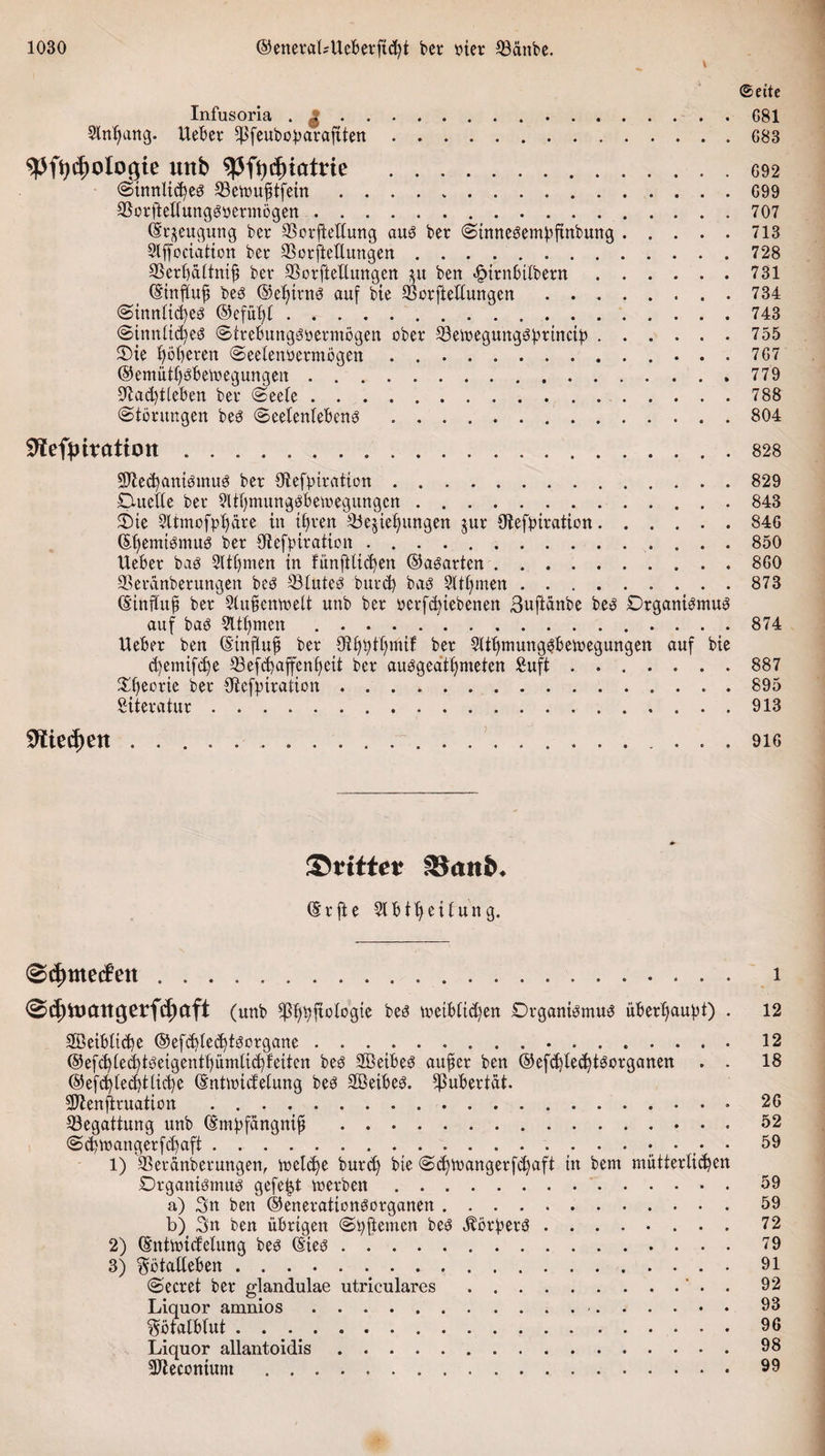 „ V (Seite Infusoria . |. 681 5lni)ang. UeBer ^feuboparaftten.683 spf^ologie unb spfyrfnatrie .692 Sinniges 33emuf}tfetn . . . . *.699 SSorfteEungSoermögen.707 (Erzeugung ber SScrfteEung aus bet Sinnesempfinbung.713 Slffociatton bet* 93orfteEungen.728 SSerüaltnif ber SSorfteEungen $u ben £trnBtlbern.731 ©influf bes @ef)ttnS auf bie 23orfteEungen.734 Sinnliches ©efüfE . .v.743 Sinnliches StreBungsoermögen ober E3emegungSpttnctp.755 Oie höheren Seelenperntögen. 767 ©emütt)SBemegungen.779 9iad)t[eBen ber (Seele.788 (Storungen bes Seelenlebens.804 9teftn?atton .. 828 Sftedjanismuä ber Otefpiratton.829 OueEe ber 9lthmungsBemegungctt. 843 Ote Sltmofphare in ihren Beziehungen jur Otefpiration.846 ©hemtsmus ber Olefpiration. 850 UeBer bas Slthmen in fünftlidjen ©aparten.860 Beranberungen bes Stuten burd) bas §(tt)men. 873 (Einfluß ber Stußentoelt uttb ber perf^iebenen ßufiänbe bes Organismus auf bas Sltfymett ......874 UeBer ben (Einfluß ber 9if)ptf)mif ber 5ttf)mungsBetoegungen auf bie chemifdje Befchaffenheit ber ausgeatf)meten Suft.887 Sdjeorie per Otefpiration.895 Literatur.913 9lied)en ... . . 9ic ©rittet* 33att&amp;* CSrfte 5lBtl)eilung. @4)me&lt;fett. i @c|)toan9etfcf)Ctft (unb ^ffpftoiogte bes metBlid)en Organismus überhaupt) . 12 EBeiBltche ©efdjledjtsorgane . . .. 12 @efd)(ed}tseigentl)ümlid)feifen bes EöeiBes auf er ben ©efchlethtSorganen . . 18 ©efd}ted?tlicpe (Entmidelung bes EöeiBes. BuBertät. Sftenjiruatton . ..26 Begattung unb (Empfängniß .52 Schmangerfdjaft.;,*,*• ^9 1) Beränberungen, meldje burd) bie Sd)tt&gt;angerfd)aft in bent mütterlichen Organismus gefegt merben. 59 a) 3n ben ©enerationSorganen.59 b) 3n ben übrigen Spftemen bes Körpers.72 2) (Entmidelung bes (Eies. 79 3) ^BtaEeBen.91 Secret ber glandulae utriculares.. . 92 Liquor amnios.-.93 ^ötalblut.96 Liquor allantoidis.98 3Jleconium.99