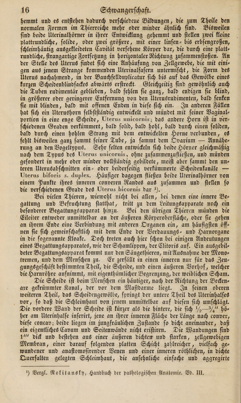 hemmt unb es entfielen baburch oerfcht'ebene Btlbungen, bte %um ZtyeiU ben normalen gornten tm Xfymtity mehr ober ntütber ftnb. Bisweilen ftnb beibe Uterütalhörner in t'hrer (Entwtcflung gehemmt unb ftetten z*oei fleine plattrunbliche, foXtbe, ober zwei größere, mit einer Xtnfen= bis erbfengroßen, fchletmhäutig auSgeflet'beten (Eaoität oerfehene Körper bar, bte burch eine platt* runbliche, ßrangartigegortfe§ung in horizontalerSftichtung zufammenßoßen. 2üt ber ©teile beS Uterus ftnbet ßch etne Anhäufung oon S^ttgemebe, bte mit eint* gen aus jienem ©trange Fommenben Uterütalfafern untermtfcht, bte gorm beS Uterus nadmtjmenb, tn ber Bauchfellbuplicatur ftdj bis auf baS ©ewölbe eines furzen ©cheibenblt'nbfacfeS abwärts erßrecft. ©leichzeitig ßnb gewöhnlich auch bte Ouben rubimentär geblieben, baXb festen fte ganz, halb enbtgen fte blt'nb, tu größerer ober geringerer (Entfernung oon ben UteruSrubimenten, baXb fenfen fte mit blt'nben, halb mit offenen (Enben in bt'efe ßch ein. 3« anberen gatten hat ftch ein UteruShorn felbßßänbt'g entwickelt unb münbet mit feiner Bagütal* Portion in etne enge ©djet'be, Uterus unicornis; baS anbere §orn iß in obr* fcht'ebenen ©raben oerlümmert, baXb folt'b, halb hohl, halb burch einen foltben, halb burch einen ^o^ten ©trang mit bem entwickelten £orne oerbunben, eS fe^Xt bisweilen ganz fammt feiner Oube, j[a fammt bem Ooart'um — Sütnähe* rung an benBogeltppuS. ©ehr fetten entwickeln ßch bet'be^brner gleichmäßig nach bem OppuS beS Uterus unicornis, ohne jufammenjuftießen, unb münben gefonbert in mehr ober ntütber ooflßättbig gebitbete, meiffc aber fammt ben un* teren UteruSabfchnitten ein- ober bet'berfet'tt'g oerfümmerte ©cheibenFanäle — Uterus biforis s. duplex. Jpäuftger bagegen fließen beibe Uiertnalhönter oon einem fünfte ihres inneren conoeren 9tanbeS aus jufammen unb jtetten fo bie oerfcht'ebenen ©rabe beS Uterus bicornis bar 1). Bei ot'eten ^^Xerett, wiewohl nic^t bet alten, bei benen eine innere Be* gattung unb Befruchtung ßatthat, tritt $u bem £eitungSapparate noch ein befonberer Begattungsapparat hütju. Bet ben übrigen £tnmn münben bie (Eileiter entweber unmittelbar an ber äußeren ^örperoberfläche, ober fte gehen an ihrem (Enbe eine Berbütbung mit anberen Organen ein, am häußgßen öff¬ ne« fte ßch gemeinfchafttt'ch mit bem (Enbe ber BerbauungS* unb £&gt;arnorgane in bie fogenannte StloaFe. Ooch treten auch W* f$on bei einigen ^tnbeutungen eines Begattungsapparates, wie ber ©chamlt'ppen, ber (EtitoriS auf. (Ein auSgebil* beter Begattungsapparat fomrnt nur ben©äugetht'eren, mitSlitSnahme ber Biono* tremen, unb bem Btaßhen ju. (Er gerfäXtt in einen inneren nur für baS 3eu* gungSgefchäft beßimmten Ohc*l, bie©chet'be, unb einen äußeren Borhof, melier bie Harnröhre aufnimmt, mit eigenthümticher Begrenzung, ber weiblichen ©chant. Oie ©(^eibe iß beim Bienfcfjen ein häutiger, nach ber Bietung ber Becken* are gefrümmter $anal, ber oor bem Biaßbarme liegt. 3« feinen oberen weiteren Ohetl, baS ©chetbengewölbe, fprt'ngt ber untere Oh eil beS UterinhalfeS oor, fo baß bie ©chleimhaut oon jenem unmittelbar auf bt'efen ßch umfchlägt. Ote oorbere SEßanb ber (Scheibe iß fürder als bie hintere, bie fich %—% tw* her am Utert'nhalfe inferirt, jene an ihrer inneren glädje ber £änge nach conoer, biefe concao; beibe liegen im jungfräulichen 3«ßnnbe fo bicht aneütanber, baß etn eigentliches (Eaoum unb ©eitemoänbe nicht ert'ßiren. Oie Bknbungen ßnb l/;/ bict unb beßehen aus einer äußeren bitten unb ßarfen, jettgewebtgen Biembran, einer barauf folgenbett platten ©cht'^t zahlreicher, ot'elfach ge* wunbener unb anaßomoßrenber Benen unb einer inneren rötlichen, in btchte Ouerfalten gelegten ©chleimhaut, bie anfefmliche einfache unb aggregirte l) Bergl. üanSfp, ^anbbuch ber pathologifdjen Anatomie. Bb. III.