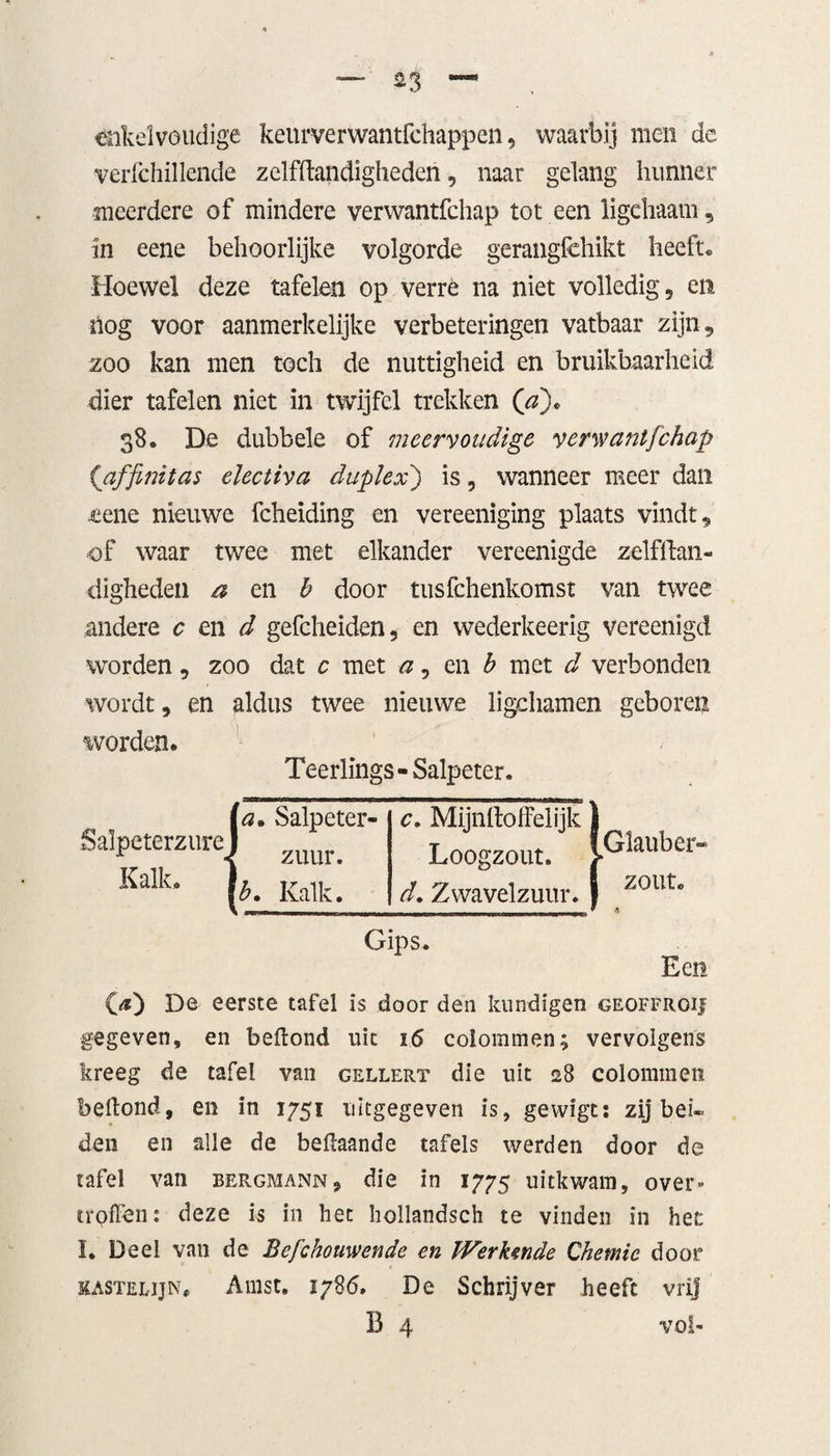 enkelvoudige keurverwantfchappen, waarbij men de verlcbillende zelfftandighederi, naar gelang hunner meerdere of mindere verwantfchap tot een ligehaam, in eene behoorlijke volgorde gerangfehikt heeft. Hoewel deze tafelen op verre na niet volledig 5 en ilog voor aanmerkelijke verbeteringen vatbaar zijn, zoo kan men toch de nuttigheid en bruikbaarheid dier tafelen niet in twijfel trekken (a)» 38. De dubbele of meervoudige verwantfchap ('affinitas electiva duplex) is, wanneer meer dan mie nieuwe fcheiding en vereeniging plaats vindt, of waar twee met elkander vereenigde zelfftan- digheden a en b door tusfehenkomst van twee andere c en d gefcheiden, en wederkeerig vereenigd worden, zoo dat c met a, en b met d verbonden wordt, en aldus twee nieuwe ligchamen geboren worden. Teerlings - Salpeter. Glauber¬ zout. $ Gips. Een (a) De eerste tafel is door den kundigen geoffroij gegeven, en beftond uit 16 colommen; vervolgens kreeg de tafel van gellert die uit 28 colommen belfond, en in 1751 uitgegeven is, gevvigt: zij beff den en alle de beflaande tafels werden door de tafel van bergmann, die in 1775 uitkwam, over¬ troffen: deze is in het hollandsch te vinden in het I. Deel van de Be/chouwende en Werkende Chemie door KASTELijN* Amst. 1786. De Schrijver heeft vrij B 4 vol- Salpeterzure Kalk. a> Salpeter- c. Mijnftoffelijk zuur. Loogzout. b. Kalk. d. Zwavelzuur. j