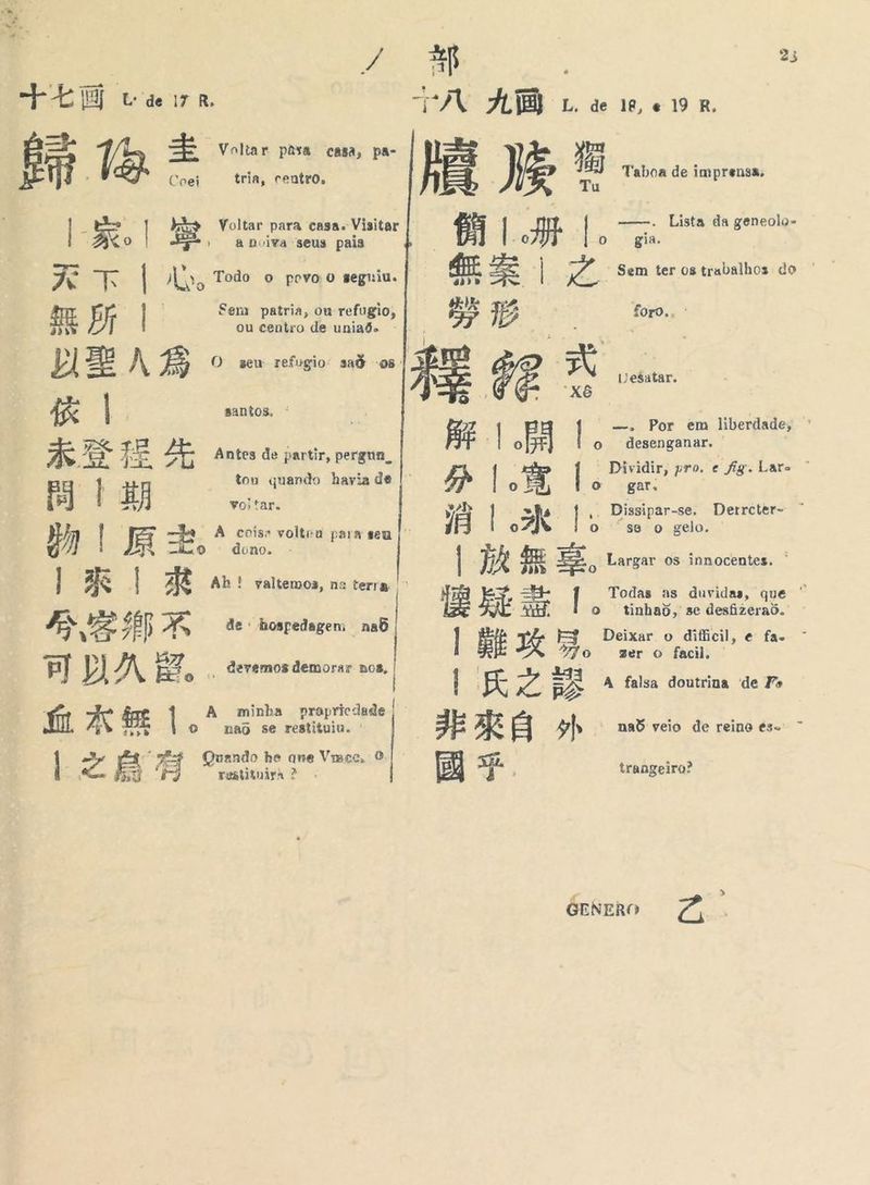 于 七 夯 tar Em 1&amp;: | “Bro | 天 下 | À Todo o povo O seguiu. RR do apo dou” LIEE À Es O aew refugio: sad os: | 未 登 Te a Antes de partir, pergun, t do havia de Eq | E 期 ou quando havia bn |, = Voltar pasa casa, pa- Coei tria, centro, Voltar para casa. Visitar a noiva seus pais santos, votar. À cois: volteu para seu de hospedagem nad de vês PED 2 可 VA [A | devemos demorar nos, fi AE 1。 ZE nad se restituiv. ' Quando he a Vmee, O reatituira ? 让 Ad: L. de 18, e 19 R. pes Jg Hg Taboa de imprensa; Tu o RR |, 环  做 点 o» JE foro; “HER RE E, re 055, 冰 dm me Largar 08 innocentes. dé Jo REM 吻 。 人 FERA 外 E gar. Dissipar-se, Derrcter- se o gelo. 分 | | Li EE HE | ca | A falsa doutrina de 7 nad veio de reino és. trangeiro? > Fast GENERO