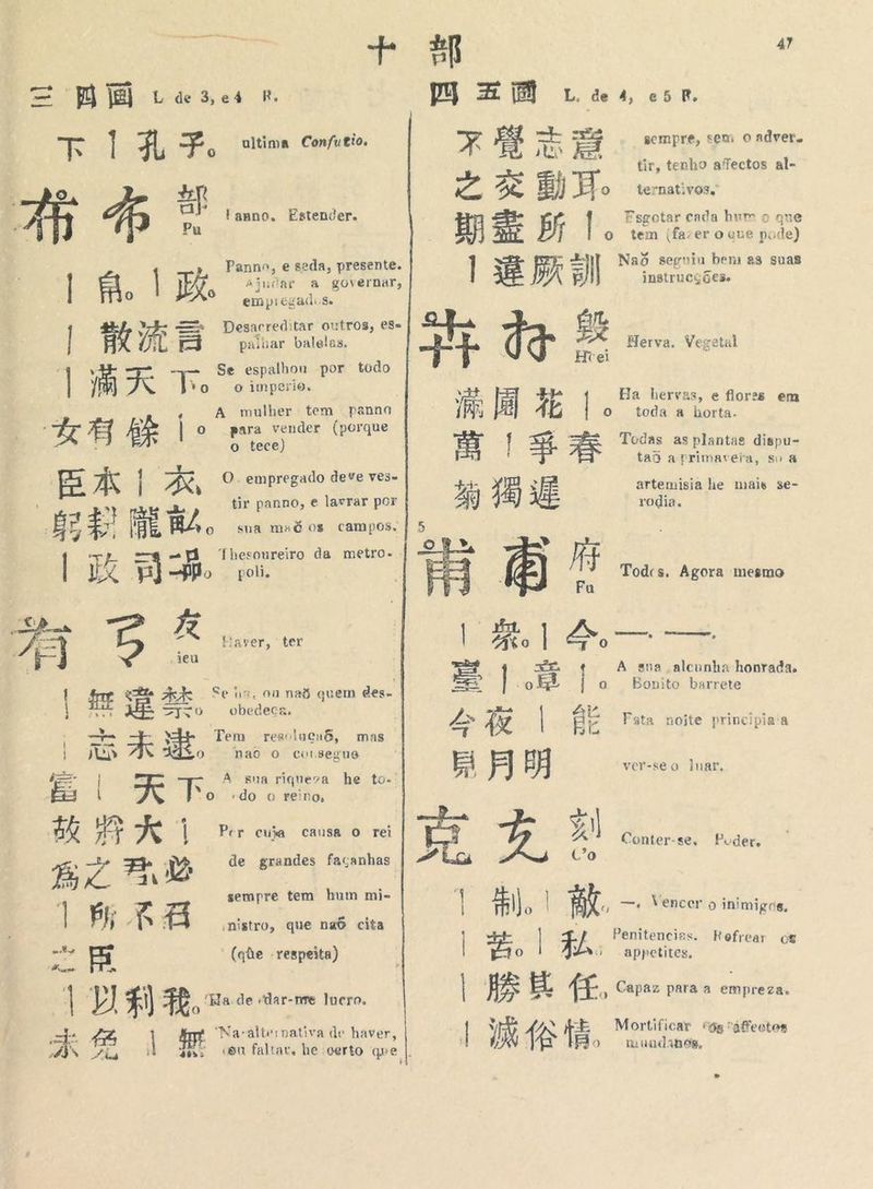 BE L de3e4 R. po 五 jm L. de 4, es R. 下 ] 妃 子 。 ultima Confutio. E E) E = sempre, sem o adver. tir, tenho afectos al- 部 es Er Hi) Ho ternativos, E - 3 o tem (fa: er o que pode) Panno, e seda, presente. ] 3 A 5) Naj seguiu bem es suas | Ho | ZA ajudar a governar, E jnstrucçõe empregados. Vs ==» Desacreditar outros, es Es RL, 流 ES paibar balelas. 十 十 ta * Herva. Vegetal Hei 1 ca 天 E Se espalhou por todo YR) o o imperio. var E 3 pa AR eg A mulher tem panna fis 2 4 化 | o toda a horta. a” y 4 j 4 o ara vender (porque BH Er | 5 tece) pai Es] f E ; Todas as plantas dispu- tad a primavera, su &amp; E 本 | ENA O. empregado deve ves- 区 dm E artemisia he mais se- tir panno, e lavrar por rodia. , > eds HE E! HE B4. sua ma6 os campos. e Sie, Thesonreiro da metro- ) É EX E) Sp o - poli. Todcs. Agora mesmo Ka e ar, 1 De 一 = | 2 qt Asnaialcunhahonrada。 经 E E Ade Ses, ou nad quem ees- EPE okê | o Bonito barrete zo obedeca, &amp; DS de AZ | él Fata nojte principia'a Es A = Tem resoluçaõ, mas E Ta o nao o corsegue H x ver-seo luar. | 下 A sna riqueza he to.: | o do o reino, da 故 ad = , Per cuxa Causa O Tei 更 友 ， A) Conter-se, Puder DA . de grandes façanhas A Co 3h Bic A | 1 Fi A a sempre tem hum mi- 1 Jo | [0 du Mo ais 4 Rd ad nistro, que na6 cita Ei Pd | a | EM Penitencias. Refrear 08 a =] “(que respeita) o appetites, | 55) 逢 我 。 'Ela-de “dar-me lucro. a E fE, RN = 6 | E “Naralternativa de haver, RAS E Mortificar “og áffeotos eo CR | sm: «ou faltar, he certo que |. Fo mundanos, HI El se e » Lá