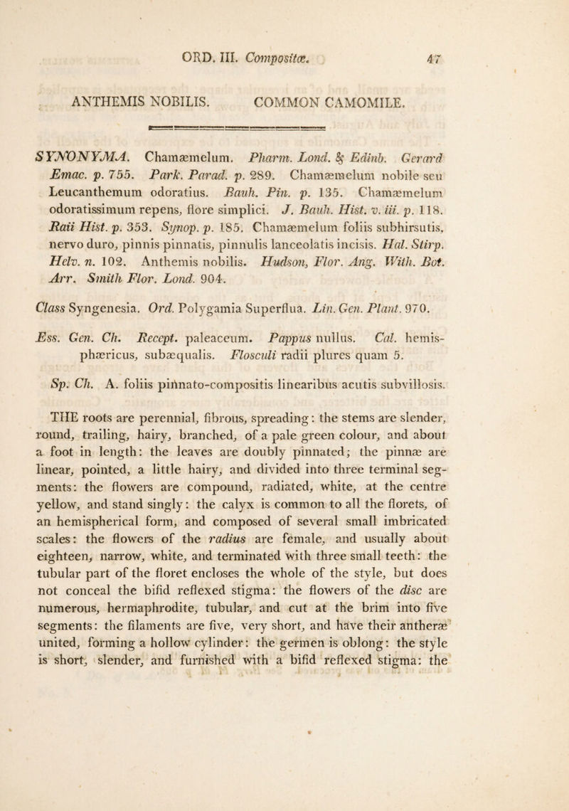 ANTHEMIS NOBILIS. COMMON CAMOMILE, SYNONYMA. Chamsemelum. Pharm. Lond. $ Edinb. Germ'd Emac. p. 755. Park. Parad. p. 289, Chamsemelum nobile sen Leucanthemum odoratius. Bauh. Pin. p. 135. Chamsemelum odoratissimum repens, flore simplici. J. Bauh. Hist. v. iii. p. 118. JRaii Hist. p. 353. Synop.p. 185. Chamsemelum foliis subhirsutis, liervo duro, pinnis pinnatis, pinnulis lanceolatis incisis. Hal. Stirp. Helv. n. 102. Anthemis nobilis. Hudson, Flor. Ang. With. Bot. Arr. Smith Flor. Lond. 904. Class Syngenesia. Ord. Polygamia Superflua. Lin. Gen. Plant. 970. Ess. Gen. Ch. Reccpt. paleaceum. Pappus null us. Cal. hemis- phsericus, subsequalis. Flosculi radii plures quam 5. Sp. Ch. A. foliis pirtnato-compositis linearibus acutis subvillosis. THE roots are perennial^ fibrous^ spreading: the stems are slender, round, trailing, hairy, branched, of a pale green colour, and about a foot in length: the leaves are doubly pinnated; the pinnse are linear, pointed, a little hairy, and divided into three terminal seg¬ ments: the flowers are compound, radiated, white, at the centre yellow, and stand singly: the calyx is common to all the florets, of an hemispherical form, and composed of several small imbricated scales: the flowers of the radius are female, and usually about eighteen, narrow, white, and terminated with three small teeth: the tubular part of the floret encloses the whole of the style, but does not conceal the bifid reflexed stigma: the flowers of the disc are numerous, hermaphrodite, tubular, and cut at the brim into five segments: the filaments are five, very short, and have their antherae united, forming a hollow cylinder: the germen is oblong: the style is short, slender, and furnished with a bifid reflexed stigma: the