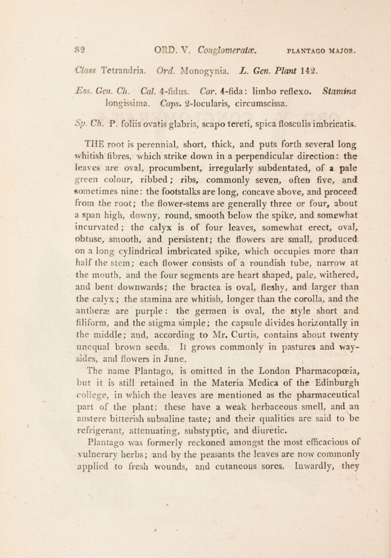 J « S3 ORD. V. Conglomerate?. plantaco major. Class Tetrandria. Ord. Monogynia, L. Gen. Plant 143. Ess. Gen. Ch. Cal. 4-iidus. Cor. 4-fida: limbo reflexo. Stamina longissima. Caps. 3-locularis, circumscissa. Sp. Ch. P. foliis ovatis glabris, scapo tereti, spica flosculis imbricatis. THE root is perennial, short, thick, and puts forth several long whitish fibres, which strike down in a perpendicular direction: the leaves are oval, procumbent, irregularly subdentated, of a pale green colour, ribbed; ribs, commonly seven, often five, and sometimes nine: the footstalks are long, concave above, and proceed from the root; the flower-stems are generally three or four, about a span high, downy, round, smooth below the spike, and somewhat incurvated; the calyx is of four leaves, somewhat erect, oval, obtuse, smooth, and persistent; the flowers are small, produced on a long cylindrical imbricated spike, which occupies more than half the stem; each flower consists of a roundish tube, narrow at the mouth, and the four segments are heart shaped, pale, withered, and bent downwards; the bractea is oval, fleshy, and larger than the calyx; the stamina are whitish, longer than the corolla, and the an therm are purple: the germen is oval, the style short and filiform, and the stigma simple; the capsule divides horizontally in the middle; and, according to Mr. Curtis, contains about twenty unequal brown seeds. It grows commonly in pastures and way- sides, and flowers in June. The name Plantago, is omitted in the London Pharmacopoeia, but it is still retained in the Materia Medica of the Edinburgh college, in which the leaves are mentioned as the pharmaceutical part of the plant: these have a weak herbaceous smell, and an austere bitterish subsaline taste; and their qualities are said to be refrigerant, attenuating, substyptic, and diuretic. Plantago was formerly reckoned amongst the most efficacious of vulnerary herbs; and by the peasants the leaves are now commonly applied to fresh wounds, and cutaneous sores. Inwardly, they