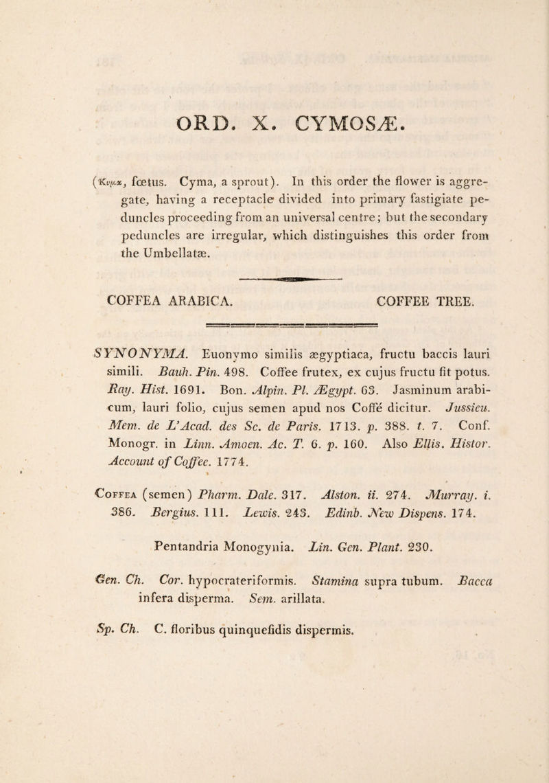 ('Kv^Xj foetus. Cyma, a sprout). In this order the flower is aggre¬ gate, having a receptacle divided into primary fastigiate pe¬ duncles proceeding from an universal centre; but the secondary peduncles are irregular, which distinguishes this order from the Umbellatas. COFFEA ARABICA. COFFEE TREE. SYNONYMA. Euonvmo similis aegyptiaca, fructu baccis lauri simili. Banh. Pin. 498. Coffee frutex, ex cujus fructu fit potus. Ray. Hist. 1691. Bon. Alpin. PL /Egypt. 63. Jasminum arabi- cum, lauri folio, cujus semen apud nos Coffe dicitur. Jussieu. Mem. de L’Acad. des Sc, de Paris. 1713. p. 388. t. 7. Conf. Monogr. in Linn. Amoen. Ac. T. 6. p. 160. Also Ellis. Histor. Account of Coffee. 1774. Coffea (semen) Pharm. Dale. 317. Alston, ii. 274. Murray, i. 386. Rergius. 111. Lewis. 243. Edinb. Mew Dispens. 174. Pentandria Monogynia. Lin. Gen. Plant. 230. Gen. Ch. Cor. hypocrateriformis. Stamina supra tubum. Bacca infera disperma. Sem. arillata. Sp. Ch. C, floribus quinquefidis dispermis.