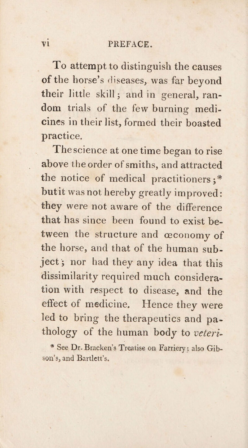 o To attempt to distinguish the causes of the horse’s diseases, was far beyond their little skill; and in general, ran¬ dom trials of the few burning medi¬ cines in their list, formed their boasted practice. The science at one time began to rise above the order of smiths, and attracted the notice of medical practitioners butit was not hereby greatly improved: they were not aware of the difference that has since been found to exist be¬ tween the structure and ceconomy of the horse, and that of the human sub¬ ject; nor had they any idea that this dissimilarity required much considera¬ tion with respect to disease, and the effect of medicine. Hence they were led to bring the therapeutics and pa¬ thology of the human body to veteri- * See Dr.Brackens Treatise on Farriery; also Gib¬ son’s, and Bartlett’s.