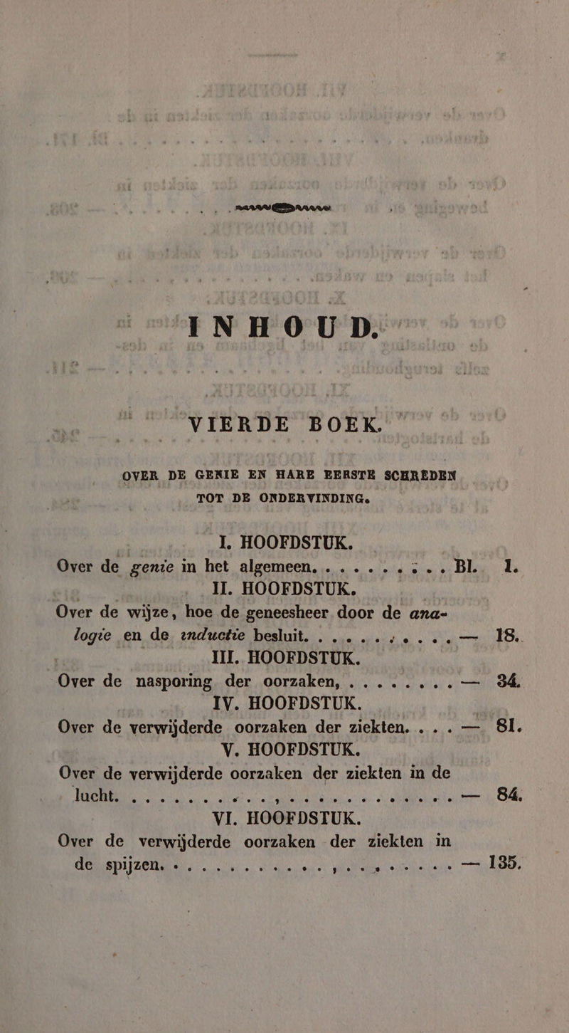 INHOUD. VIERDE BOEK. OVER DE GENIE EN HARE EERSTE SCHREDEN TOT DE ONDERVINDINGe IL. HOOFDSTUK. Over de gerze in het algemeen, ...... a | IL. HOOFDSTUK, | Over de wijze, hoe de geneesheer door de ana- logte en de enductte besluit III. HOOFDSTUK. Over de nasporing der oorzaken, ........ IV. HOOFDSTUK. | Over de verwijderde oorzaken der ziekten. .. . — V. HOOFDSTUK. Over de verwijderde oorzaken der ziekten in de DME ENEN Dede Seide ete VI. HOOFDSTUK. Over de verwijderde oorzaken der ziekten in OORERDIJZON EE Ne. en Kee Ie 84. 135.