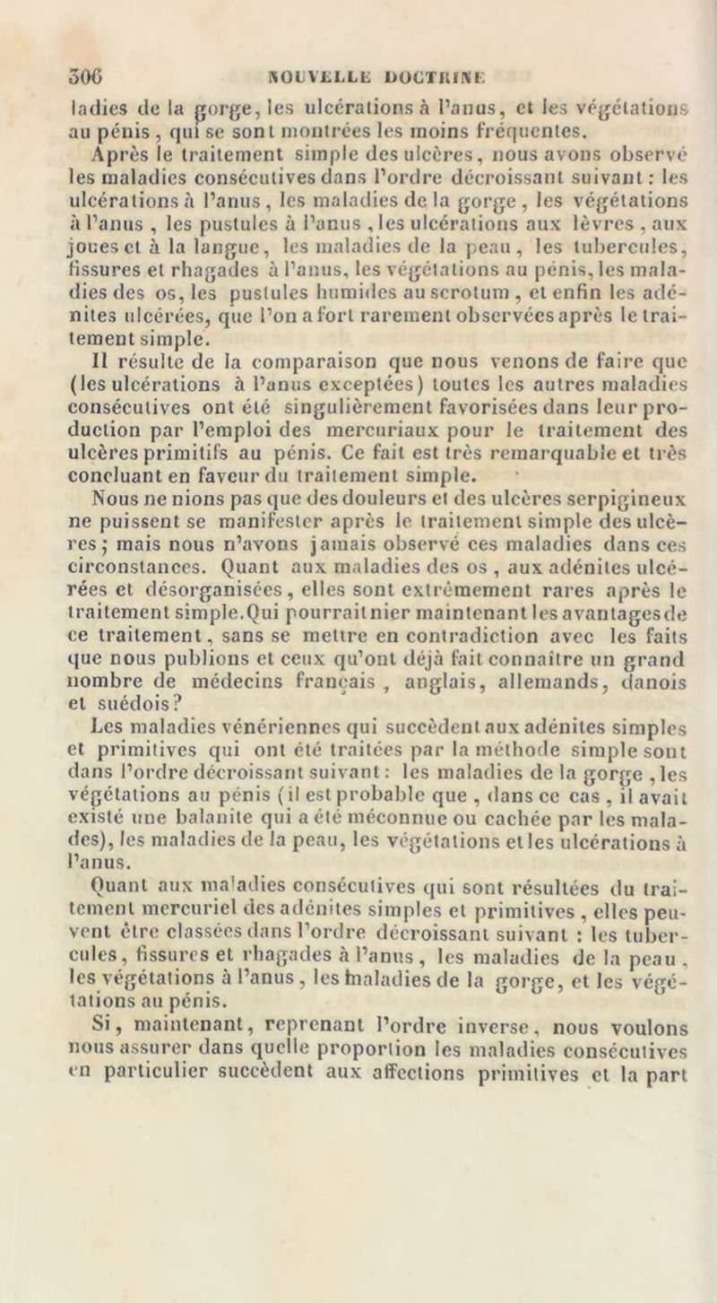 ladies de la gorge, les ulcérations à l’anus, et les végétations au pénis , qui se sont montrées les moins fréquentes. Après le traitement simple des ulcères, nous avons observé les maladies consécutives dans l’ordre décroissant suivant: les ulcérations à l’anus, les maladies de la gorge, les végétations à l’anus , les pustules à l’anus , les ulcérations aux lèvres , aux joues et à la langue, les maladies de la peau, les tubercules, fissures et rhagades à l’anus, les végétations au pénis, les mala- dies des os, les pustules humides au scrotum , et enfin les adé- nites ulcérées, que l’on a fort rarement observées après le trai- tement simple. Il résulte de la comparaison que nous venons de faire que (les ulcérations à l’anus exceptées) toutes les autres maladies consécutives ont été singulièrement favorisées dans leur pro- duction par l’emploi des mercuriaux pour le traitement des ulcères primitifs au pénis. Ce fait est très remarquable et très concluant en faveur du traitement simple. Nous ne nions pas que des douleurs et des ulcères serpigineux ne puissent se manifester après le traitement simple des ulcè- res; mais nous n’avons jamais observé ces maladies dans ces circonstances. Quant aux maladies des os , aux adénites ulcé- rées et désorganisées, elles sont extrêmement rares après le traitement simple.Qui pourrait nier maintenant lesavantagesde ce traitement, sans se mettre en contradiction avec les faits que nous publions et ceux qu’ont déjà fait connaître un grand nombre de médecins français, anglais, allemands, danois et suédois? Les maladies vénériennes qui succèdent aux adénites simples et primitives qui ont été traitées par la méthode simple sont dans l’ordre décroissant suivant : les maladies de la gorge , les végétations au pénis (il est probable que , dans ce cas , il avait existé une balanite qui a été méconnue ou cachée par les mala- des), les maladies de la peau, les végétations et les ulcérations à l’anus. Quant aux maladies consécutives qui sont résultées du trai- tement mercuriel des adénites simples et primitives , elles peu- vent être classées dans l’ordre décroissant suivant : les tuber- cules, fissures et rhagades à l’anus , les maladies de la peau , les végétations à l’anus , les hialadies de la gorge, et les végé- tations au pénis. Si, maintenant, reprenant l’ordre inverse, nous voulons nous assurer dans quelle proportion les maladies consécutives en particulier succèdent aux affections primitives et la part