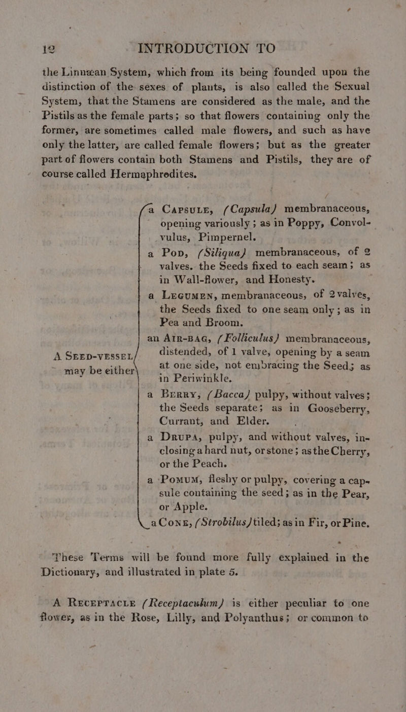 ~~ A SEED-VESSEL may be either / opening variously ; as in Poppy, Convol-_ vulus, Pimpernel. valves. the Seeds fixed to each seam; as in Wall-flower, and Honesty. . Pea and Broom. distended, of 1 valve, opening by a seam at one side, not embracing the Seed; as in Periwinkle. Brrry, (Bacca) pulpy, without valves; the Seeds separate; as in Gooseberry, Currant, and Elder. Drupa, pulpy, and without valves, in- closing a hard nut, or stone ; asthe Cherry, or the Peach. sule containing the seed; as in the Pear, or Apple. bal