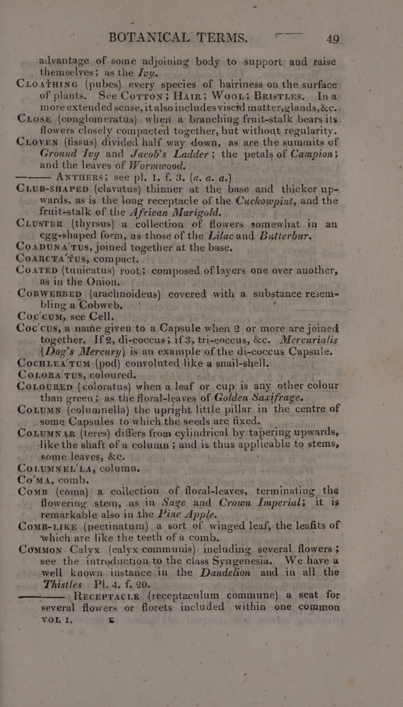 advantage of some adjoining body to support: and raise themselves; as the Jvy. CLoatHtne (pubes) every species of hairiness on the surface of plants. See Corron; Hatr; Woot; Bristins. Ina more extended sense, it also includes viscfd matter,glands,&amp;c.. Cross (conglomeratus) when a branching fruit-stalk bears its flowers closely compacted together, but without regularity. CLOoVEN (fissus) divided half way down, as are the summits of Ground Ivy and Jacob’s Ladder; the petals of Campion; and the leaves of Wormwood. | ANTHERS; see pl. 1. f. 3. (a. a. a.) CLUB-sHAPED (clavatus) thinner at the base and thicker up- wards, as is the long receptacle of the Cuckowpint, and the fruit-stalk of the African Marigold. CiusTeR (thyrsus) a collection of flowers somewhat in an egg-shaped form, as those of the Lilacand Butterbur. Coapbuna’rus, joined together at the base. CoarcrTa’tus, compact. : COATED (tunicatus) root; composed of layers one over another, as in the Onion. , CoBwesBep (arachnoideus) covered with a substance resem- bling a Cobweb. . Coc’cum, see Cell. . Coc'cus, a name given to a Capsule when 2 or more are joined together. If2, di-coccus; if 3, tri-coccus, &amp;c. Mercurialis (Dog’s Mercury) is an example of the di-coccus Capsule. CocHLEA’TUM (pod) convoluted like a snail-shell. CoroRa’tTus, coloured. 7 o CoLourep (coloratus) when a leaf or cup is any other colour than green; as the floral-leaves of Golden Saxtfrage. CoLumn (columnella) the upright little pillar in the centre of some Capsules to which the seeds are fixed. CoLUMN 4p (teres) differs from cylindrical by tapering upwards, like the shaft of a column ; and is thus applicable to stems, some leaves, &amp;c. ; CoLUMNEL’ LA, column. Co’MA, comb. Comp (coma) a collection of floral-leaves, terminating the flowering stem, as in Sage and Crown Imperial; it 1s remarkable also in the Pine Apple. CoMB-LIKE (pectinatum) a sort of winged leaf, the leafits of which are like the teeth of a comb. Common Calyx (calyx communis) including several flowers 5 see the introduction to the class Syngenesia. We have a well known instance in the Dandelion and in all the Thistles ' Pl. 4. f..20. Recerracue (receptaculum commune) a seat for several flowers or florets included within one common oapenameniel