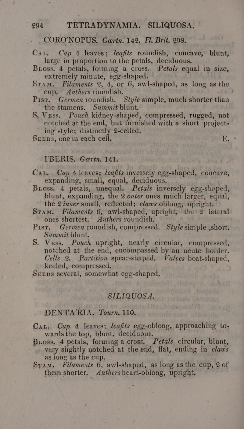 CORO’NOPUS. Gaertn. 142. Fl. Brit. 208. Cau, Cup 4 leaves; leafits roundish, concave, blunt, large in proportion to the petals, deciduous. Bross. 4 petals, forming a cross. Petals equal in size, extremely minute, eg ew-shaped. Bram. Filaments 2, 4, or 6, awl-shaped, as long as the cup, Anthers roundish. Pist. Germenioundish. Style simple, much shorter than the stamens. Summit blunt. - S, Vess. Pouch kidney-shaped, compressed, rugged, not . notched at the end, but furnished with a short. project- ing style; distinctly 2-celled, SEEDS, one in each cell. | VBERIS. Gerin. 141. Cau. Cup 4 leaves; leafits inversely egg-shaped, concave, expanding, small, equal, deciduous. Bross. 4 petals, unequal. Petals inversely egg-shaped, blunt, expanding, the 2 owter ones much larger, equal, the 2inner small, reflected; claws oblong, uprigh t. Stam. Filaments 6, awl-shaped, upright, the’ 2 lateral ones shortest. Anthers roundish. Pisr. Germen roundish, compressed. Style simple ,short, Summit blunt. S. Vess. Pouch upright, nearly circular, compressed, notched at the end, encompassed by an acute border. Cells 2. Partition spear-shaped. Valves boat-shaped, keeled, compressed. . \' Sexps several, somewhat egg-shaped, SILIQUOSA. DENTA‘RIA. Tourn. 110. ~ Cay. Cup 4 leaves;. leafits egg-oblong, approaching to- wards the top, blunt, deciduous. Boss. 4 petals, forming across. Petals circular, blunt, very slightly notched - at the end, flat, ending in claus as long as the cup. Sram, Pilsen nts 6, awl-shaped, as long asthe cup, 2 of them shorter, Anthers heart-oblong, upright, | -