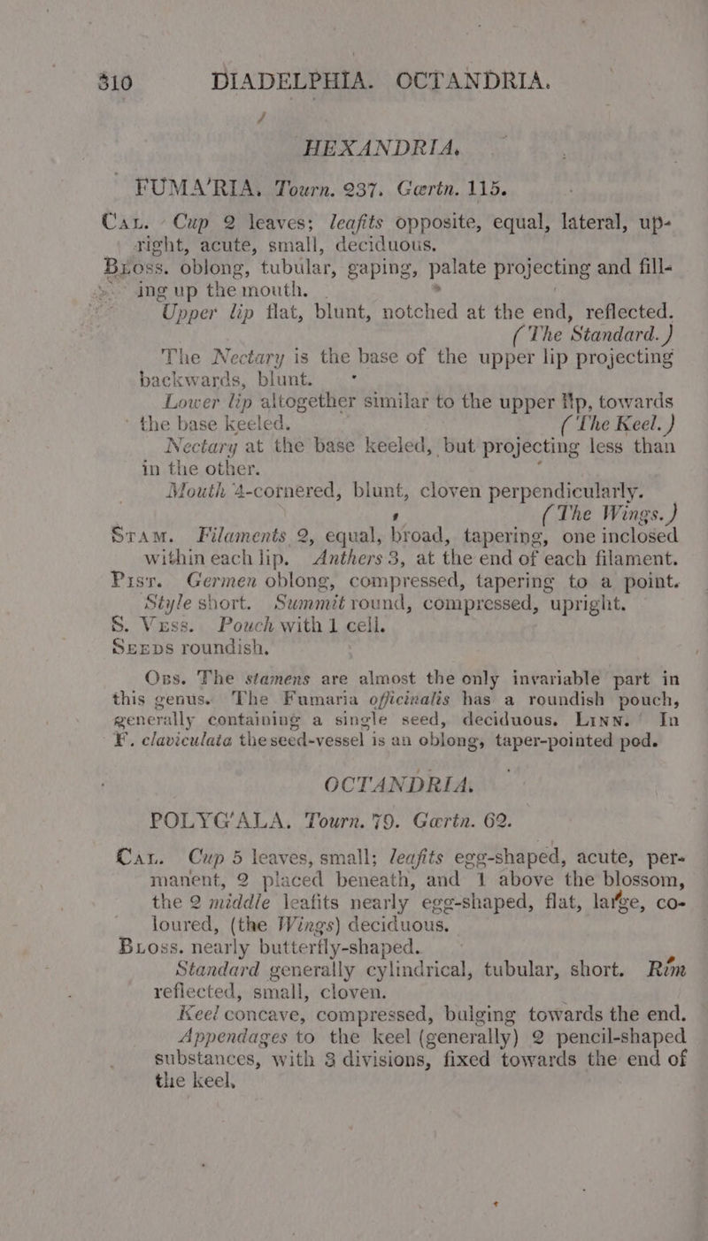 / ‘HEXANDRIA, FUMA’RIA, Tourn. 237. Gertn. 115. Car. Cup 2 leaves; leafits opposite, equal, lateral, up- right, acute, small, deciduous. Bios. oblong, tubular, gaping, pate projecting and fill- ~ ing up the mouth. ‘Upper lip flat, blunt, notched at the aid: reflected. ( The ‘Standard. 3 The Nectary is the base of the upper lip projecting backwards, blunt. Lower lip altogether similar to the upper Hp, towards ' the base keeled. ( The Keel. ) Nectary at the base keeled, but projecting less than in the other. Mouth 4-cornered, blunt, cloven perpendicularly. | (The Wings.) Sram. Filaments 2, equal, toad. tapering, one inclosed withineach lip, Anthers 3, at the end of each filament. Pisr. Germen oblong, compressed, tapering to a point. Style short. Summit round, compressed, upright. S. Viess. Pouch with 1 cell. SexepDs roundish, Oss. The stamens are almost the only invariable part in this genus. The Fumaria officinalis has a roundish pouch, generally containing a single seed, deciduous. Linn.’ In ¥. claviculata the seed-vessel is an oblong, taper-pointed ped. OCTANDRIA., POLYG’ALA. Tourn. 79. Garin. 62. Cat. Cup 5 leaves, small; leafits eg oe-shaped, acute, per- manent, 2 placed beneath, and 1 above the blossom, the 2 middle leafits nearly egg-shaped, flat, large, co- loured, (the Wings) deciduous. Bross. nearly butterfly-shaped. . Standard generally cylindrical, tubular, short. Rzm reflected, small, cloven. : Keel concave, compressed, bulging towards the end. Appendages to the keel (generally) 2 pencil-shaped deerme with 8 divisions, fixed towards the end of the keel,