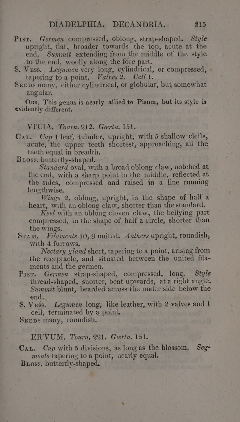 Pist. Germen compressed, oblong, strap-shaped. Style upright, flat, broader towards the top, acute at the end. Summit extending from the middle of the style to the end, woolly along the fore part. S. Vuss. Legumen very long, cylindrical, or compressed, - tapering toa point. Valves2. Cell1. SEEDS many, either cylindrical, or globular, but, somewhat angular, Ons, This genus is nearly allied to Pisum, but its style is evidently different. VICIA. Tourn. 212. Gerin. 151. Cat. Cup 1leaf, tubular, upright, with 5 shallow clefts, acute, the upper teeth shortest, approaching, all the teeth equal in breadth. Bross. butterfly-shaped. Standard oval, with a broad oblong claw, notched at the end, with a sharp point in the middle, reflected at the sides, compressed and raised in a line running lengthwise. Wings 2, oblong, upright, in the shape of half a heart, with an oblong claw, shorter than the standard. Keel with an oblong cloven claw, the bellying part compressed, in the shape of half a circle, shorter than ‘the wings. Sram. Filaments 10, 9 united. Axthers upright, roundish, with 4 furrows. reads Nectary gland short, tapering to a point, arising from the receptacle, and situated between the united fila- ments and the germen. Pist. Germen strap-shaped, compressed, long. Style thread-shaped, shorter, bent upwards, ata right angle. Summit blunt, bearded across the under side below the end. S. Vess. Legumen long, like leather, with 2 valves and 1 cell, terminated by a point. SEEDS many, roundish. ER’VUM. Tourn, 221. Gertn. 151. Car. Cup with 5 divisions, as longas the blossom. Seg- ments tapering to a point, nearly equal.