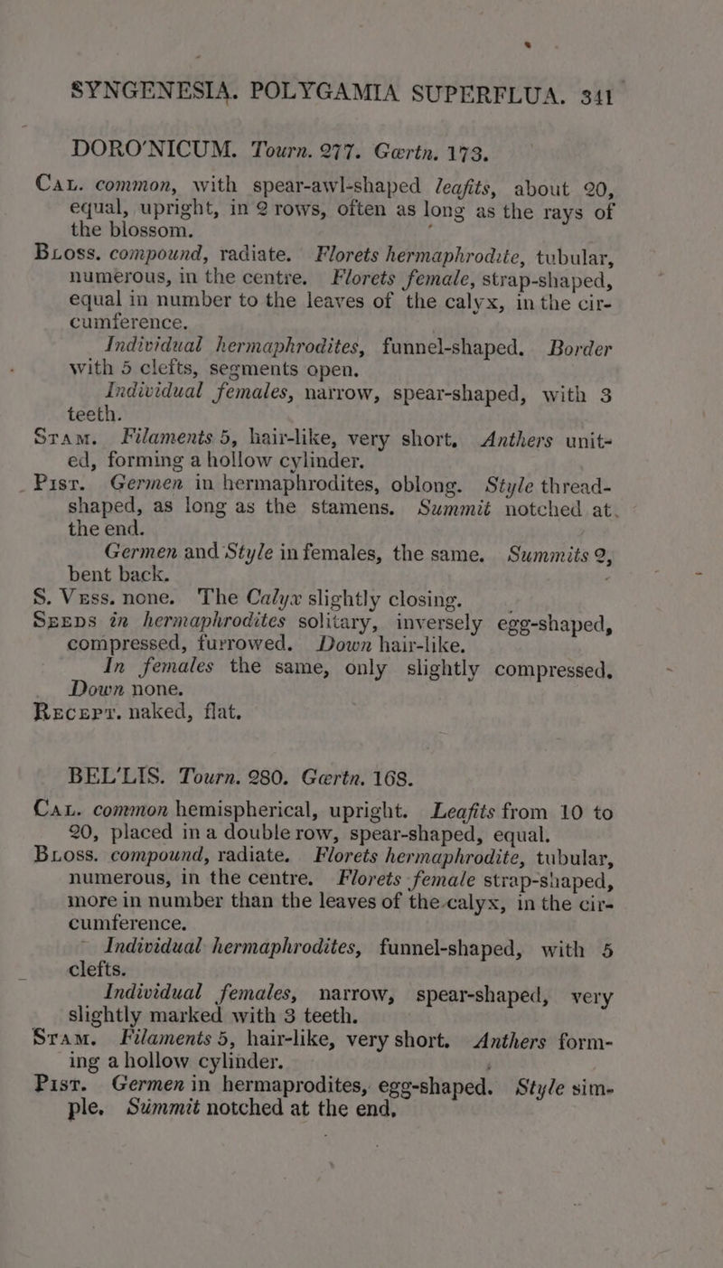 7 SYNGENESIA. POLYGAMIA SUPERFLUA. 341. DORO’NICUM. Tourn. 277. Gertn. 173. CaL. common, with spear-awl-shaped Jeafits, about 20, equal, upright, in 2 rows, often as long as the rays of the blossom. Bross. compound, radiate. Florets hermaphrodite, tubular, numerous, in the centre. Florets female, strap-shaped, equal in number to the leaves of the calyx, in the cir- cumference. | Individual hermaphrodites, funnel-shaped. Border with 5 clefts, segments open. individual females, narrow, spear-shaped, with 3 teeth. Stam. Filaments 5, hair-like, very short. Anthers unit- ed, forming a hollow cylinder, _Pisr. Germen in hermaphrodites, oblong. Style thread- shaped, as long as the stamens. Summit notched at. the end. | Germen and Style infemales, the same. Summits 2, bent back. - S. Vess. none. The Calyz slightly closing. SzEDS in hermaphrodites solitary, inversely egg-shaped, compressed, furrowed. Down hair-like. In females the same, only slightly compressed, Down none. Recepv. naked, flat. BEL’LIS. Tourn. 280. Gertn. 168. Cau. common hemispherical, upright. Leafits from 10 to 20, placed ina double row, spear-shaped, equal. Bioss. compound, radiate. Florets hermaphrodite, tubular, numerous, in the centre. Florets female strap-shaped, more in number than the leaves of the calyx, in the cir- cumference. Individual hermaphrodites, funnel-shaped, with 5 clefts. Individual females, narrow, spear-shaped, very slightly marked with 3 teeth. Sram. Filaments 5, hair-like, very short. Anthers form- ing a hollow cylinder. Pist. Germen in hermaprodites, egg-shaped. Style sim- ple. Summit notched at the end,