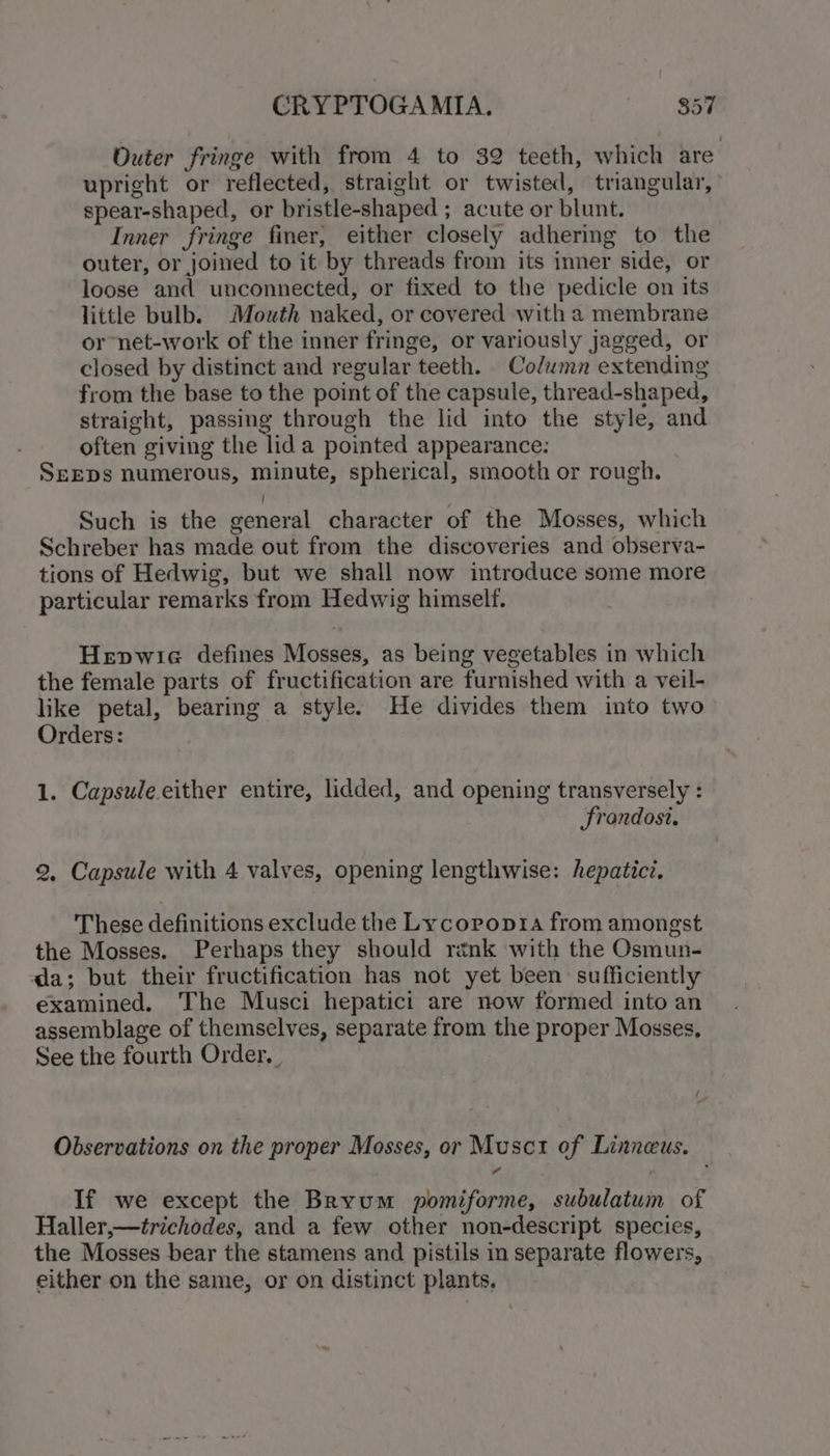 Outer fringe with from 4 to 32 teeth, which are upright or reflected, straight or twisted, triangular, spear-shaped, or bristle-shaped ; acute or blunt. Inner fringe finer, either closely adhering to the outer, or joined to it by threads from its inner side, or loose and unconnected, or fixed to the pedicle on its little bulb. Mouth naked, or covered with a membrane or net-work of the inner fringe, or variously jagged, or closed by distinct and regular teeth. Co/wmn extending from the base to the point of the capsule, thread-shaped, straight, passing through the lid into the style, and ; often giving the lida pointed appearance: SEEDS numerous, minute, spherical, smooth or rough. | Such is the general character of the Mosses, which Schreber has made out from the discoveries and observa- tions of Hedwig, but we shall now introduce some more particular remarks from Hedwig himself. Hepwia defines Mosses, as being vegetables in which the female parts of fructification are furnished with a veil- like petal, bearing a style. He divides them into two Orders: 1. Capsule either entire, lidded, and opening transversely : frondosi, 2, Capsule with 4 valves, opening lengthwise: hepatici. These definitions exclude the Lycoropra from amongst the Mosses. Perhaps they should rénk with the Osmun- da; but their fructification has not yet been sufficiently examined. The Musci hepatici are now formed into an assemblage of themselves, separate from the proper Mosses, See the fourth Order, . Observations on the proper Mosses, or Musct of Linneus. sy If we except the Bryum pomiforme, subulatum of Haller,—trichodes, and a few other non-descript species, the Mosses bear the stamens and pistils in separate flowers, either on the same, or on distinct plants,