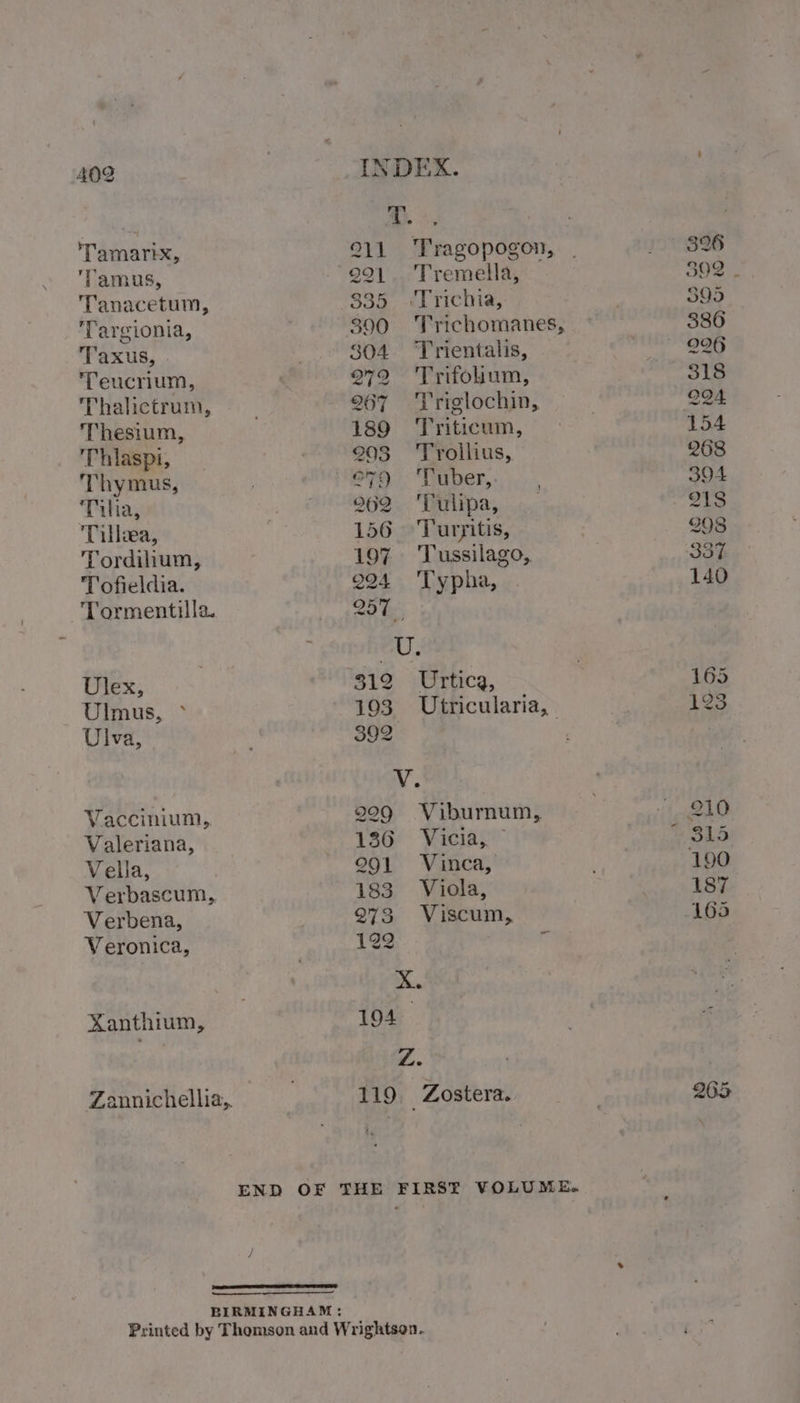 Tamarix, famus, Tanacetum, Targionia, Taxus, ‘Teucrium, Thalictrum, Thesium, Thlaspi, Thymus, Tilia, Tillia, Tordilium, Tofieldia. Tormentilla. Ulex, Ulmus, &gt; Ulva, Vaccinium, Valeriana, Vella, Verbascum,, Verbena, Veronica, Xanthium, a. 211 ‘Tragopogon, 291 Tremella, 335 ~Trichia, 390 ‘Trichomanes, 304 ‘Trientalis, 272 «Trifolium, 267 Triglochin, 189 ‘Triticum, 208 ‘Troilius,. 679 Tuber, 262 ‘Tulipa, 156 Turritis, 197. Tussilago,. 994 ‘Typha, 257 | : 1; 312 Urtica, 193 Utricularia, 392 v, 209 Viburnum, 136 Vicia, 291 Vinca, 183 Viola, 973 Viscum, 192 i he 194 Z. Zostera.