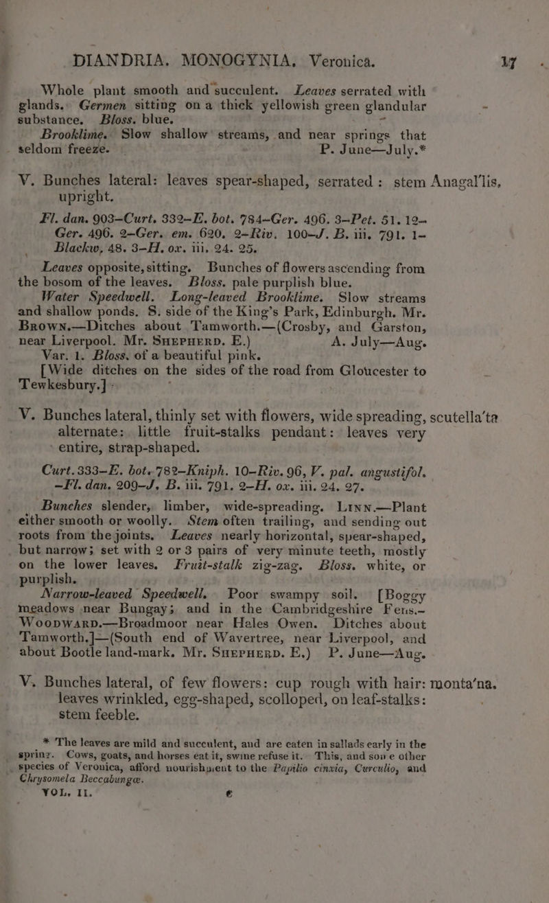 - Whole plant smooth and succulent. Leaves serrated with glands.. Germen sitting ona thick yellowish green glandular - substance. Bloss. blue. * Brooklime. Siow shallow’ streams, and near springs that - seldom freeze. — P. June—July.* VY. Bunches lateral: leaves spear-shaped, serrated : stem Anagal’lis, upright. Ger. 496. 2—Ger. em. 620, 2+Riv, 100-/. B. ili. 791. 1- Blackw, 48. 3-H, ox. iii, 24. 25. Leaves opposite, sitting. Bunches of flowers ascending from _ the bosom of the leaves. Bloss. pale purplish blue. Water Speedwell. Long-leaved Brooklime. Slow streams and shallow ponds. S. side of the King’s Park, Edinburgh. Mr. Brown.—Ditches about Tamworth.—(Crosby, and Garston, near Liverpool. Mr. SHEPHERD. E.) | A. July—Aug. Var. 1. Bloss, of a beautiful pink. [Wide ditches on the sides of the road from Gloucester to Tewkesbury. ] - . V. Bunches lateral, thinly set with flowers, wide spreading, scutella’ta alternate: little fruit-stalks pendant: leaves very entire, strap-shaped. Curt. 333-E. bot«782—Kniph. 10-Riv. 96, V. pal. angustifol. —F1. dan, 209-J, B. iii. 791. 2-H. ox. iii. 24. 27. ; Bunches slender, limber, wide-spreading. Linn.—Plant either smooth or woolly. Stem often trailing, and sending out roots from the joints. Leaves nearly horizontal, spear-shaped, but narrow; set with 2 or 3 pairs of very minute teeth, mostly on the lower leaves. Frutt-stalk zig-zag. Bloss. white, or purplish, | | Narrow-leaved Speedwell, Poor swampy soil. [Boggy meadows near Bungay; and in the Cambridgeshire Fens,- Woopwarp.—Broadmoor near Hales Owen. Ditches about Tamworth.J—(South end of Wavertree, near Liverpool, and about Bootle land-mark, Mr. Suepnegp. E,) P. June—Aug. V. Bunches lateral, of few flowers: cup rough with hair: monta‘na. leaves wrinkled, egg-shaped, scolloped, on leaf-stalks: stem feeble. * The leaves are mild and succulent, aud are eaten in sallads early in the _ spring. Cows, goats, and horses eat it, swme refuse it. This, and sove other _ species of Veronica, afford nourishyent to the Papilio cinwia, Curculio, and Chrysomela Beccabunge. VOL, Il. €