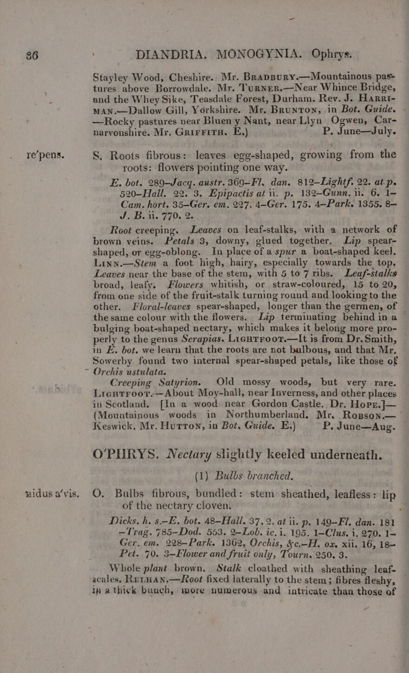 86 re’pens. nidus a’vis. { / -_ DIANDRIA. MONOGYNIA. Ophrys. Stayley Wood, Cheshire. Mr. Brappury.—Mountainous pas- tures above Borrowdale. Mr. Turner.—Near Whince Bridge, and the Whey Sike, Teasdale Forest, Durham. Rev. J. Harrt- MAN.—Dallow Gill, Yorkshire. Mr. Brunton, in Bot. Guide. . —Rocky pastures near Bluen y Nant, near Llyn Ogwen, Car- narvonshire. Mr. GrirFiTH. E,) ‘Pp. June—July. ‘ S. Roots fibrous: leaves egg-shaped, growing from the roots: flowers pointing one way. E. bot. 289—Jacq. austr. 369-F1, dan. 812-Lightf. 22. at-p. 520—-Hall. 22. 3. Epipactis at ii. p. 132-Gunn. 11. 6, 1- Cam. hort. 35—Ger. em. 227. 4—Ger. 175. 4—Park. 1355. 8= J. B. il. 770. 2. Root creeping, Leaves on leaf-stalks, with a network of brown veins. Petals 3, downy, glued together. Lip spear- shaped, or egg-oblong. In place of a spur a boat-shaped keel. Linn.—Stem a foot. high, hairy, especially towards the top. Leaves near the base of the stem, with 5 to 7 ribs. Leaf-stalks broad, leafy. Flowers whitish, or straw-coloured, 15 to 20, from one side of the fruit-stalk turning round and looking to the © other. Floral-leaves spear-shaped, longer than the germen, of | the same colour with the flowers. Lip terminating behind in a bulging boat-shaped nectary, which makes it belong more pro- perly to the genus Serapias. Ligutroot.—lIt is from Dr. Smith, in £. bot. we learn that the roots are not bulbous, and that Mr. Sowerby found two internal spear-shaped petals, like those of Orchis ustulata. Creeping Satyrion. Old mossy woods, but very rare. Lrentroor.—About Moy-hall, near Inverness, and other places in Scotland. [In a wood near Gordon Castle. Dr. Hopr.J— (Mountainous woods in Northumberland. Mr. Rospson.— Keswick. Mr. Hutton, in Bot, Guide. E.) P. June—Aug. © O’PHRYS. Nectary slightly keeled underneath. (1) Bulbs branched. ©. Bulbs fibrous, bundled: stem sheathed, leafless : lip of the nectary cloven. 7 Dicks. h. s.-E. bot. 48-Hall. 37, 2. at ii. p. 149-Fl. dan. 181 —Trag. 785—Dod. 553. 2—Lob., ic. i. 195. 1-Clus. i. 270. 1- Ger. em. 228-Park. 1362, Orchis, §c.-H, ox, xii. 16, 18= Pet. 70. 3—Klower and fruit only, Tourn. 250. 3. Whole plant brown, Stalk cloathed with sheathing leaf- acales. RerHan,—ZRoot fixed laterally to the stem ; fibres fleshy, in athi¢k bunch, more numerous and intricate than those of