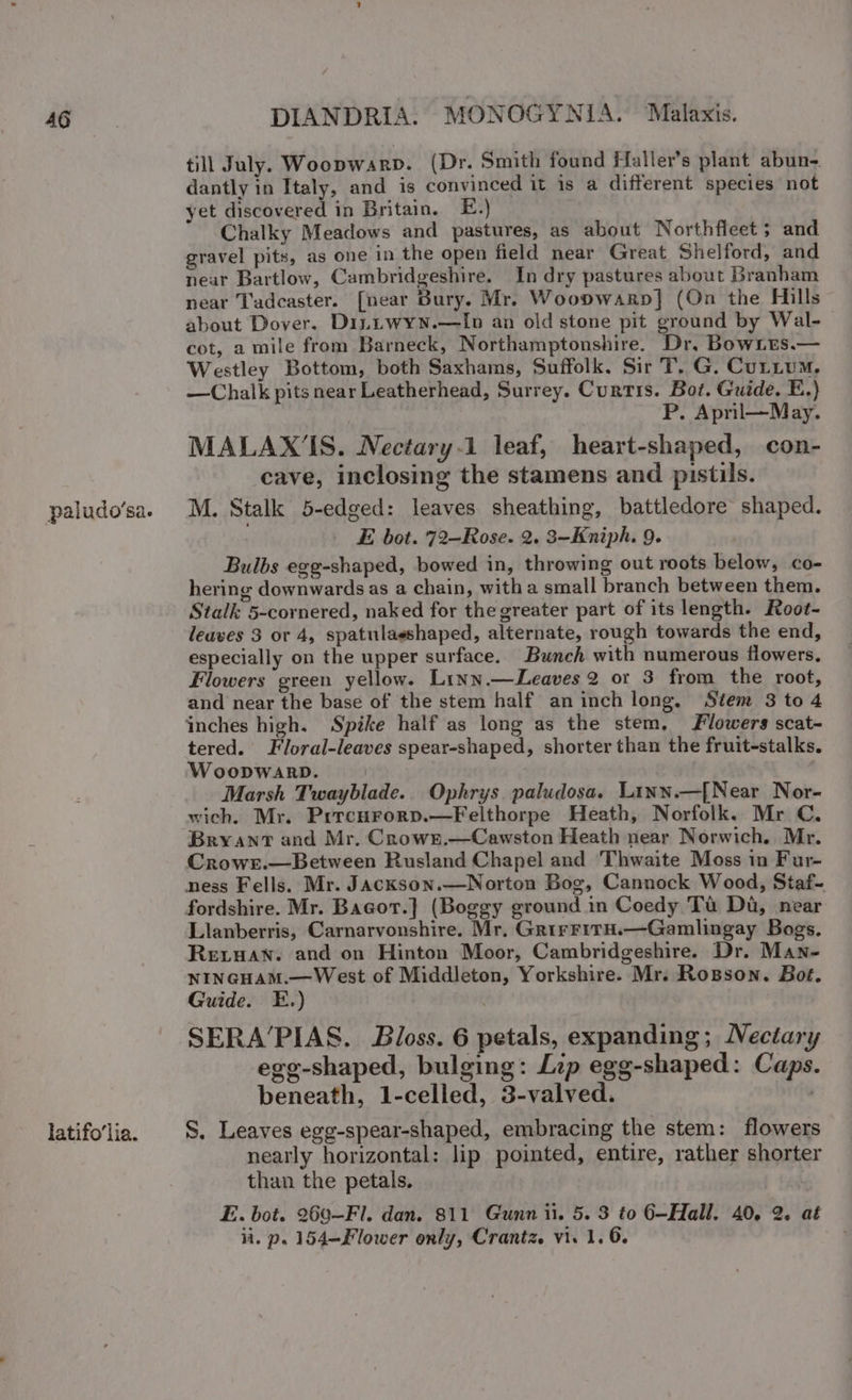 paludo’sa. latifo’lia. DIANDRIA. MONOGYNIA. Malaxis. till July. Woopwarp. (Dr. Smith found Haller’s plant abun- dantly in Italy, and is convinced it is a different species not yet discovered in Britain. E.) Chalky Meadows and pastures, as about Northfleet; and gravel pits, as one in the open field near Great Shelford, and near Bartlow, Cambridgeshire. In dry pastures about Branham near Tadcaster. [near Bury. Mr. Woopwarp] (On the Hills about Dover. Dinitwyn.—lIn an old stone pit ground by Wal-_ cot, a mile from Barneck, Northamptonshire. Dr, BowLEs.— Westley Bottom, both Saxhams, Suffolk. Sir T. G. Cutium, —Chalk pits near Leatherhead, Surrey. Curtis. Bot. Guide. E.) P. April—May. MALAX'‘IS. Nectary-1 leaf, heart-shaped, con- cave, inclosing the stamens and pistils. M. Stalk 5-edged: leaves sheathing, battledore shaped. E bot. 72—Rose. 2. 3—Kniph. 9. Bulbs egg-shaped, bowed in, throwing out roots below, co- hering downwards as a chain, witha small branch between them. Stalk 5-cornered, naked for the greater part of its length. Root- leaves 3 or 4, spatulasshaped, alternate, rough towards the end, especially on the upper surface. Bunch with numerous flowers, Flowers green yellow. Linn.—Leaves 2 or 3 from the root, and near the base of the stem half an inch long, Stem 3 to 4 inches high. Spike half as long as the stem, Flowers scat- tered. Floral-leaves spear-shaped, shorter than the fruit-stalks. WoopwarbD. | Marsh Twayblade.. Ophrys paludosa. Linn.—[Near Nor- wich. Mr. Prrcurorp.—Felthorpe Heath, Norfolk. Mr C. Bryant and Mr. Crowrn.—Cawston Heath near Norwich. Mr. Crowe.—Between Rusland Chapel and ‘Thwaite Moss in Fur- ness Fells. Mr. Jackson.—Norton Bog, Cannock Wood, Staf- fordshire. Mr. Bagot.} (Boggy ground in Coedy Ta Dd, near Llanberris, Carnarvonshire. Mr. GrirFitH.—Gamlingay Bogs. Reruan. and on Hinton Moor, Cambridgeshire. Dr. Man- NINGHAM.—West of Middleton, Yorkshire. Mr. Rosson. Bot. Guide. E.) SERA’PIAS. Bloss. 6 petals, expanding; Nectary egg-shaped, bulging: Lzp egg-shaped: Caps. beneath, 1-celled, 3-valved. | S. Leaves egg-spear-shaped, embracing the stem: flowers nearly horizontal: lip pointed, entire, rather shorter than the petals. | E. bot. 260—Fl. dan. 811 Gunn ii. 5. 3 to 6—Hall. 40. 2. aé ii. p. 154—Flower only, Crantz. vi. 1. 6.