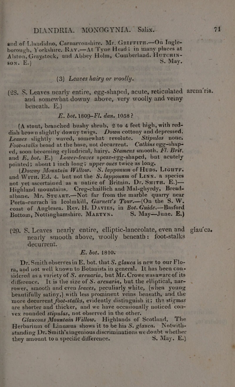 and of Lilandidno, Carnarvonshire. Mr, Grirrira.—On Ingle- borough, Yorkshire. Ray.—At Tyne Head; in many places at Alston, Graystock, and Abbey Holm, Cumberland. Hurcuin- son. E.) S. May. (3) Leaves hairy or woolly. (28. S. Leaves nearly entire, egg-shaped, acute, reticulated and somewhat downy above, very woolly and veiny beneath. FE.) E. bot. 1809-Fl. dan. 1058? (A stout, branched bushy shrub, 2 to 4 feet high, with red- dish brown slightly downy twigs. Down cottony and depressed. Leaves slightly waved, somewhat revolute. Stipulas none. Foot-stalks broad at the base, not decurrent. Catkins egg-shap- ed, soon becoming cylindrical, hairy. Stamens smooth. £1. Brit. and E. bot. E.) Lower-leaves spear-egg-shaped, but acutely pointed; about 1 inch long; upper ones twice as long. (Downy Mountain Willow. S. lapponum of Huns. Ligutr. and Wrrn. Ed. 4. but not the S.lapponum of Linn. a species not yet ascertained as a native of Britain. Dr. Smira. E.)— - Highland mountains. Creg-chaillich and Mal-ghyrdy, Bread- albane. Mr. Sruart.—Not far from the marble quarry near Porta-currach in Icolmkill, Garnett’s Tour.—(On the S. W. coast of Anglesea. Rev. H. Davies, in Bot. Guide.—Basford Bottom, Nottinghamshire. MARTYN. S. May—June. E.) (29. S. Leaves nearly entire, elliptic-lanceolate, even and nearly smooth above, woolly beneath: foot-stalks decurrent. ra, and uot well known to Botanists in general. It has been con- sidered asa variety of S. arenaria, but Mr. Crowe wasaware of its difference. It is the size of S. arenaria, but the elliptical, nar- rower, smooth and even Jeaves, peculiarly white, (when young beautifully satiny,) with less prominent veins beneath, and the more decurrent foot-stalks, evidently distinguish it; the stigmas are shorter and thicker, and we have occasionally noticed con- vex rounded stipulas, not observed in the other. Glaucous Mountain Willow. Highlands of Scotland. The Herbarium of Linnzeus shows it to be his S. glauca. Notwith- standing Dr. Smith’singenious discriminations we doubt whether they amount toa specilic difference. S. May. E.) arena ria. \ olau’ca 4 ate