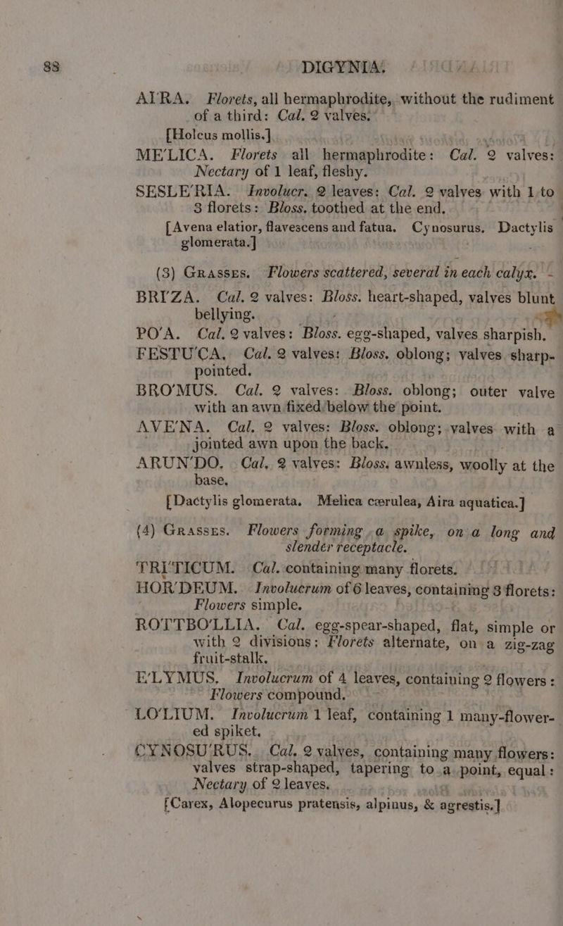 AYVRA. Florets, all hermaphrodite, without the rudiment of a third: Cal. 2 valves. fElolcus mollis.] ae | Ob ME'LICA. Florets all hermaphrodite : Cal. 2 valves: Nectary of 1 leaf, fleshy. SESLE’RIA. JInvolucr. 2 leaves: Cal. 2 valves: with 1 ‘ae 8 florets: Bloss. toothed at the end. ‘ f Avena elatior, flavescens and fatua. Cynosurus. eae glomerata.] (3) Grasses. Flowers scattered, several in each calyx. - BRYZA. Cal. 2 valves: Bloss. heart-shaped, valves blunt bellying. Pes PO’A. Cal. 2 valves: ane ege-shaped, valves sharpish, FESTUCA, Cal. 2 valves: Bloss, oblong; valves sharp- pointed. BRO’MUS. Cal. 2 vaives: Bloss. oblong; outer valve with an awn fixed, below the point. AVE'NA. Cal. 2 valves: Bloss. oblong; valves with a jointed awn Beit the back, ARUN’ Di Cal, 2 valves: Bloss, awnless, woolly at the ase, fDactylis glomerata. Melica cwrulea, Aira aquatica.] (4) Grasses. Flowers forming ,a spike, ona long and slender receptacle. TRITICUM. Cal. containing many florets. HOR’ DEUM. Involucrum of 6 leaves, containing 3 florets: Flowers simple. ROTTBO'LLIA. Cal. egg-spear-shaped, flat, simple or with 2 divisions; Florets alternate, on a zig-zag fruit-stalk, EYLYMUS, Involucrum of 4 leaves, containing 9 flowers: Flowers compound, ~ ed spiket. CYNOSU'RUS.. Cal. 2 valves, containing many flowers: valves strap-shaped, tapering toa point, equal: Nectary of 2 leaves. fCarex, Alopecurus pratensis, alpinus, &amp; mre