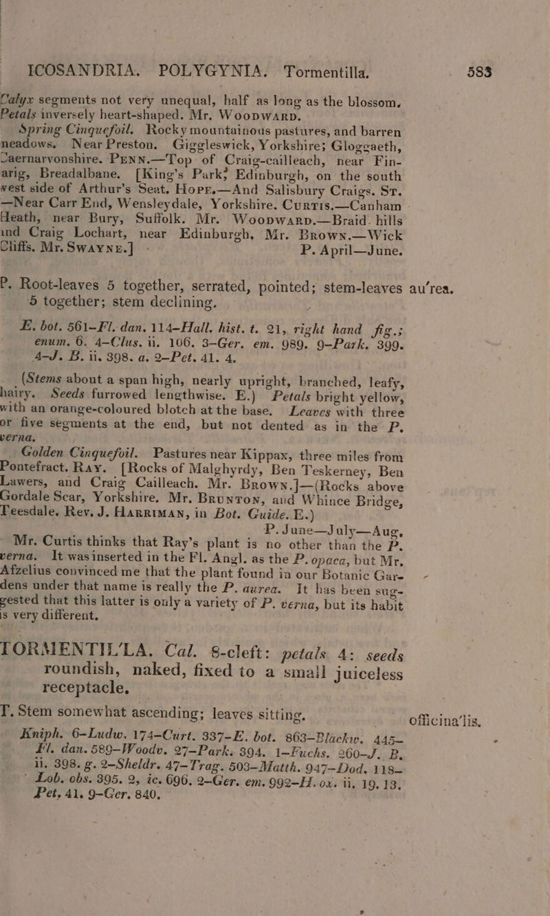 Calyx segments not very unequal, half as long as the blossom. Petals inversely heart-shaped. Mr. Woopwarp. Spring Cinquefoil. Rocky mountainous pastures, and barren neadows. NearPreston. Giggleswick, Yorkshire; Glogeaeth, vaernarvonshire. PENN.—Top of Craig-cailleach, near Fin- arig, Breadalbane. [King’s Park; Edinburgh, on the south west side of Arthur’s Seat. Hopr.—And Salisbury Craigs. Sr. Heath, near Bury, Suffolk. Mr. Woopwarp.—Braid. hills und Craig Lochart, near Edinburgh, Mr. Brown.—Wick Cliffs. Mr. Swayne.] - P. April—June. P. Root-leaves 5 together, serrated, pointed; stem-leaves ‘5 together; stem declining. E, bot. 561-Fl. dan. 114—Hail. hist. t. 21, right hand Jig .3 enum. 6. 4—Clus. ii. 106. 3-Ger. em. 989. 9-—Park. 399. AJ. B, ti, 398, a. 9—Pet. Al. ha (Stems about a span high, nearly upright, branched, leafy, hairy. Seeds furrowed lengthwise. E.) Petals bright yellow, with an orange-coloured blotch at the base. Leaves with three or five segments at the end, but not dented as in the a perna. Golden Cinquefoil. Pastures near Kippax, three miles from Pontefract. Ray. [Rocks of Malghyrdy, Ben Teskerney, Ben Lawers, and Craig Cailleach. Mr. Brown.]—(Rocks above Gordale Scar, Yorkshire. Mr. Brunton, and Whince Bridge, Teesdale, Rev. J. Harriman, in Bot. Guide..E.) P. June—July—Aug, ' Mr. Curtis thinks that Ray’s plant is no other than the P. verna. It wasinserted in the Fl. Ang], as the P. opaca, but Mr. Afzelius convinced me that the plant found ia our Botanic Gare dens under that name is really the P. aurea. It has been sug gested that this latter is only a variety of P. verna, but its habit is very different. TORMENTIL'LA. Cal. 8-cleft: petals 4: seeds roundish, naked, fixed to a small juiceless receptacle, I’. Stem somewhat ascending; leaves sitting. Kniph. 6-Ludw. 174-Curt. 337-E. bot. 803—Blachw. 445~— fl, dan. 589—Woodv. 27—Park. 394. 1—Fuchs. 260-7. RB, li, 398. g. 2-Sheldr. 47-Trag. 503—Matth. 947-Dod. 118- ' Lob. obs. 395. 2, ic. 696. 2-Ger. em. 992-H. ox. ii, 19. 13, Pet, 41. 9-Ger. 840, aurea. officina’lis.