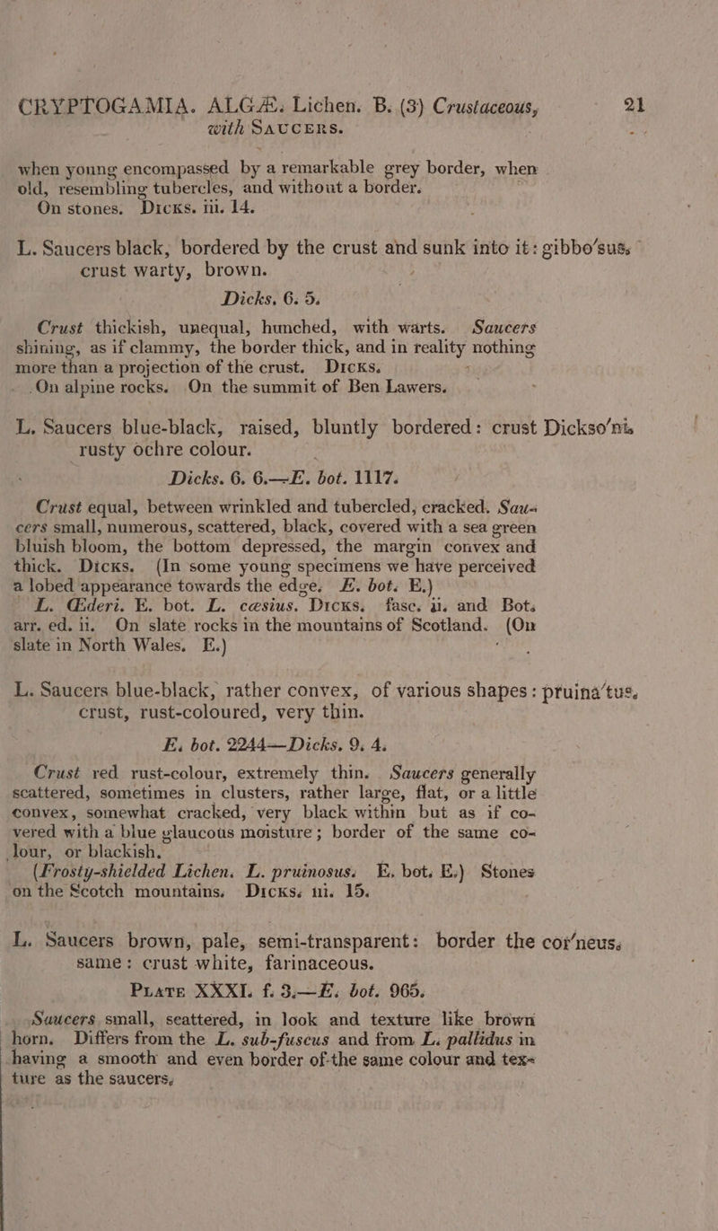 with SAUCERS. when young encompassed es a remarkable grey border, when old, resembling tubercles, and without a border. On stones. Dicks. iii. 14. L. Saucers black, bordered by the crust and sunk into it: gibbo’suss crust warty, brown. Dicks. 6. Ds Crust thickish, unequal, hunched, with warts. Saucers shining, as if clammy, the border thick, and in egies nothing more than a projection of the crust. Dicks. -On alpine rocks. On the summit of Ben Lawers. L. Saucers blue-black, raised, bluntly bordered: crust Dickso’nts rusty ochre colour. Dicks. 6. 6.—E. oh 1117. Crust equal, between wrinkled and tubercled, eracked. Sau- cers small, numerous, scattered, black, covered with a sea green bluish Hoots, the bottom depressed, the margin convex and thick. Dicks. (In some young specimens we have perceived a lobed appearance towards the edge, E. bot. E.) L. Geri. E. bot. L. cesius. Dicks, fase. iis and Bots arr. ed. 11. On slate rocks in the mountains of Scotland. (On slate in North Wales. E.) L. Saucers blue-black, rather convex, of various shapes: pruina‘tus. crust, rust-coloured, very thin. E. bot. 9244— Dicks. 9; 4. Crust red rust-colour, extremely thin. Saucers generally scattered, sometimes in clusters, rather laree, flat, or a little convex, somewhat cracked, very black within but. as if co- vered with a blue ylaucous moisture; border of the same co- Jour, or blackish. | (Frosty-shielded Lichen. L. pruinosus: E, bot. E.) Stones on the Scotch mountains, Dicks. ui. 15. | L. Saucers brown, pale, semi-transparent: border the cor’neus. same: crust white, farinaceous. Pirate XXXI. f. 3.—E. bot. 965. Saucers small, seattered, in look and texture like brown horn. Differs from the L. sub-fuscus and from L. pallidus in having a smooth and even border of-the same colour and tex~ ture as the saucers, .