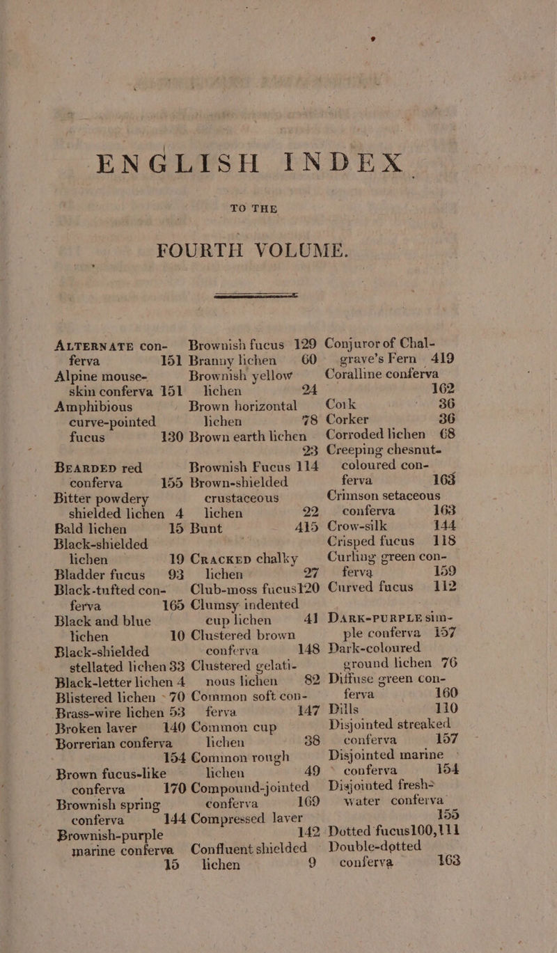 Brownish fucus 129 151 Branny lichen 60 Alpine mouse- Brownish yellow skin conferva 151 lichen Amphibious _ Brown horizontal curve-pointed lichen 78 fucus 130 Brown earth lichen pa Brownish Fucus 114 155 Browne-shielded ALTERNATE Con- ferva 24 BEARDED red conferva Bitter powdery crustaceous shielded lichen 4 lichen 22 Bald lichen 15 Bunt 415 Black-shielded lichen Bladder fucus Black-tufted con- 19 Crackep chalky 93 lichen 27 Club-moss fucust20 ferva 165 Clumsy indented Black and blue cup lichen Al hichen 10 Clustered brown Black-shielded —-conferva 148 stellated lichen 33 Clustered gelati- Black-letter lichen 4 — nous lichen 82 Blistered lichen ~'70 Common soft con- Brass-wire lichen 53 ferva 147 Broken laver 140 Common cup Borrerian conferva lichen 38 154 Common rough Brown fucus-like lichen conferva 170 Compound-jointed Brownish spring conferva 169 conferva 144 Compressed. laver Brownish-purple 142 marine conferva Confluent shielded 15s lichen 9 Conjuror of Chal- grave’s Fern 419 Coralline conferva 162 Cork 36 Corker 36 Corroded lichen 68 Creeping chesnut coloured con- ferva 163 Crimson setaceous conferva 163 Crow-silk 444 Crisped fucus 118 Curling green con- ferva 159 Curved fucus 112 DARK-PURPLE siin- ple conferva 157 Dark-coloured ground lichen 76 Diffuse green con- ferva 160 Dills 110 Disjointed streaked conferva 157 Disjointed marine conferva 154 Disjointed fresh- water conferva 150 Double-dotted