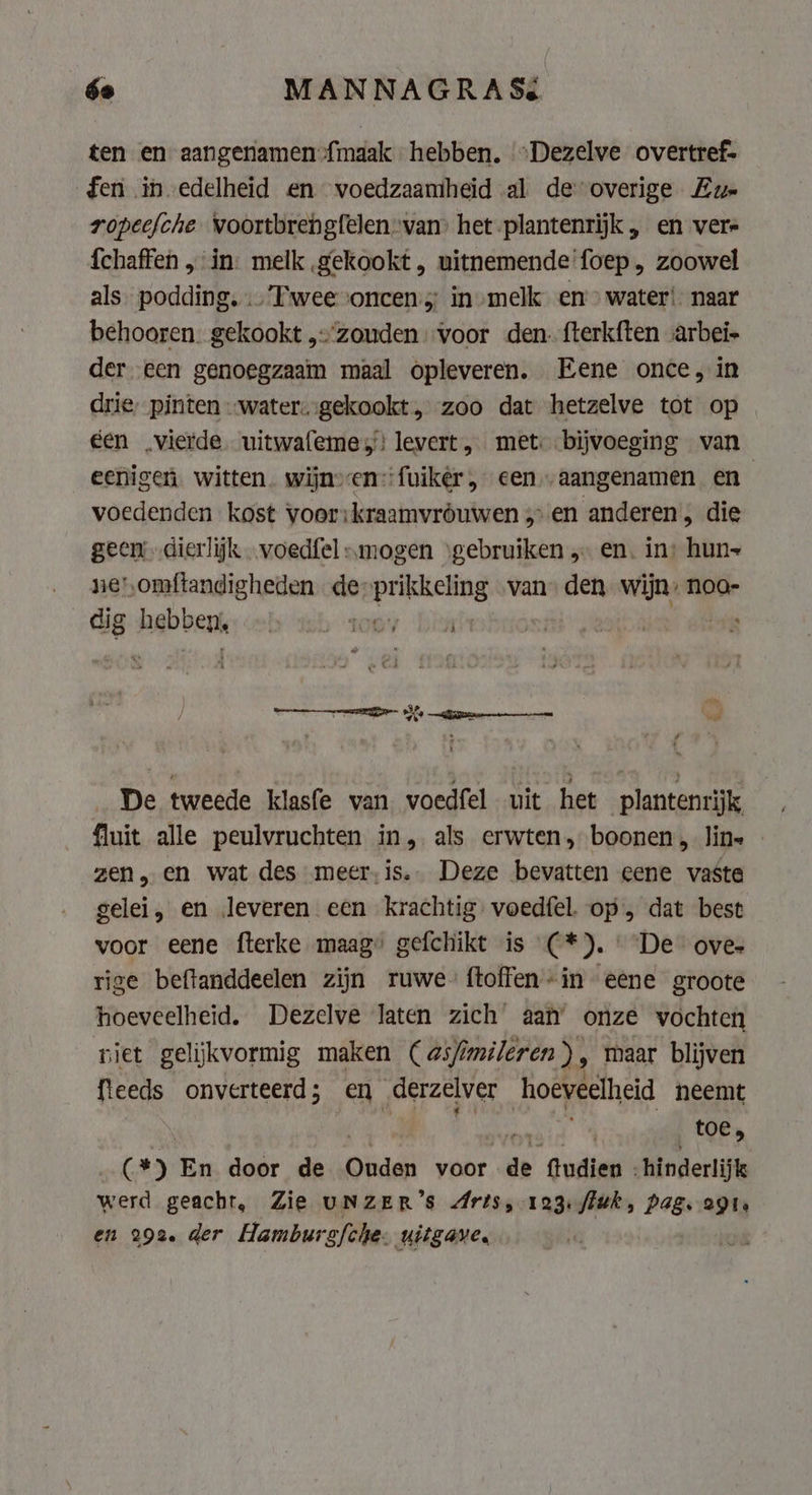 ten en aangenamen {maak hebben. “Dezelve overtref- fen in edelheid en voedzaamheid al de overige Zu ropee{che woortbrengfelenvan&gt; het plantenrijk „ en vere {chaffen „in: melk gekookt , uitnemende'foep, zoowel als podding, Twee oncen.y in-melk en &gt; water! naar behooren. gekookt „zouden voor den-fterkften arbei- der een genoegzaam maal opleveren. Eene once, in drie, pinten water. gekookt, zoo dat hetzelve tot op een vierde uitwafeime,! levert, met: bijvoeging van eenigen. witten. wijnvcen“fuikêr , een „aangenamen en voedenden kost voor: kraamvróuwen „en anderen’, die geen dierlijk voedfel „mogen ‘gebruiken „ en. in: hun- ne'omftandigheden de greep van den wijn, noo- hd veh | ‘ 4 De tweede klasfe van voedfel uit het plantenrijk, fluit alle peulvruchten in, als erwten, boonen lin- zen, en wat des meer,is.. Deze bevatten eene vaste gelei, en leveren een krachtig. voedfel. op, dat best voor eene fterke maag” gefchikt is (*). « De ove- rige beftanddeelen zijn ruwe ftoffen-in eene groote hoeveelheid. Dezelve laten zich aan’ onze vochten niet geliĳkvormig maken (as// mileren), maar blijven feeds onverteerd ; en derzelver hoeveelheid neemt toe, ( Db) En door de Ouden voor ‘a ‘fudien - hinderlijk werd geacht, Zie UNZER’S Arts, 123: fiuk, Pag. agro en 292. der Hamburg/che. uitgave,