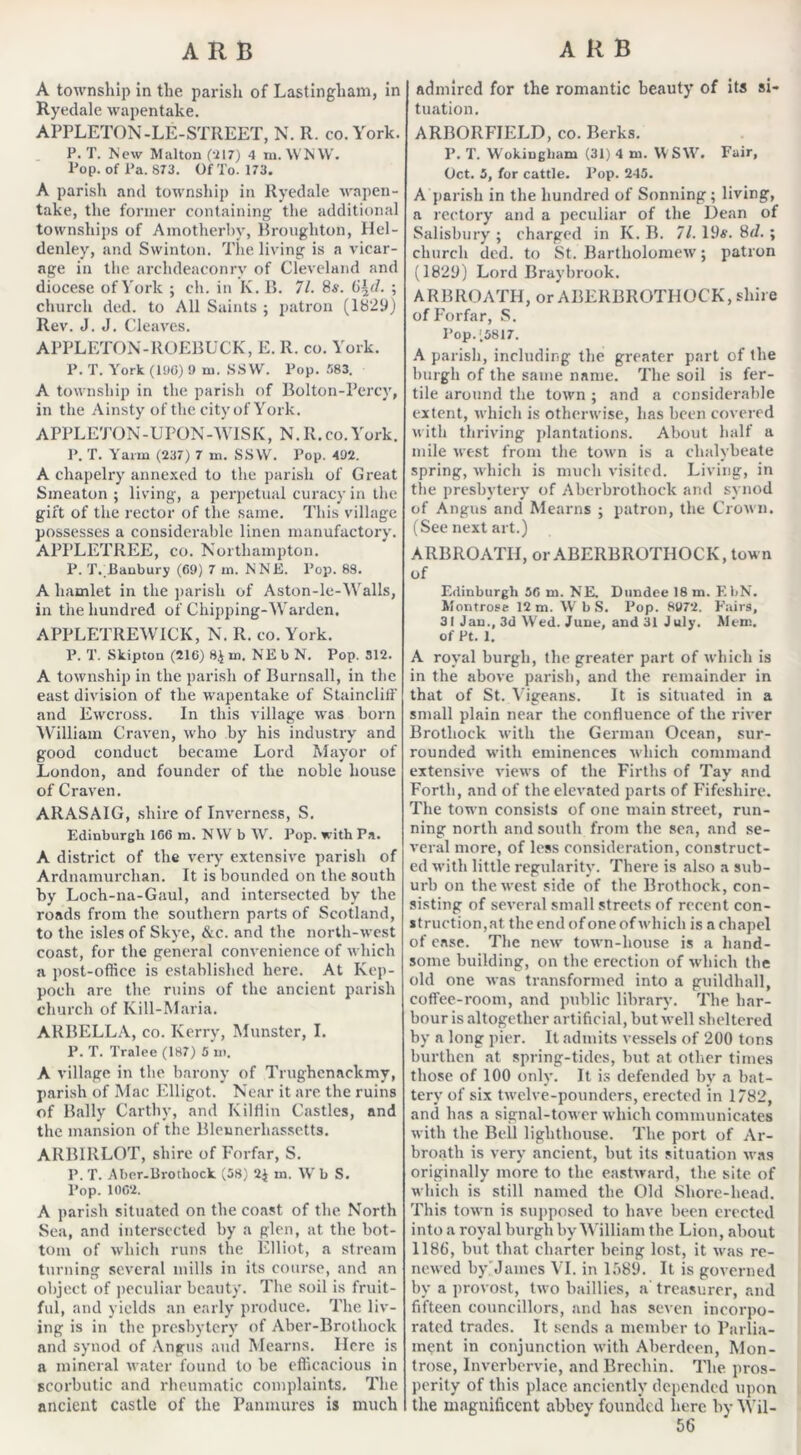 ARB A township in the parish of Lastingliam, in Ryedale wapentake. APPLETON-LE-STREET, N. R. co. York. P. T. New Malton (217) 4 m. WNW. Pop. of Pa. 873. Of To. 173. A parish and township in Ryedale wapen- take, the former containing the additional townships of Amotherby, Broughton, Hel- denley, and Swinton. The liv ing is a vicar- age in the archdeaconry of Cleveland and diocese of York ; ch. in K. B. 71. 8s. 6{d. ; church ded. to All Saints ; patron (1829) Rev. J. J. Cleaves. APPLETON-ROEBUCK, E. R. co. York. P. T. York (196) 9 m. SSW. Pop. 583. A township in the parish of Bolton-Percy, in the Ainsty of the city of York. APPLETON-UPON-WISK, N.R.co.York. P. T. Yarin (237) 7 m. SSW. Pop. 492. A chapelry annexed to the parish of Great Smeaton ; living, a perpetual curacy in the gift of the rector of the same. This village possesses a considerable linen manufactory. APPLETREE, co. Northampton. P. T.,Banbury (69) 7 m. NNE. Pop. 88. A hamlet in the parish of Aston-le-Walls, in the hundred of Chipping-Warden. APPLETREW1CK, N. R. co. York. P. T. Skipton (216) 84 m. NEbN. Pop. 312. A township in the parish of Burnsall, in the east division of the wapentake of Staincliff and Ewcross. In this village was born William Craven, who by his industry and good conduct became Lord Mayor of London, and founder of the noble house of Craven. ARASAIG, shire of Inverness, S. Edinburgh 166 m. NW b W. Pop. with Pa. A district of the very extensive parish of Ardnamurchan. It is bounded on the south by Loch-na-Gaul, and intersected by the roads from the southern parts of Scotland, to the isles of Skye, &c. and the north-west coast, for the general convenience of which a post-oflice is established here. At Kep- poeh are the ruins of the ancient parish church of Kill-Maria. ARBELLA, co. Kerry, Munster, I. P. T. Tralee (187) 5 m. A village in the barony of Trughenaclcmy, parish of Mac Elligot. Near it are the ruins of Bally Carthy, and Kilflin Castles, and the mansion of the Blennerliassetts. ARBIRLOT, shire of Forfar, S. P. T. Aber-Brothock (58) 24 m. W b S. Pop. 1062. A parish situated on the coast of the North Sea, and intersected by a glen, at the bot- tom of which runs the Elliot, a stream turning several mills in its course, and an object of peculiar beauty. The soil is fruit- ful, and yields an early produce. The liv- ing is in the presbytery of Aber-Brothock and synod of Angus and Mearns. Here is a mineral water found to be efficacious in scorbutic and rheumatic complaints. The ancient castle of the Panmures is much ARB admired for the romantic beauty of its si- tuation. ARBORFIELD, co. Berks. P. T. Wokingliam (31) 4 m. WSW. Fair, Oct. 5, for cattle. Pop. 245. A parish in the hundred of Sonning; living, a rectory and a peculiar of the Dean of Salisbury ; charged in K. B. 71. 19*. 8d. ; church ded. to St. Bartholomew; patron (1829) Lord Braybrook. ARBROATH, or ABERBROTHOCK, shire of Forfar, S. Pop. )5817. A parish, including the greater part of the burgh of the same name. The soil is fer- tile around the town ; and a considerable extent, which is otherwise, has been covered with thriving plantations. About half a mile west from the town is a chalybeate spring, which is much visited. Living, in the presbytery of Aberbrothoclc and synod of Angus and Mearns ; patron, the Crown. (See next art.) ARBROATH, or ABERBROTHOCK, town of Edinburgh 56 m. NE. Dundee 18 in. EbN. Montrose 12 m. W b S. Pop. 8972. Fairs, 31 Jan., 3d Wed. June, and 31 July. Mem. of Pt. 1. A royal burgh, the greater part of which is in the above parish, and the remainder in that of St. Vigeans. It is situated in a small plain near the confluence of the river Brotliock with the German Ocean, sur- rounded with eminences which command extensive views of the Firths of Tay and Forth, and of the elevated parts of Fifesliire. The town consists of one main street, run- ning north and south from the sea, and se- veral more, of less consideration, construct- ed with little regularity. There is also a sub- urb on the west side of the Brothock, con- sisting of several small streets of recent con- struction^ the end of one of which is a chapel of case. The new town-house is a hand- some building, on the erection of which the old one was transformed into a guildhall, coffee-room, and public library. The har- bour is altogether artificial, but well sheltered by a long pier. It admits vessels of 200 tons burthen at spring-tides, but at other times those of 100 only. It is defended by a bat- tery of six twelve-pounders, erected in 1782, and has a signal-tower which communicates with the Bell lighthouse. The port of Ar- broath is very ancient, but its situation was originally more to the eastward, the site of which is still named the Old Shore-head. This town is supposed to have been erected into a royal burgh by William the Lion, about 1186, but that charter being lost, it was re- newed by James VI. in 1589. It is governed by a provost, two haillies, a'treasurer, and fifteen councillors, and has seven incorpo- rated trades. It sends a member to Parlia- ment in conjunction with Aberdeen, Mon- trose, Inverbervie, and Brechin. The pros- perity of this place anciently depended upon the magnificent abbey founded here by Wil-