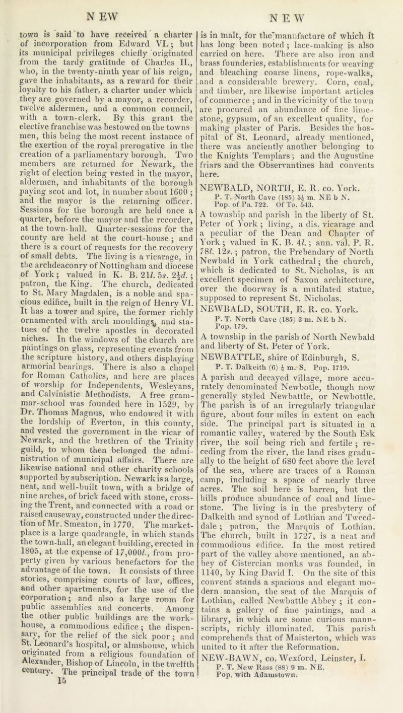 town is said to have received a charter of incorporation from Edward VI.; but its municipal privileges chief!y originated from the tardy gratitude of Charles II., who, in the twenty-ninth year of his reign, gave the inhabitants, as a reward for their loyalty to his father, a charter under which they are governed hv a mayor, a recorder, twelve aldermen, and a common council, with a town-clerk. By this grant the elective franchise was bestowed on the towns men, this being the most recent instance of the exertion of the royal prerogative in the creation of a parliamentary borough. Two members are returned for Newark, the right of election being vested in the mayor, aldermen, and inhabitants of the borough paying scot and lot, in number about KiOO ; and the mayor is the returning officer. Sessions for the borough are held once a quarter, before the mayor and the recorder, at the town-hall. Quarter-sessions for the county are held at the court-house ; and there is a court of requests for the recovery of small debts. The living is a vicarage, in the archdeaconry of Nottingham and diocese of York; valued in K. B. 211. 5s. 2\i. ; patron, the King. The church, dedicated to St. Mary Magdalen, is a noble and spa- cious edifice, built in the reign of Henry VI. It has a tower and spire, the former richly ornamented with arch moulding^ and sta- tues of the twelve apostles in decorated niches. In the window's of the church are paintings on glass, representing events from the scripture history, and others displaying armorial bearings. There is also a chapel for Roman Catholics, and here are places of worship for Independents, Wesleyans, and Calvinistic Methodists. A free gram- mar-school was founded here in 1529, by Dr. Thomas Magnus, who endowed it with the lordship of Everton, in this county, and vested the government in the vicar of Newark, and the brethren of the Trinity guild, to whom then belonged the admi- nistration of municipal affairs. There are likewise national and other charity schools supported by subscription. Newark is a large, neat, and well-built town, with a bridge of nine arches, of brick faced with stone, cross- ing the Trent, and connected with a road or raised causeway, constructed under the direc- tion of Mr. Smeaton, in 1770. The market- place is a large quadrangle, in which stands the town-hall, an elegant building, erected in 1805, at the expense of 17,000/., from pro- perty given by various benefactors for the advantage of the town. It consists of three stories, comprising courts of law, offices, and other apartments, for the use of the corporation; and also a large room for public assemblies and concerts. Among the other public buildings are the work- house, a commodious edilice ; the dispen- sary, for the relief of the sick poor; and St. Leonard’s hospital, or almshouse, which originated from a religious foundation of Alexander, Bishop of Lincoln, in the twelfth century. The principal trade of the town I 15 is in malt, for the'manufacture of which it has long been noted ; lace-making is also carried on here. There are also iron and brass founderies, establishments for weaving and bleaching coarse linens, rope-walks, and a considerable brewery. Corn, coal, and timber, arc likewise important articles of commerce ; and in the vicinity of the town are procured an abundance of fine lime- stone, gypsum, of an excellent quality, for making plaster of Paris. Besides the hos- pital of St. Leonard, already mentioned, there was anciently another belonging to the Knights Templars; and the Augustine friars and the Observantines had convents here. NEWBALD, NORTH, E. R. co. York. P. T. North Cave (1S5) m. NEb N. Pop. of Pa. 722. Of To. 543. A township and parish in the liberty of St. Peter of York ; living, a dis. vicarage and a peculiar of the Dean and Chapter of Y ork ; valued in K. B. 4/.; ann. val. P. R. 78/. 12s. ; patron, the Prebendary of North Newbald in York cathedral; the church, which is dedicated to St. Nicholas, is an excellent specimen of Saxon architecture, over the doorway is a mutilated statue, supposed to represent St. Nicholas. NEWBALD, SOUTH, E. R. co. York. P. T. North Cave (185) 3 m. KE b N. Pop. 179. A township in the parish of North Newbald and liberty of St. Peter of Y'ork. NEWBATTLE, shire of Edinburgh, S, P. T. Dalkeith (C) £ m. S. Pop. 1719. A parish and decayed village, more accu- rately denominated Newbotle, though now generally styled Newbattle, or Newbottle. The parish is of an irregularly triangular figure, about four miles in extent on each side. The principal part is situated in a romantic valley, watered by the South Esk river, the soil being rich and fertile ; re- ceding from the river, the land rises gradu- ally to the height of (>80 feet above the level of the sea, where are traces of a Roman camp, including a space of nearly three acres. The soil here is barren, but the hills produce abundance of coal and lime- stone. The living is in the presbytery of Dalkeith and synod of Lothian and Tweed- dale ; patron, the Marquis of Lothian. The church, built in 1727, is a neat and commodious edifice. In the most retired part of the valley above mentioned, an ab- bey of Cistercian monks was founded, in 1140, by King David I. On the site of this convent stands a spacious and elegant mo- dern mansion, the seat of the Marquis of Lothian, called Newbattle Abbey ; it con- tains a gallery of fine paintings, and a library, in which are some curious manu- scripts, richly illuminated. This parish comprehends that of Maisterton, which was united to it after the Reformation. NEW-BAWN, co. Wexford, Leinster, I. P. T. New Ross (88) 9 m. NE. Pop. with Adamstown.