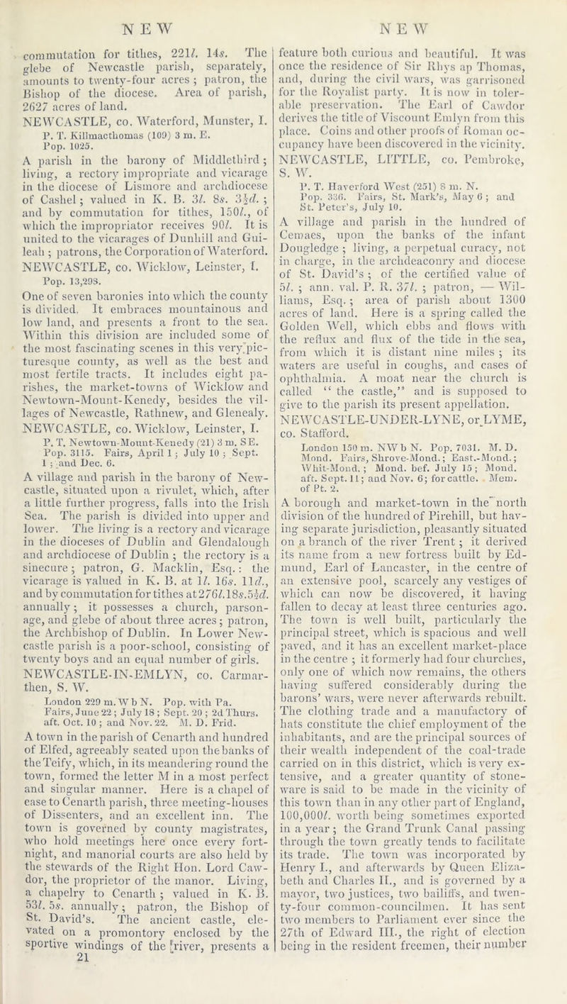 commutation for tithes, 2211. 14a. The glebe of Newcastle parish, separately, amounts to twenty-four acres ; patron, the Bishop of the diocese. Area of parish, 2627 acres of land. NEWCASTLE, co. Waterford, Munster, I. P. T. Killmactliomas (109) 3 m. E. Pop. 1025. A parish in the barony of Middletbird ; living, a rectory impropriate and vicarage in the diocese of Lismore and archdiocese of Cashel; valued in K. B. 3/. 8a. 3td. ; and by commutation for tithes, 150^., of which the impropriator receives 90/. It is united to the vicarages of Dunhill and Gui- leali; patrons, the Corporation of Waterford. NEWCASTLE, co. Wicklow, Leinster, I. Pop. 13,29S. One of seven baronies into which the county is divided. It embraces mountainous and low land, and presents a front to the sea. Within this division are included some of the most fascinating scenes in this very,pic- turesque county, as well as the best and most fertile tracts. It includes eight pa- rishes, the market-towns of Wicklow and Newtown-Mount- Kenedy, besides the vil- lages of Newcastle, Rathnew, and Glenealy. NEWCASTLE, co. Wicklow, Leinster, I. P. T. Newtown-Mount-Keuedy (21) 3 m. SE. Pop. 3115. Fairs, April 1; July 10 ; Sept. 1 ; and Dec. 6. A village and parish in the barony of New- castle, situated upon a rivulet, which, after a little further progress, falls into the Irish Sea. The parish is divided into upper and lower. The living is a rectory and vicarage in the dioceses of Dublin and Glendalough and archdiocese of Dublin ; the rectory is a sinecure; patron, G. Macklin, Esq.: the vicarage is valued in Iv. B. at 1/. 16a. 11c/., and by commutation for tithes at276/.18A.5M. annually; it possesses a church, parson- age, and glebe of about three acres; patron, the Archbishop of Dublin. In Lower New- castle parish is a poor-school, consisting of twenty boys and an equal number of girls. NEWCASTLE-IN-EMLYN, co. Carmar- then, S. W. London 229 ni. Wb N. Pop. with Pa. Fairs, June 22; July 18 ; Sept. 20 ; 2d Thurs. aft. Oct. 10 ; and Nov. 22. JV1. D. Frid. A town in the parish of Cenarth and hundred of Elfed, agreeably seated upon the banks of theTcify, which, in its meandering round the town, formed the letter M in a most perfect and singular manner. Here is a chapel of ease to Cenarth parish, three meeting-houses of Dissenters, and an excellent inn. The town is governed by county magistrates, who hold meetings here once every fort- night, and manorial courts are also held by the stewards of the Right Hon. Lord Caw- dor, the proprietor of the manor. Living, a chapelry to Cenarth ; valued in K. B. 53/. 5s. annually; patron, the Bishop of St. David’s. The ancient castle, ele- vated on a promontory enclosed by the sportive windings of the [river, presents a feature both curious and beautiful. It was once the residence of Sir Rhys ap Thomas, and, during the civil wars, was garrisoned for the Royalist party. It is now in toler- able preservation. The Earl of Cawdor derives the title of Viscount Emlyn from this place. Coins and other proofs of Roman oc- cupancy have been discovered in the vicinity. NEWCASTLE, LITTLE, co. Pembroke, S. W. P. T. Haverford West (251) 8 in. N. Pop. 330. Fairs, St. Mark’s, MayO; and St. Peter’s, July 10. A village and parish in the hundred of Cemaes, upon the banks of the infant Dougledge ; living, a perpetual curacy, not in charge, in the archdeaconry and diocese of St. David’s ; of the certified value of 5/. ; ann. val. P. R. 37/. ; patron, — Wil- liams, Esq.; area of parish about 1300 acres of land. Here is a spring called the Golden Well, which ebbs and flows with the reflux and flux of the tide in the sea, from which it is distant nine miles ; its waters are useful in coughs, and cases of ophthalmia. A moat near the church is called “ the castle,” and is supposed to give to the parish its present appellation. NEWCASTLE-UNDER-.LYNE, or LYME, co. Stafford. Jjondon 150 m. NWb N. Pop. 7031. M. D. Mond. Fairs, Shrove-Mond.; East.-Mond.; Whit-Mond. ; Mond. bef. July 15; Mond. aft. Sept. 11; and Nov. 6; forcattle. Men). of Pt. 2. A borough and market-town in the north division of the hundred of Pirehill, but hav- ing separate jurisdiction, pleasantly situated on a branch of the river Trent ; it derived its name from a new fortress built by Ed- mund, Earl of Lancaster, in the centre of an extensive pool, scarcely any vestiges of which can now be discovered, it having fallen to decay at least three centuries ago. The town is well built, particularly the principal street, which is spacious and well paved, and it has an excellent market-place in the centre ; it formerly had four churches, only one of which now remains, the others having suffered considerably during the barons’ wars, were never afterwards rebuilt. The clothing trade and a manufactory of hats constitute the chief employment of the inhabitants, and are the principal sources of their wealth independent of the coal-trade carried on in this district, which is very ex- tensive, and a greater quantity of stone- ware is said to be made in the vicinity of this town than in any other part of England, 100,000/. worth being sometimes exported in a year ; the Grand Trunk Canal passing through the town greatly tends to facilitate its trade. The town was incorporated by Henry I., and afterwards by Queen Eliza- beth and Charles II., and is governed by a mayor, two justices, two bailiffs, and twen- ty-four coramon-councilmen. It has sent two members to Parliament ever since the 27th of Edward III., the right of election being in the resident freemen, their number