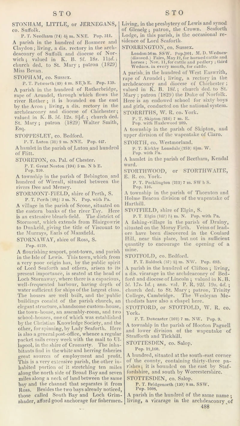 STONHAM, LITTLE, or JERNEGANS, co. Suffolk. P. T. Needham (74) 4.J m. NNE. Pop. 311. A parish in the hundred of Bosmere and Claydon ; living, a dis. rectory in the arch- deaconry of Suffolk and diocese of Nor- wich ; valued in K. B. 9/. 18s. llid.; church ded. to St. Mary ; patron (18211) Miss Bevan, STO PH AM, co. Sussex. P. T. Petworth (49) 4 m. SE_t&gt; E. Pop. 139. A parish in the hundred of Rotherbridge, rape of Arundel, through which flows the river Bother ; it is hounded on the east by the Avon ; living, a dis. rectory in the archdeaconry and diocese of Chichester; valued in K. B. 51. 12s. 8\d. ; church ded. St. Mary; patron (1829) Walter Smith, Esq. STOPPESLEY, co. Bedford. P. T. Luton (31) 2 m. NNE. Pop. 447. A hamlet in the parish of Luton and hundred of Flitt. STO RETON, co. Pal. of Chester. P. T. Great Neston (194) 5 m. N b E. Pop. 220. A township in the parish of Bebington and hundred of Wirrall, situated between the rivers Dee and Mersey. STORMONT-FIELD, shire of Perth, S. P. T. Perth (40^) 3 m. N. Pop. with Pa. A village in the parish of Scone, situated on the eastern banks of the river Tay. Here is an extensive bleach-field. The district of Stormont, which extends from Blairgowrie to Dunkeld, giving the title of Viscount to the Murrays, Earls of Mansfield. STORNAWAY, shire of Ross, S. Pop. 4119. A flourishing seaport, post-town, and parish in the Isle of Lewis. This town, which from a very poor origin has, by the public spirit of Lord Seaforth and others, arisen to its present importance, is seated at the head of Loch Stornaway, where there is a capacious, well-frequented harbour, having depth of water sufficient for ships of the largest class. The houses are well built, and the public buildings consist of the parish church, an elegant structure, a handsome custom-house, the town-house, an assembly-room, and two school-houses, one of which was established by the Christian Knowledge Society, and the other, for spinning, by Lady Seaforth. Here is also a general post-office, whence a regular packet sails every week with the mail to Ul- lapool, in the shire of Cromarty. The inha- bitants find in the white and herring fisheries great sources of employment and profit. This is a very extensive parish, the other in- habited portion of it stretching ten miles along the north side of Broad Bay and seven miles along a neck of land between the same bay and the channel that sepai'ates it from Ross. Besides the two bays already noticed, those called South Bay and Loch Grim- shader, afford good anchorage for fishermen. Living, in the presbytery of Lewis and synod of Glenelg; patron, the Crown. Seaforth Lodge, in this parish, is the occasional re- sidence of Lord Seaforth. STORRINGTON, co. Sussex. London56m SSW. Pop.l901. M. D. Wedues- (disused.) Fairs, May 12, for horned cattle and horses ; Nov. 11, for cattle and pedlery ; third Wednes. in every month, for cattle. A parish.in the hundred of West Easwrith, rape of Arundel; living, a rectory in the archdeaconry and diocese of Chichester ; valued in K. B. 18/.; church ded. to St. Mary ; patron (1829) the Duke of Norfolk. Here is an endowed school for sixty boys and girls, conducted on the national system. STORRITHS, W. R. co. York. P. T. Skipton (216) 7 m. E. Pop. with Hazlewood 209. A township in the parish of Skipton, and upper division of the wapentake of Claro. STORTH, co. Westmorland. P. T. Kirkby Lonsdale_(253 ) 8im. W. Pop. with Pa. A hamlet in the parish of Beetham, Kendal ward. STORTHWOOD, or STORTH WAITE, E. R. co. York. P. T. Pocklington (212) 7 m. SW b S. Pop. 116. A township in the parish of Thornton and Holme Beacon division of the wapentake of Harthill. STOTFIELD, shire of Elgin, S. P. T. Elgin (167) 7$ m. N. Pop. with Pa. A fishing-village in the parish of Drainy, situated on the Moray Firth. Veins of lead- ore have been discovered in the Coulard Hill, near this place, but not in sufficient quantity to encourage the opening of a mine. STOTFOLD, co. Bedford. P. T. Ilaldock (37) 24 tn. NW. Pop. 693. A parish in the hundred of Clifton ; living, a dis. vicarage in the archdeaconry of Bed- ford and diocese of Lincoln ; valued in K. B. 51. 1 7a*. lrZ. ; ann. val. P. R. 92/. 19s. 4t7. ; church ded. to St. Mary ; patron, Trinity College, Cambridge. The Wesleyan Me- thodists have also a chapel here. STOTFORD, or STOTFOLD, W. R. co. York. P. T. Doncaster (162) 7 m. NW. Pop. 9. A township in the parish of Hooton Pagnell and lower division of the wapentake of Strafforth and Tickhill. STOTTESDEN, co. Salop. Pop. 12,160. A hundred, situated at the south-east corner of the county, containing thirty-three pa- rishes; it is bounded on the east by Staf- fordshire, and south by Worcestershire. STOTTESDEN, co. Salop. P. T. Rridgenorth (139) S m. SSW. Pop. 160S. A parish in the hundred of the same name ; living, a vicarage in the archdeaconry of