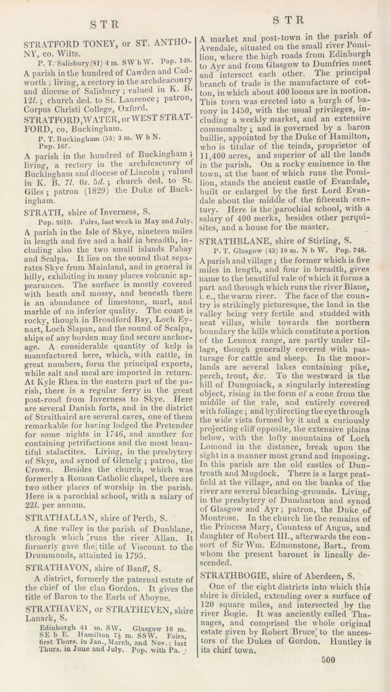 STRATFORD TONEY, or ST. ANTHO- NY, co. Wilts. P. TV Salisbury (SI) 4 m. SWbW. Pop. 148. A parish in the hundred of Cawden and Cad- worth ; living-, a rectory in the archdeaconry and diocese of Salisbury ; valued in Iv. B. 12/. ; church ded. to St. Laurence; patron, Corpus Christi College, Oxford. STRATFORD, WATER, or WEST STRAT- FORD, co. Buckingham. P. T. Buckingham (05) 3 m. W b N. Pop. icr. A parish in the hundred of Buckingham ; living, a rectory in the archdeaconry of Buckingham and diocese of Lincoln ; valued in Iv. B. 71. Os. 5d. ; church ded. to St. Giles ; patron (1829) the Duke of Buck- ingham. STRATH, shire of Inverness, S. Pop. 2619. Fairs, last week in May and July. A parish in the Isle of Skye, nineteen miles in length and live and a half in breadth, in- cluding also the two small islands Pabay and Scalpa. It lies on the sound that sepa- rates Skye from Mainland, and in general is hilly, exhibiting in many places volcanic ap- pearances. The surface is mostly covered with heath and mossy, and beneath there is an abundance of limestone, marl, and marble of an inferior quality. The coast is rocky, though in Broadford Bay, Loch Ey- nart, Loch Slapan, and the sound of Scalpa, ships of any burden may find secure anchor- age. A considerable quantity of kelp is manufactured here, which, with cattle, in great numbers, form the principal exports, while salt and meal are imported in return. At Kyle Rhea in the eastern part of the pa- rish, there is a regular ferry in the great post-road from Inverness to Skye. Here are several Danish forts, and in the district of Straithaird are several caves, one of them remarkable for having lodged the Pretender for some nights in 1746, and another for containing petrifactions and the most beau- tiful stalactites. Living, in the presbytery of Skye, and synod of Glenelg ; patron, the Crown. Besides the church, which was formerly a Roman Catholic chapel, there are two other places of worship in the parish. Here is a parochial school, with a salary of 22/. per annum. STRATHALLAN, shire of Perth, S. A fine valley in the parish of Dunblane, through which runs the river Allan. It formerly gave the; title of Viscount to the Drummonds, attainted in 1795. STRATHAVON, shire of Banlf, S. A district, formerly the paternal estate of the chief of the clan Gordon. It gives the title of Baron to the Earls of Aboyne. STRATHAVEN, or STRATHEVEN, shire Lanark, S. Edinburgh 44 in. SW. Glasgow 16 m. SE b E. Hamilton 7t^ m. SSW. Fairs, first Thors, in Jan., March, and Nov.; last Tlmrs, in June and July. Pop. with Pa. _t STR A market and post-town in the parish of Avendale, situated on the small river 1 omi- lion, where the high roads from Edinburgh to Ayr and from Glasgow to Dumfries meet and intersect each other. The principal branch of trade is the manufacture of cot- ton, in which about 400 looms are in motion. This town was erected into a burgh of ba- rony in 1450, with the usual privileges, in- cluding a weekly market, and an extensive commonalty ; and is governed by a baron baillie, appointed by the Duke of Hamilton, who is titular of the teinds, proprietor of 11,400 acres, and superior of all the lands in the parish. On a rocky eminence in the town, at the base of which runs the Pomi- lion, stands the ancient castle of Evandale, built or enlarged by the first Lord Evan- dale about the middle of the fifteenth cen- tury. Here is the jparochial school, with a salary of 400 merks, besides other perqui- sites, and a house for the master. STRATHBLANE, shire of Stirling, S. P. T. Glasgow (43) 10 ni. N b W. Pop. 748. A parish and village; the former which is five miles in length, and four in breadth, gives name to the beautiful vale of which it forms a part and through which runs the river Blane, i. e., the warm river. The face of the coun- try is strikingly picturesque, the land in the valley being very fertile and studded with neat villas, while towards the northern boundary the hills which constitute a portion of the Lennox range, are partly under til- lage, though generally covered with pas- turage for cattle and sheep. In the moor- lands are several lakes containing pike, perch, trout, &amp;c. To the westward is the hill of Dumgoiack, a singularly interesting object, rising in the form of a cone from the middle of the vale, and entirely covered with foliage; and by directing the eye through the wide vista formed by it and a curiously projecting cliff opposite, the extensive plains below, with the lofty mountains of Loch Lomond in the distance, break upon the sight in a manner most grand and imposing. In this parish are the old castles of Dun- treath and Mugdock. There is a large peat- field at the village, and on the banks of the river are several bleaching-gi-ounds. Living, in the presbytery of Dumbarton and synod of Glasgow and Ayr; patron, the Duke of Montrose. In the church lie the remains of the Princess Mary, Countess of Angus, and daughter of Robert III., afterwards the con- sort of SirWm. Edmonstone, Bart., from whom the present baronet is lineally de- scended. STRATHBOGIE, shire of Aberdeen, S. One of the eight districts into which this shire is divided, extending over a surface of 120 square miles, and intersected by the river Bogie. It was anciently called Tha- nages, and comprised the whole original estate given by Robert Bruce) to the ances- tors of the Dukes of Gordon. Huntley is its chief town.