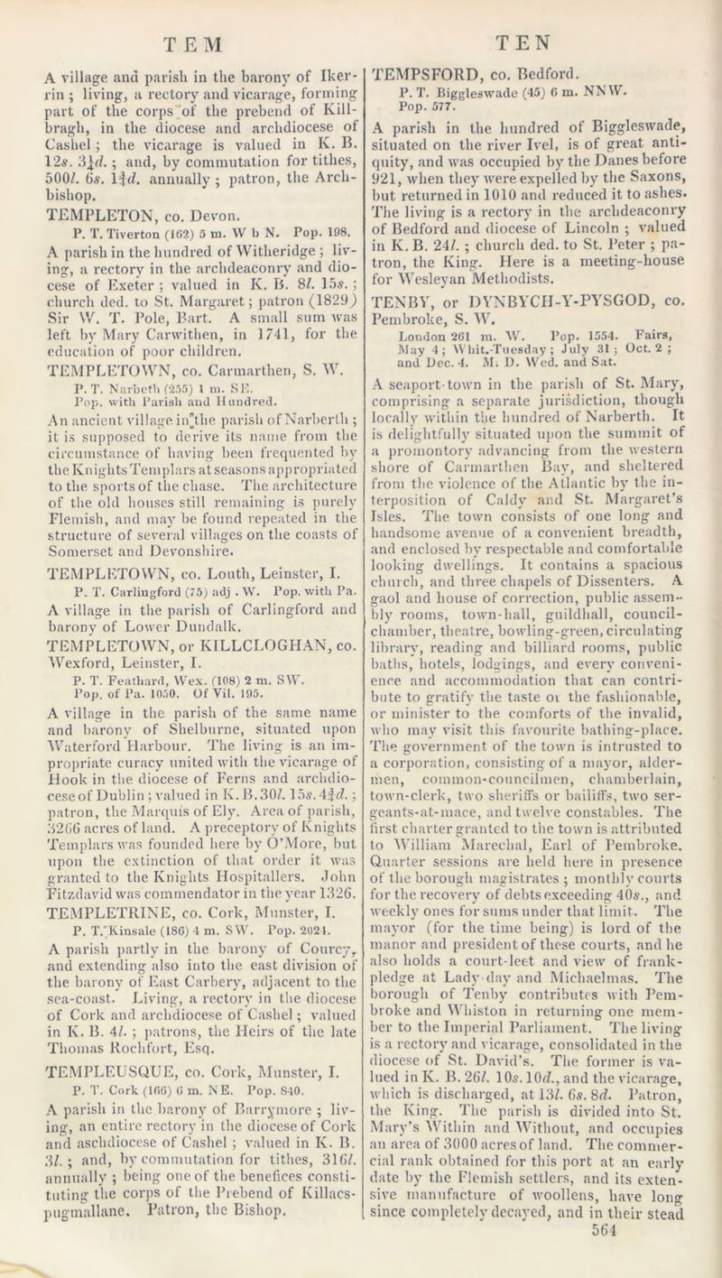 A village and parish in the barony of Iker- rin ; living, a rectory and vicarage, forming part of the corps of the prebend of Kill- bragh, in the diocese and archdiocese of Cashel ; the vicarage is valued in K. B. 12s. 3Id.; and, by commutation for tithes, 500/. 6s. 1 $d. annually ; patron, the Arch- bishop. TEMPLETON, co. Devon. P. T. Tiverton (16?) 5 m. W b N. Pop. 198. A parish in the hundred of Witheridge; liv- ing, a rectory in the archdeaconry and dio- cese of Exeter; valued in K. B. 81. 15s.; church ded. to St. Margaret; patron (1829,) Sir W. T. Pole, Bart. A small sum was left by Mary Carwithen, in 1741, for the education of poor children. TEMPLETOWN, co. Carmarthen, S. W. P. T. Narbeth (-255) 1 m. SE. Pop. with Parish and Hundred. An ancient village in*the parish of Narberth ; it is supposed to derive its name from the circumstance of having been frequented by the Knights Templars at seasons appropriated to the sports of the chase. The architecture of the old houses still remaining is purely Flemish, and may be found repeated in the structure of several villages on the coasts of Somerset and Devonshire. TEMPLETOWN, co. Louth, Leinster, I. P. T. Carlingford (75) adj . W. Pop. with Pa. A village in the parish of Carlingford and barony of Lower Dundalk. TEMPLETOWN, or KILLCLOGHAN, co. Wexford, Leinster, I. P. T. Feathard, Wex. (108) 2 m. SW. Pop. of Pa. 1050. Of Vil. 195. A village in the parish of the same name and barony of Shelburne, situated upon Waterford Harbour. The living is an im- propriate curacy united with the vicarage of Hook in the diocese of Ferns and archdio- cese of Dublin; valued in K. B.30Z. 15s.4f7.; patron, the Marquis of Ely. Area of parish, 3266 acres of land. A preceptory of Knights Templars was founded here by O’More, but upon the extinction of that order it was granted to the Knights Hospitallers. John Fitzdavid was commendator in the year 1326. TEMPLETRINE, co. Cork, Munster, I. P. T.Kinsale (180) 4 m. SW. Pop. 2021. A parish partly in the barony of Courcyr and extending also into the east division of the barony of East Carbery, adjacent to the sea-coast. Living, a rectory in the diocese of Cork and archdiocese of Cashel; valued in K. B. 41. ; patrons, the Heirs of the late Thomas Rochfort, Esq. TEMPLEUSQUE, co. Cork, Munster, I. P. T. Cork (166) 6 m. ME. Pop. S40. A parish in the barony of Barrymore ; liv- ing, an entire rectory in the diocese of Cork and aschdiocese of Cashel ; valued in K. B. 3/.; and, by commutation for tithes, 3167. annually ; being one of the benefices consti- tuting the corps of the Prebend of Killacs- pugmallane. Patron, the Bishop. TEMPSFORD, co. Bedford. P. T. Biggleswade (45) 6 m. NN W. Pop. 577. A parish in the hundred of Biggleswade, situated on the river Ivel, is of great anti- quity, and was occupied by the Danes before 921, when they were expelled by the Saxons, but returned in 1010 and reduced it to ashes. The living is a rectory in the archdeaconry of Bedford and diocese of Lincoln ; valued in Iv. B. 24/. ; church ded. to St. Peter ; pa- tron, the King. Here is a meeting-house for Wesleyan Methodists. TENBY, or DYNBYCH-Y-PYSGOD, co. Pembroke, S. W. London 261 m. W. Pop. 1554. Fairs, Way 4; Wliit.-Tuesday; July 31; Oct. 2 ; and Dec. 4. M. D. Wed. and Sat. A seaport-town in the parish of St. Mary, comprising a separate jurisdiction, though locally within the hundred of Narberth. It is delightfully situated upon the summit of a promontory advancing from the western shore of Carmarthen Bay, and sheltered from the violence of the Atlantic by the in- terposition of Caldy and St. Margaret’s Isles. The town consists of one long and handsome avenue of a convenient breadth, and enclosed by respectable and comfortable looking dwellings. It contains a spacious church, and three chapels of Dissenters. A gaol and house of correction, public assem- bly rooms, town-hall, guildhall, council- chamber, theatre, bowling-green, circulating library, reading and billiard rooms, public baths, hotels, lodgings, and every conveni- ence and accommodation that can contri- bute to gratify the taste oi the fashionable, or minister to the comforts of the invalid, who may visit this favourite bathing-place. The government of the town is intrusted to a corporation, consisting of a mayor, aider- men, common-councilmen, chamberlain, town-clerk, two sheriffs or bailiffs, two ser- geants-at-mace, and twelve constables. The first charter granted to the town is attributed to William Mareelial, Earl of Pembroke. Quarter sessions are held here in presence of the borough magistrates ; monthly courts for the recovery of debts exceeding 40s., and weekly ones for sums under that limit. The mayor (for the time being) is lord of the manor and president of these courts, and he also holds a court-leet and view of frank- pledge at Lady-day and Michaelmas. The borough of Tenby contributes with Pem- broke and Whiston in returning one mem- ber to the Imperial Parliament. The living is a rectory and vicarage, consolidated in the diocese of St. David’s. The former is va- lued in K. B. 26/. 10,?. 107., and the vicarage, which is discharged, at 13/. 6.?. 87. Patron, the King. The parish is divided into St. Mary’s Within and Without, and occupies an area of 3000 acres of land. The commer- cial rank obtained for this port at an early date by the Flemish settlers, and its exten- sive manufacture of woollens, have long since completely decayed, and in their stead