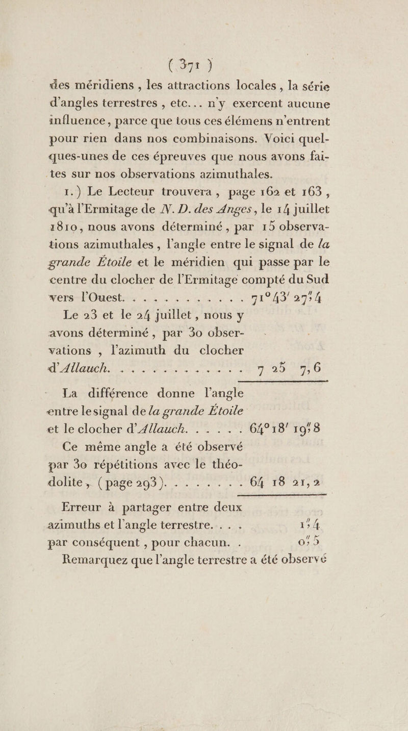 des méridiens , les attractions locales , la série d'angles terrestres , etc... n'y exercent aucune influence, parce que tous ces élémens n’entrent pour rien dans nos combinaisons. Voici quel- ques-unes de ces épreuves que nous avons fai- tes sur nos observations azimuthales. 1.) Le Lecteur trouvera, page 162 et 163, qu'à l'Ermitage de N. D. des Anges, le 14 juillet 1810, nous avons déterminé, par 15 observa- tions azimuthales , l'angle entre le signal de /a grande Étoile et le méridien qui passe par le centre du clocher de l’'Ermitage compté du Sud weta-l'Ouest. .: .. 1... #1043' 274 Le 23 et le 24 juillet, nous y avons déterminé, par 30 obser- vations , l’azimuth du clocher PET à MON RNT: ele tai 70 Ta différence donne l'angle entre lesignal de /a grande Étoile et le clocher d’Allauch. . . . . : 64°18' 198 Ce même angle à été observé par 30 répétitions avec le théo- dome Da8e 209)... - + OJ 10 21,2 Erreur à partager entre deux azimuths et l'angle terrestre. . . . 15 4 par conséquent , pour chacun. . 059 Remarquez que l'angle terrestre a été observé S