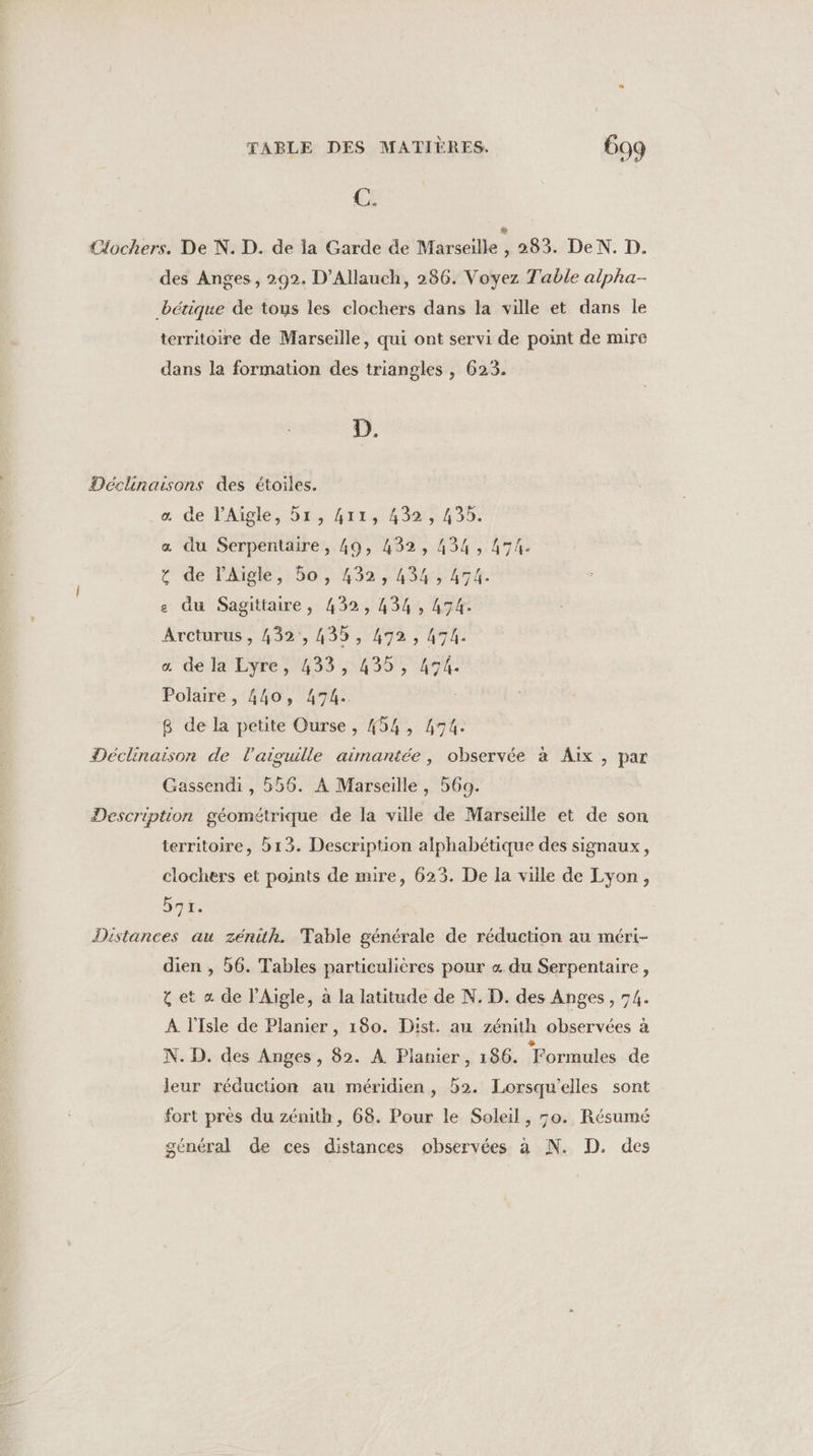 C. €lochers. De N. D. de la Garde de Marsaille : 283. DeN. D. des Anges, 292. D’Allauch, 286. Voyez Table alpha- béaque de tous les clochers dans la ville et dans le territoire de Marseille, qui ont servi de point de mire dans la formation des triangles , 623. D. Déclinaisons des étoiles. « de l’Aïgle, dr, 411, 432, 439. æ« du Serpentaire, 49, 432, 434, 474. t de lAigle, 50, 432,434, 474. e du Sagittaire, 432, 434, 474: Arcturüs, 432, 435, 492, 474. « de la Lyre, 433, 435, 474. Polaire , 440, 474. 8 de la petite Ourse, 454, 474. Déclinaison de l'aiguille aimantée, observée à Aix, par Gassendi , 556. À Marseille, 569. Description géométrique de la ville de Marseille et de son territoire, b13. Description alphabétique des signaux, clochers et points de mire, 623. De la ville de Lyon, bar, Distances au zénüh. Table générale de réduction au méri- dien , 56. Tables particulières pour « du Serpentaire , 4 et « de l’Aïgle, à la latitude de N. D. des Anges, 74. À l'Isle de Planier , 180. Dist. au zénith observées à N. D. des Anges , 82. À Pianier, 186. Formules de leur réduction au méridien, b2. Lorsqu'elles sont fort près du zénith, 68. Pour le Soleil, 50. Résumé général de ces distances observées à N. D. des