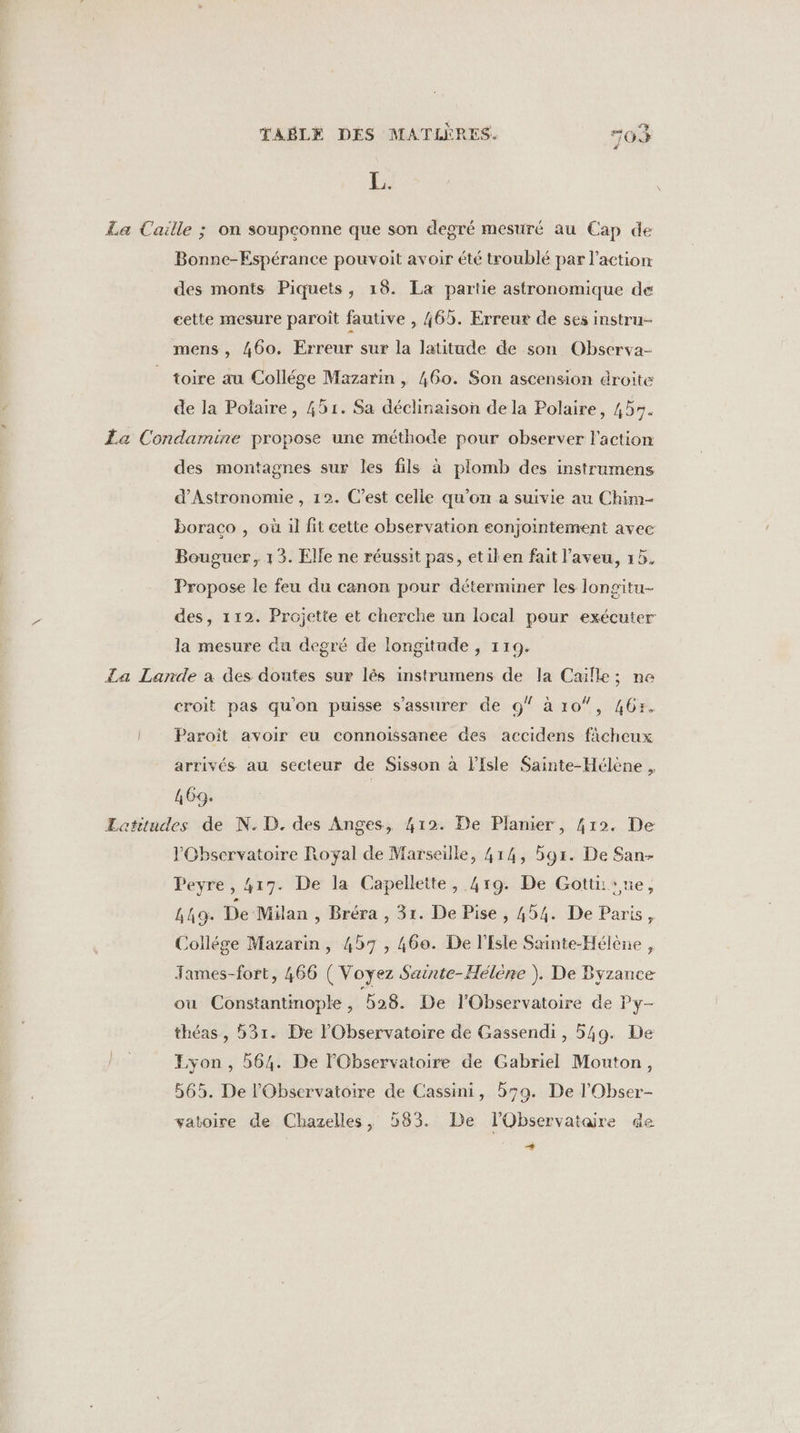 Li La Caille ; on soupconne que son degré mesuré au Cap de Bonne-Espérance pouvoit avoir été troublé par l’action des monts Piquets, 18. La partie astronomique de eette mesure paroît fautive , 465. Erreur de ses instru- mens , 460. Erreur sur la latitude de son Observa- toire au Collége Mazarin , 460. Son ascension droite de la Polaire , 451. Sa déclinaison de la Polaire, 457. La Condarnine propose une méthode pour observer l'action des montagnes sur les fils à plomb des instrumens d’Astronomie , 12. C’est celle qu’on a suivie au Chim- boraco , où il fit cette observation eonjointement avec Bouguer, 13. Elle ne réussit pas, etilen fait l’aveu, 15. Propose le feu du canon pour déterminer les longitu- des, 112. Projette et cherche un local pour exécuter la mesure du degré de longitude , 119. La Lande a des doutes sur lés instrumens de la Caille; ne croit pas qu'on puisse s'assurer de g à 107, 46+. | Paroït avoir eu connoïissanee des accidens fàcheux arrivés au secteur de Sisson à l'Isle Sainte-Hélène , 469. Eatitudes de N. D. des Anges, 412. De Planier, 419. De l'Observatoire Royal de Marseille, 414, gr. De San- Peyre , 417. De la Capellette, 419. De Gottü ue, k49. De Milan , Bréra , 31. De Pise , 454. De Paris, Collége Mazarin, 457 , 46e. De l'Esle Sainte-Hélène , James-fort, 466 ( Voyez Sainte-Hélène ). De Byzance ou Constantinople, 528. De l'Observatoire de Py- théas, 531. De l'Observatoire de Gassendi, 549. De Lyon, 564. De l'Observatoire de Gabriel Mouton, 565. De l'Observatoire de Cassini, 579. De l'Obser- vatoire de Chazelles, 583. De lObservataire de +