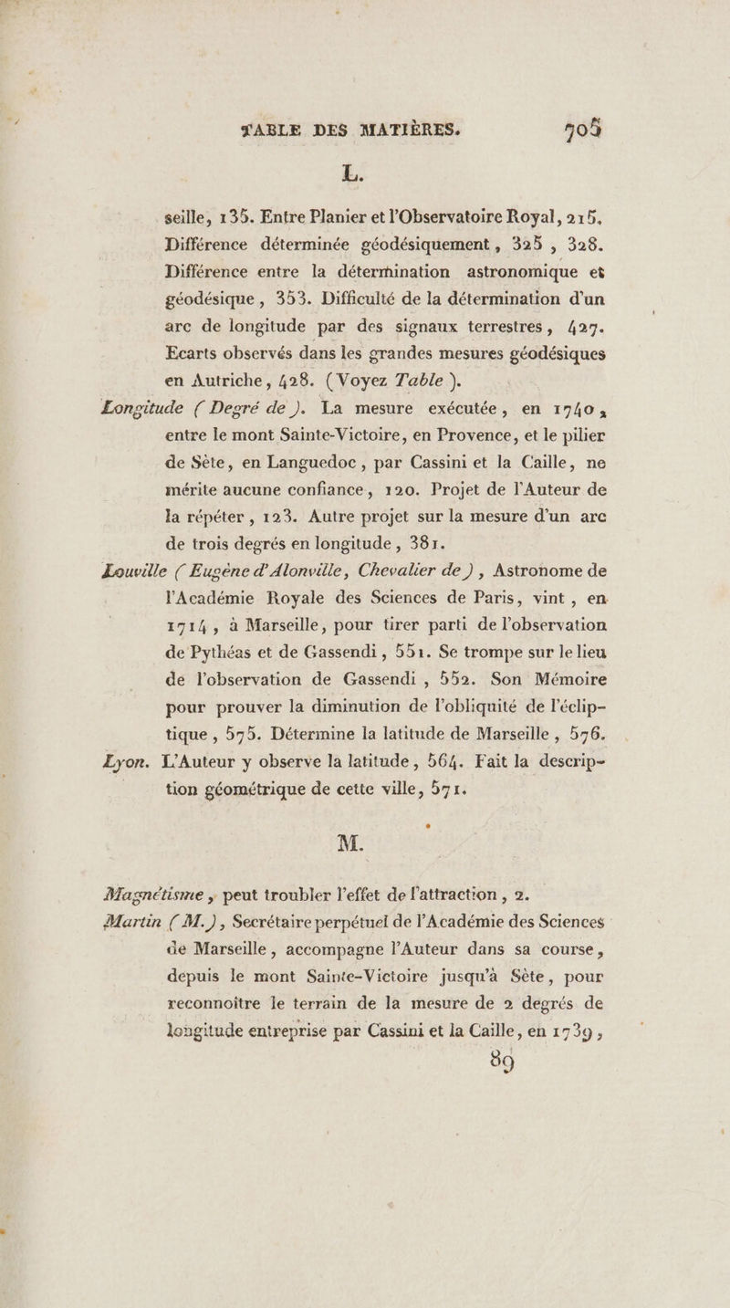 L. _seille, 135. Entre Planier et l'Observatoire Royal, 216, Différence déterminée géodésiquement , 325 , 328. Différence entre la détermination astronomique et géodésique, 353. Difficulté de la détermination d'un arc de longitude par des signaux terrestres, 427. Ecarts observés dans les grandes mesures géodésiques en Autriche, 428. (Voyez Table ). | Longitude ( Degré de ). La mesure exécutée, en 1740 à entre le mont Sainte-Victoire, en Provence, et le pilier de Sète, en Languedoc, par Cassini et la Caille, ne mérite aucune confiance, 120. Projet de l’Auteur de la répéter , 123. Autre projet sur la mesure d’un arc de trois degrés en longitude , 387. Æouville ( Eugène d’Alonville, Chevalier de), Astronome de l'Académie Royale des Sciences de Paris, vint, en 1914, à Marseille, pour tirer parti de l'observation de Pythéas et de Gassendi, 551. Se trompe sur le lieu dé l'observation de Gassendi , 552. Son Mémoire pour prouver la diminution de l’obliquité de l’éclip- tique , 75. Détermine la latitude de Marseille , 576. Lyon. L'Auteur y observe la latitude, 564. Fait la descrip- tion géométrique de cette ville, 571. M. Magnétisme ; peut troubler l'effet de l'attraction , 2. Martin ( M.) , Secrétaire perpétuel de l'Académie des Sciences de Marseille, accompagne l’Auteur dans sa course, dépuis le mont Sainte-Victoire jusqu’à Sète, pour reconnoître le terrain de la mesure de 2 degrés de longitude entreprise par Cassini et la Caïlle, en 1739, 8)