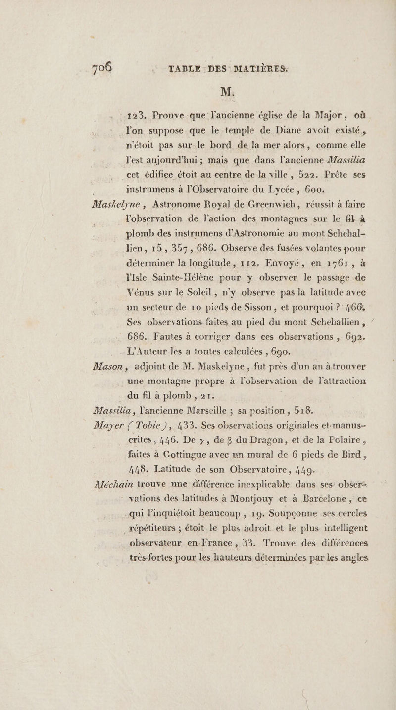 M. 123. Prouve que l’ancienne église de la Major, où lon suppose que le temple de Diane avoit existé, n'étoit pas sur le bord de la mer alors, comme elle l'est aujourd’hui ; mais que dans l’ancienne Massilia cet édifice étoit au centre de la ville , 522. Prète ses instrumens à l'Observatoire du Lycée, 600. Mask elyne , Astronome Royal de Greenwich, réussit à faire l'observation de l'action des montagnes sur le #1 à plomb des instrumens d’Astronomie au mont Schehal- lien, 15, 357, 686. Observe des fusées volantes pour déterminer la longitude , 112. Envoyé, en 1761, à Tsle Sainte-Xélène pour y observer le passage de Vénus sur le Soleil, n’y observe pas la latitude avec un secteur de 10 pieds de Sisson, et pourquoi ? 466, Ses observations faites au pied du mont Schehallien , ” 686. Fautes à corriger dans ees observations , 692. L'Auteur les a toutes calculées , 690. Mason, adjoint de M. Maskelyne , fut près d’un an atrouver une montagne propre à l'observation de l'attraction du fil à plomb , 21. Massilia, l'ancienne Marseille ; sa position, 518. Mayer ( Tobre ), 433. Ses observations originales et:manus- crites , 446. De y, de R du Dragon, et de la Pclaire, faites à Gottingue avec un mural de 6 pieds de Bird, 448. Latitude de son Observatoire, 449. Aléchain trouve une différence inexplicabte dans ses: obser- vations des latitudes à Montjouy et à Barcelone, ce qui l’inquiétoit beaucoup , 19. Soupconne ses cercles _répétiteurs ; étoit le plus adroit et le plus intelligent observateur en-France, 33. Trouve des difiérences très-fortes pour les hauteurs déterminées par les angles