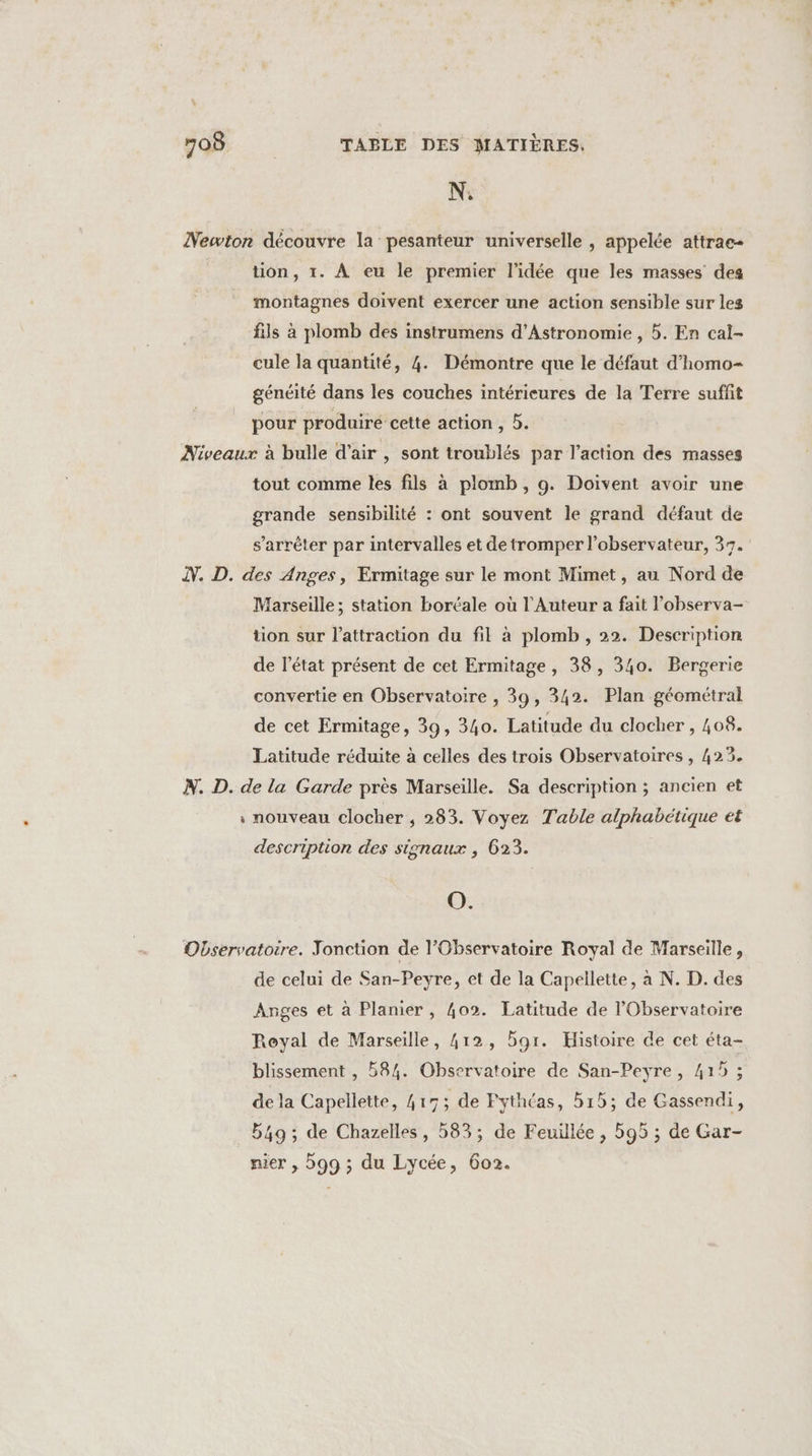 N:. Newton découvre la pesanteur universelle , appelée attrae- tion, 1. À eu le premier l’idée que les masses des montagnes doivent exercer une action sensible sur les fils à plomb des instrumens d’Astronomie , 5. En cal- cule la quantité, 4. Démontre que le défaut d’homo- généité dans les couches intérieures de la Terre suffit pour produire cette action , 5. Niveaux à bulle d'air , sont troublés par l’action des masses tout comme les fils à plomb, g. Doivent avoir une grande sensibilité : ont souvent le grand défaut de s'arrêter par intervalles et de tromper l’observateur, 37. N. D. des Anges, Ermitage sur le mont Mimet, au Nord de Marseille; station boréale où l'Auteur a fait l’'observa- tion sur l'attraction du fil à plomb , 22. Description de l’état présent de cet Ermitage , 38, 340. Bergerie convertie en Observatoire , 39, 342. Plan géométral de cet Ermitage, 39, 340. Latitude du clocher , 408. Latitude réduite à celles des trois Observatoires , 423. N. D. de la Garde près Marseille. Sa description ; ancien et , nouveau clocher , 283. Voyez Table alphabétique et description des signaux , 623. O. Observatoire. Jonction de l’Gbservatoire Royal de Marseille, de celui de San-Peyre, et de la Capellette, à N. D. des Anges et à Planier, 402. Latitude de lObservatoire Royal de Marseille, 412, bgr. Histoire de cet éta- blissement , 584. Observatoire de San-Peyre , 415 ; de la Capellette, 417; de Fythéas, 515; de Gassendi, b49 ; de Chazelles, 583; de Feuillée, 595 ; de Gar- nier , b99 ; du Lycée, 602.