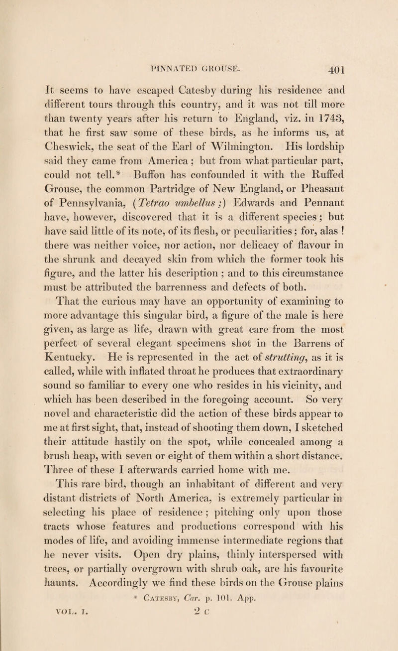 It seems to have escaped Catesby during his residence and different tours through this country, and it was not till more than twenty years after his return to England, viz. in 1743, that he first saw some of these birds, as he informs us, at Cheswick, the seat of the Earl of Wilmington. His lordship said they came from America ; but from what particular part, could not tell.* Buffon has confounded it with the Ruffed Grouse, the common Partridge of New England, or Pheasant of Pennsylvania, (Tetrao umbellus;) Edwards and Pennant have, however, discovered that it is a different species; but have said little of its note, of its flesh, or peculiarities; for, alas ! there was neither voice, nor action, nor delicacy of flavour in the shrunk and decayed skin from which the former took his figure, and the latter his description ; and to this circumstance must be attributed the barrenness and defects of both. That the curious may have an opportunity of examining to more advantage this singular bird, a figure of the male is here given, as large as life, drawn with great care from the most perfect of several elegant specimens shot in the Barrens of Kentucky. He is represented in the act of strutting, as it is called, while with inflated throat he produces that extraordinary sound so familiar to every one who resides in his vicinity, and which has been described in the foregoing account. So very novel and characteristic did the action of these birds appear to me at first sight, that, instead of shooting them down, I sketched their attitude hastily on the spot, while concealed among a brush heap, with seven or eight of them within a short distance. Three of these I afterwards carried home with me. This rare bird, though an inhabitant of different and very distant districts of North America, is extremely particular in selecting his place of residence ; pitching only upon those tracts whose features and productions correspond with his modes of life, and avoiding immense intermediate regions that he never visits. Open dry plains, thinly interspersed with trees, or partially overgrown with shrub oak, are his favourite haunts. Accordingly we find these birds on the Grouse plains * Catesby, Car. p. 101. App. 2 c VOL. I.