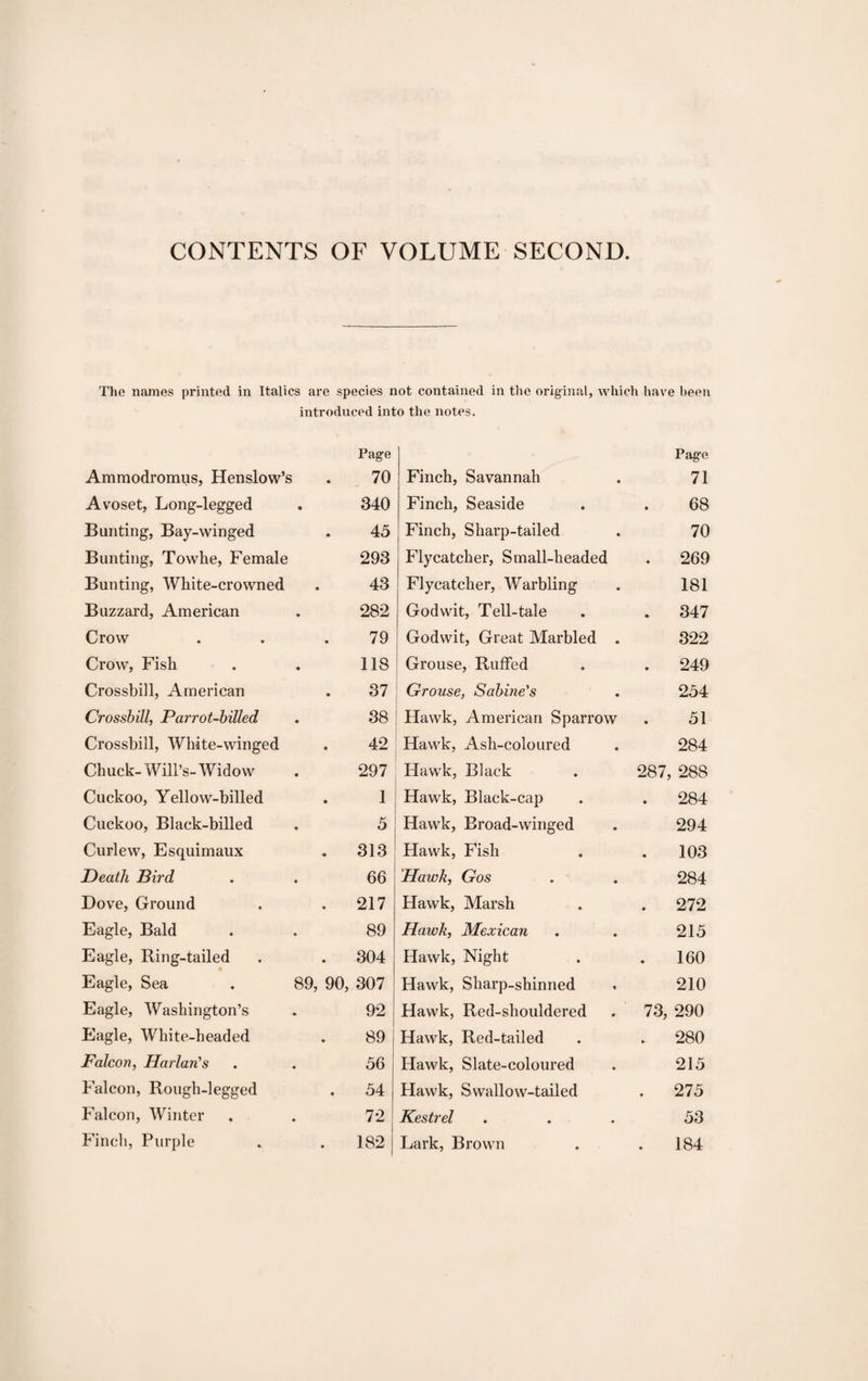CONTENTS OF VOLUME SECOND. The names printed in Italics are species not contained in the original, which have been introduced into the notes. Ammodromus, Henslow’s Page 70 Finch, Savannah Page 71 Avoset, Long-legged 340 Finch, Seaside • 68 Bunting, Bay-winged 45 Finch, Sharp-tailed 70 Bunting, Towhe, Female 293 Flycatcher, Small-headed • 269 Bunting, White-crowned 43 Flycatcher, Warbling 181 Buzzard, American 282 God wit, Tell-tale • 347 Crow 79 Godwit, Great Marbled . 322 Crow, Fish 118 Grouse, Ruffed • 249 Crossbill, American 37 Grouse, Sabine's 254 Crossbill, Parrot-billed 38 Hawk, American Sparrow • 51 Crossbill, White-winged 42 Hawk, Ash-coloured 284 Chuck-Will’s-Widow 297 Hawk, Black 287, 288 Cuckoo, Yellow-billed 1 Hawk, Black-cap • 284 Cuckoo, Black-billed 5 Hawk, Broad-winged 294 Curlew, Esquimaux . 313 Hawk, Fish • 103 Death Bird 66 Hawk, Gos 284 Dove, Ground . 217 Hawk, Marsh • 272 Eagle, Bald 89 Hawk, Mexican 215 Eagle, Ring-tailed . 304 Hawk, Night • 160 Eagle, Sea . 89, 90, 307 Hawk, Sharp-shinned 210 Eagle, Washington’s 92 Hawk, Red-shouldered 73, 290 Eagle, White-headed 89 Hawk, Red-tailed •- 280 Falcon, Harlan's 56 Hawk, Slate-coloured 215 Falcon, Rough-legged . 54 Hawk, Swallow-tailed • 275 Falcon, Winter 72 Kestrel 53 Finch, Purple 182 Lark, Brown • 184