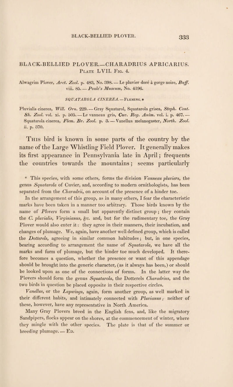 BLACK-BELLIED PLOVER_CHARADRIUS APRICARIUS. Plate LVIL Fig. 4. Alwagrim Plover, Arct. Zool. p. 483, No. 398. — Le pluvier dore a gorge noire, Buff. viii. 85. — Beale's Museum, No. 4196. SQUATAROLA CINEREA.—Yh^umo.* Pluvialis cinerea, Will. Orn. 229.'—Gray Squatarol, Squatarola grisea, Steph. Cont. Sh. Zool. vol. xi. p. 505. — Le vanneau gris, Cuv. Reg. Anim. vol. i. p. 467.— Squatarola cinerea, Flem. Br. Zool. p. 3-Vanellus melanogaster, North. Zool. ii. p. 370. This bird is known in some parts of the country by the name of the Large Whistling Field Plover. It generally makes its first appearance in Pennsylvania late in April; frequents the countries towards the mountains; seems particularly * This species, with some others, forms the division Vanneau pluviers, the genus Squatarola of Cuvier, and, according to modern ornithologists, has been separated from the Charadrii, on account of the presence of a hinder toe. In the arrangement of this group, as in many others, I fear the characteristic marks have been taken in a manner too arbitrary. Those birds known by the name of Plovers form a small but apparently distinct group ; they contain the C. pluvialis, Virginianus, Sfc. and, but for the rudimentary toe, the Gray Plover would also enter it: they agree in their manners, their incubation, and changes of plumage. We, again, have another well defined group, which is called the Dotterels, agreeing in similar common habitudes; but, in one species, bearing according to arrangement the name of Squatarola, we have all the marks and form of plumage, but the hinder toe much developed. It there¬ fore becomes a question, whether the presence or want of this appendage should be brought into the generic character, (as it always has been,) or should be looked upon as one of the connections of forms. In the latter way the Plovers should form the genus Squatarola, the Dotterels Charadrius, and the two birds in question be placed opposite in their respective circles. Vanellus, or the Lapwings, again, form another group, as well marked in their different habits, and intimately connected with Pluvianus; neither of these, however, have any representative in North America. Many Gray Plovers breed in the English fens, and, like the migratory Sandpipers, flocks appear on the shores, at the commencement of winter, where they mingle with the other species. The plate is that of the summer or breeding plumage— Ed.