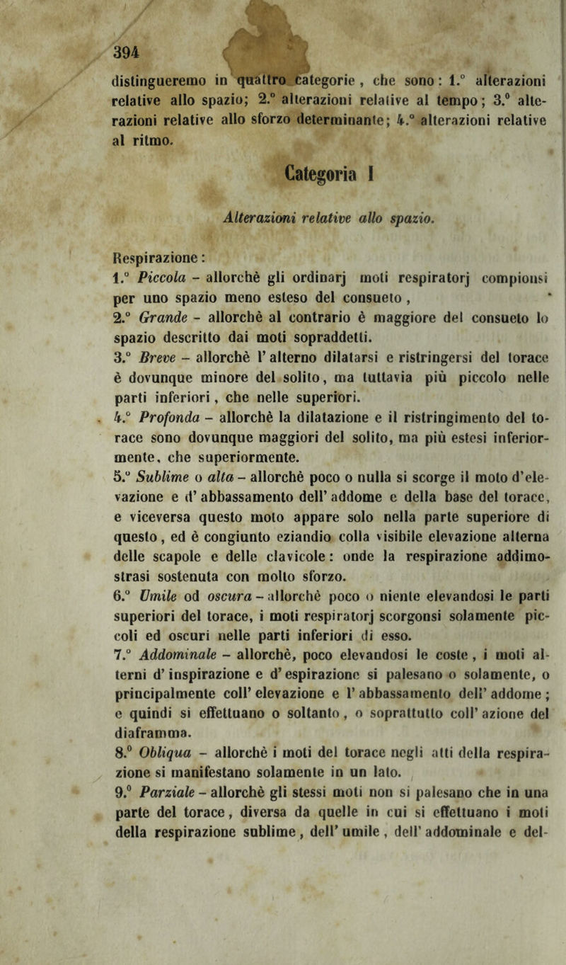 distingueremo in quattro categorie , che sono : l.° alterazioni relative allo spazio; 2.” alterazioni relative al tempo ; 3.® alte- razioni relative allo sforzo determinante; 4.° alterazioni relative al ritmo. Categoria I Alterazioni relative allo spazio. Respirazione : 1. ° Piccola - allorché gli ordinarj moli respiratorj compionsi per uno spazio meno esteso del consueto, 2. ° Grande - allorché al contrario è maggiore del consueto lo spazio descritto dai moti sopraddetti. 3. ° Breve - allorché V alterno dilatarsi e ristringersi del torace è dovunque minore del solilo, ma tuttavia più piccolo nelle parti inferiori, che nelle superiori. 4. ° Profonda - allorché la dilatazione e il ristringimento del to- race sono dovunque maggiori del solito, ma più estesi inferior- mente, che superiormente. 5. “ Sublime o alta - allorché poco o nulla si scorge il molo d’ele- vazione e d’abbassamento dell’addome c della base del torace, e viceversa questo molo appare solo nella parte superiore di questo, ed è congiunto eziandio colla visibile elevazione alterna delle scapole e delle clavicole : onde la respirazione addimo- strasi sostenuta con mollo sforzo. 6. “ Umile od oscwra - allorché poco o niente elevandosi le parli superiori del torace, i moli respiratorj scorgonsi solamente pic- coli ed oscuri nelle parti inferiori di esso. 7. ® Addominale - allorché, poco elevandosi le coste, i moli al- terni d’inspirazione e d’espirazione si palesano o solamente, o principalmente coll’ elevazione e l’abbassamento delì’ addome ; c quindi si effettuano o soltanto, o soprattutto coll’ azione del diaframma. 8. ® Obliqua - allorché i moti del torace negli atti della respira- zione si manifestano solamente in un lato. , 9. ® Parziale - allorché gli stessi moti non si palesano che in una parte del torace, diversa da quelle in cui si effettuano i moti della respirazione sublime, dell’ umile , dell’ addominale e del-