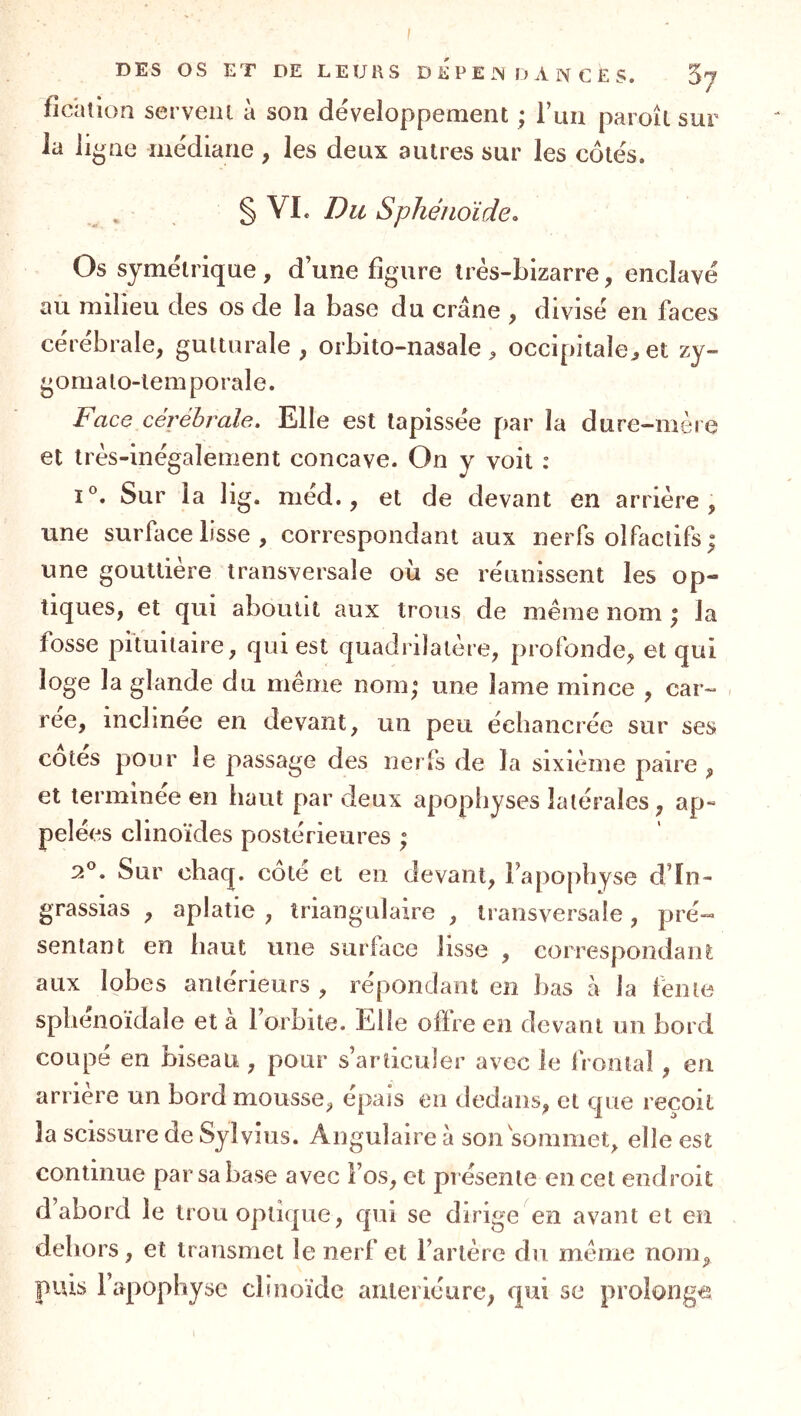 DES OS ET DE LEURS D K P E JN D A N C E S. 5j ficaiion servent à son développement ; Tun paroîl sur la ligne médiane , les deux autres sur les côtés. . . § VL Sphénoïde. Os symétrique , d’une figure très-bizarre, enclavé au milieu des os de la base du crâne , divisé en faces cérébrale, gutturale, orbito-nasale ^ occipitale^ et zy- gomalo-lemporale. Face cérébrale. Elle est tapissée par la dure-mère et très-inégalement concave. On y voit ; I®. Sur la lig. méd., et de devant en arrière, une surface lisse , correspondant aux nerfs olfactifs; une gouttière transversale oii se réunissent les op- tiques, et qui aboutit aux trous de même nom ; la fosse pituitaire, qui est quadrilatère, profonde, et qui loge la glande du même nom; une lame mince , car- rée, inclinée en devant, un peu échancrée sur ses cotes pour le passage des nerfs de la sixième paire , et terminée en haut par deux apophyses latérales, ap- pelées clinoïdes postérieures ; 2®. Sur chaq. cote et en devant, l’apophyse d’in- grassias , aplatie , triangulaire , transversale, pré- sentant en haut une surface lisse , correspondant aux lobes antérieurs , répondant en bas à la lente sphénoïdale et a 1 orbite. Elle ollre en devant un bord coupe en biseau , pour s’articuler avec le frontal, en arriéré un bord mousse, épais en dedans, et que reçoit la scissure de Sylvius. Angulaire à son sommet, elle est continue par sa base avec i’os, et présente en cet endroit d’abord le trou optique, qui se dirige en avant et en dehors, et transmet le nerf et l’artère du même nom, puis l’apophyse clinoïde aiUeiiéure, qui se prolonge