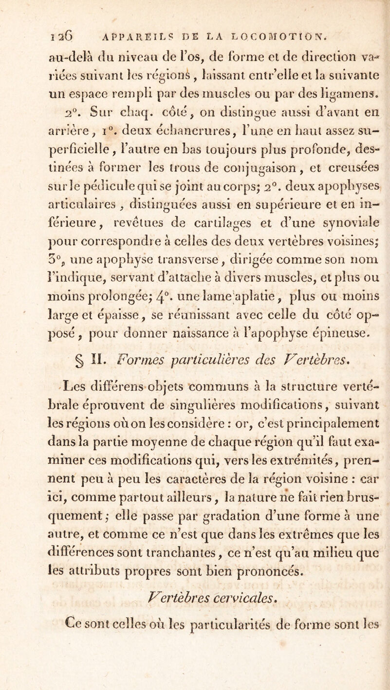 au-delà du niveau de Fos, de forme et de direclion va-^ l iées suivant les i égionà , laissant entr’elle et la suivante un espace rempli par des muscles ou par des ligamens. Sur chaq. côté, on distingue aussi d’avant en arrière, i°. deux échancrures, l’une en haut assez su- perficielle , l’autre en bas toujours plus profonde, des- tinées à former les trous de conjugaison, et creusées sur le pédicule qui se joint au corps; 2°. deux apophyses articulaires , distinguées aussi en supérieure et en in- férieure, revêtues de cartilages et d’une synoviale pour correspondre à celles des deux vertèbres voisines; 5®^ une apophyse transverse, dirigée comme son nom l’indique, servant d’attache à divers muscles, et plus ou moins prolongée; 4^. une iarne'aplatie, plus ou moins large et épaisse, se réunissant avec celle du côté op- posé , pour donner naissance à l’apophyse épineuse. § li. Formes particulières des Vertèbres, -Les différens objets communs à la structure verté- brale éprouvent de singulières modifications, suivant les régions où on les considère : or, c’est principalement dans la partie moyenne de chaque région qu’il faut exa- miner ces modifications qui, vers les extrémités, pren- nent peu à peu les caractères de la région voisine : car ici, comme partout ailleurs, la nature ne fait rien brus- quement ; elle passe par gradation d’une forme à une autre, et comme ce n’est que dans les extrêmes que les différences sont tranchantes, ce n’est qu’au milieu que les attributs propres sont bien prononcés. Vertèbres cers’icales. Ce sont celles où les particularités de forme sont les