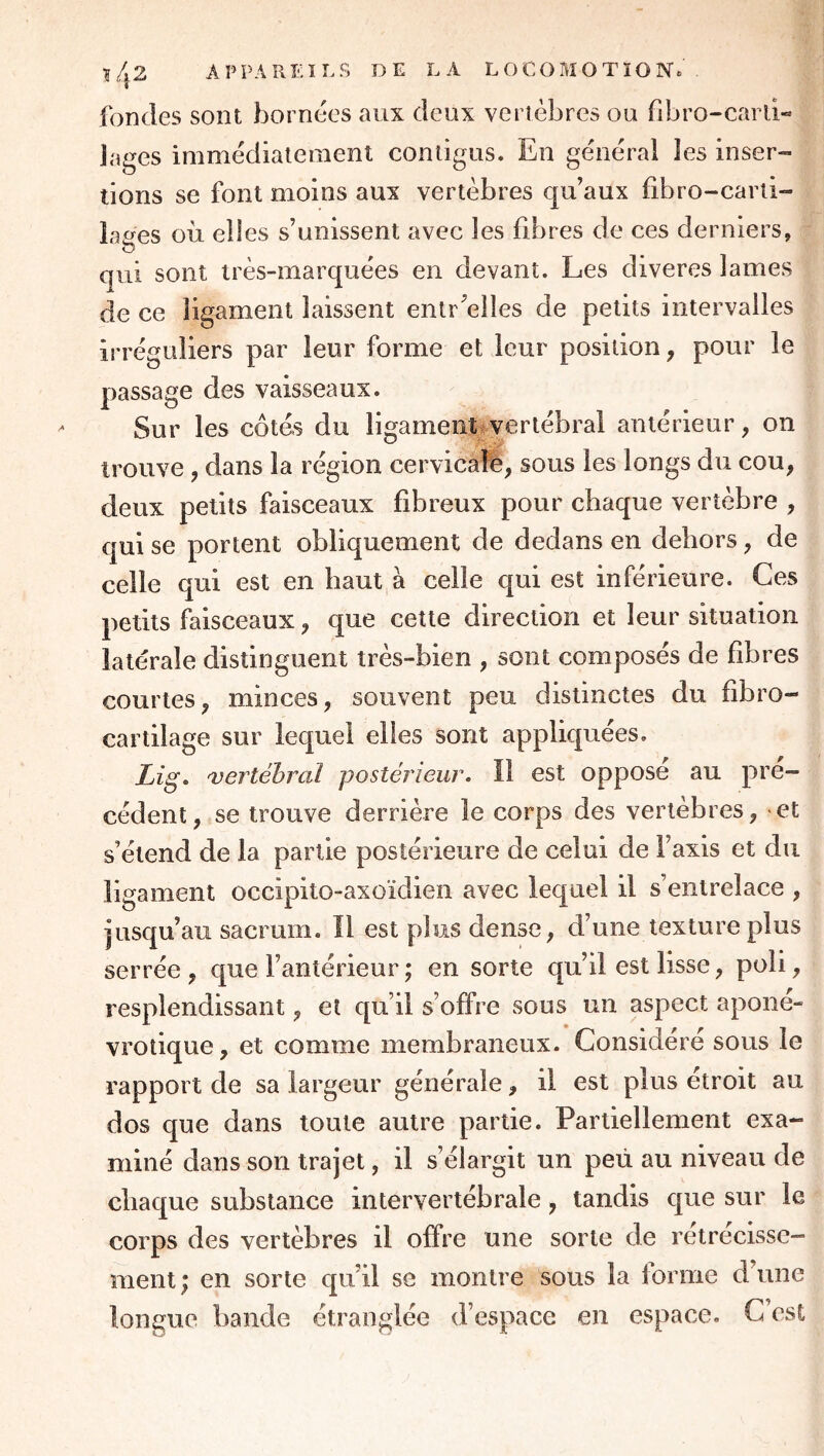 fondes sont bornées aux deux vertèbres ou fibro-caiTi- lages immédiatement contigus. En général les inser- tions se font moins aux vertèbres qu’aux fibro-carti- latres où elles s’unissent avec les fibres de ces derniers, O qui sont très-marquées en devant. Les diveres lames de ce ligament laissent enti’elles de petits intervalles irréguliers par leur forme et leur position, pour le passage des vaisseaux. Sur les côtés du ligament vertébral antérieur, on trouve, dans la région cervicafè, sous les longs du cou, deux petits faisceaux fibreux pour chaque vertèbre , qui se portent obliquement de dedans en dehors, de celle qui est en haut à celle qui est inférieure. Ces petits fiùsceaux, que cette direction et leur situation latérale distinguent très-bien , sont composés de fibres courtes, minces, souvent peu distinctes du fibro- cartilage sur lequel elles sont appliquées. Lig, 'vertébral postérieur. Il est oppose au pre- cedent, se trouve derrière le corps des vertèbres, et s’étend de la partie postérieure de celui de l’axis et du ligament occipito-axoïdien avec lequel il s’entrelace , jusqu’au sacrum. Ï1 est plus dense, d’une texture plus serrée , que l’antérieur ; en sorte qu’il est lisse, poli, resplendissant, et qu’il s’offre sous un aspect aponé- vrotique, et comme membraneux. Considéré sous le rapport de sa largeur générale, il est plus étroit au dos que dans toute autre partie. Partiellement exa- miné dans son trajet, il s’élargit un peu au niveau de chaque substance intervertébrale, tandis que sur le corps des vertèbres il offre une sorte de rétrécisse- ment; en sorte qu’il se montre sous la forme d’une longue bande étranglée d’espace en espace. C est