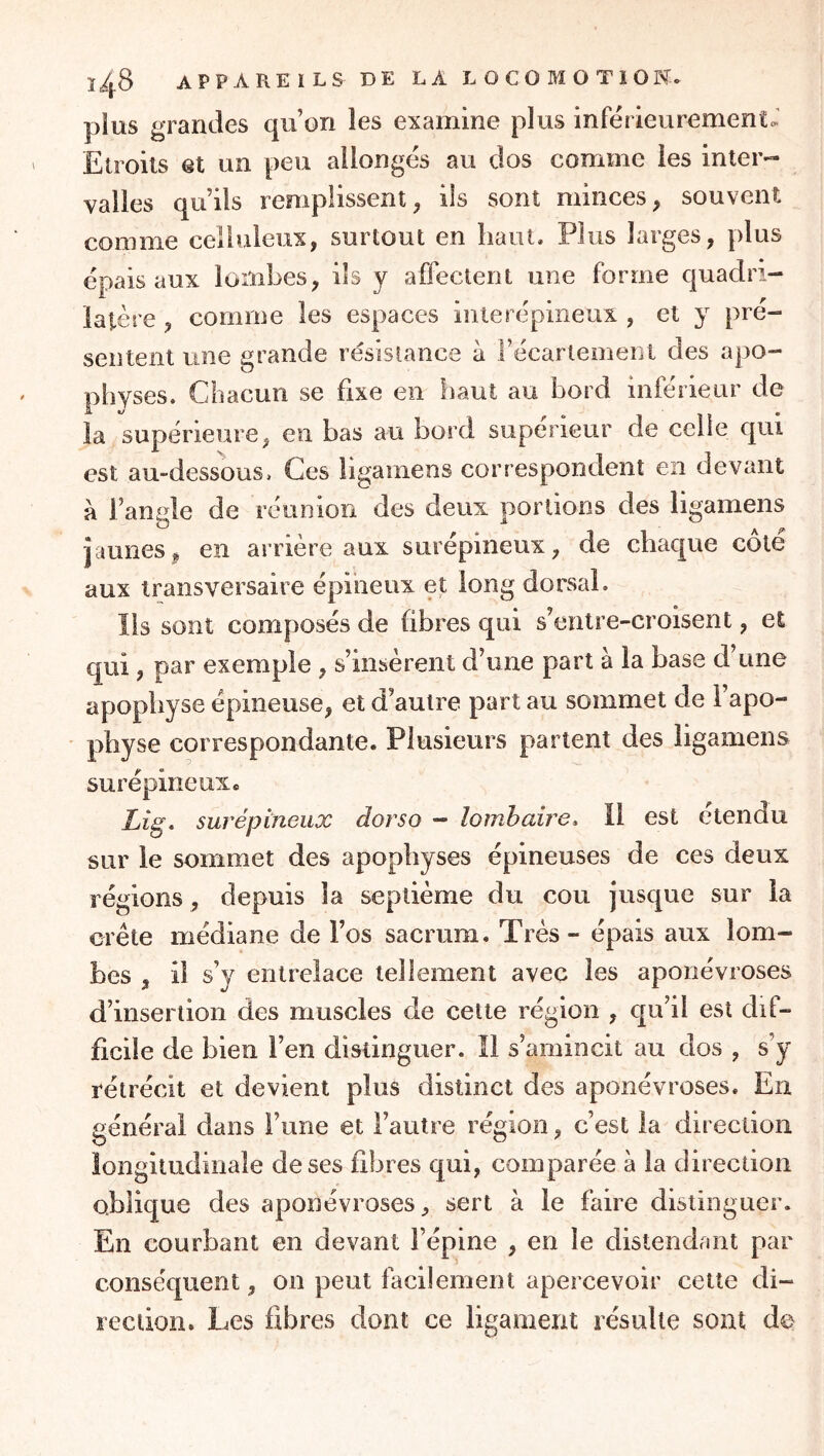 plus grandes qu’on les examine plus inférieurement^.’ Etroits et un peu allongés au dos comme les inler-- valles qu’ils remplissent^ ils sont minces, souvent comme celluleux, surtout en haut. Plus larges, plus épais aux lombes, ils y affectent une forme quadri- latère , comme les espaces inlerépineux , et y pré- sentent une grande résistance à l’écartement des apo- pliyses. Chacun se fixe en haut au bord inférieur de la supérieure, en bas au bord supérieur de celle qui est au-dessous. Ces bgamens correspondent en devant a l’angle de réunion des deux portions des ligamens jaunes J, en arrière aux surépineux, de chaque côté aux transversaire épineux et long dorsal. Ils sont composés de fibres qui s’entre-croisent, et qui, par exemple , s’insèrent d’une part à la base d’une apophyse épineuse, et d’autre part au sommet de l’apo- physe correspondante. Plusieurs partent des ligamens surépineuxc Lig, surépineux dorso - lombaire, il est étendu sur le sommet des apophyses épineuses de ces deux régions, depuis la septième du cou jusque sur la crête médiane de l’os sacrum. Très - épais aux lom- bes , il s’y entrelace tellement avec les aponévroses d’insertion des muscles de cette région , qu’il est dif- ficile de bien l’en distinguer. Il s’amincit au dos , s’y rétrécit et devient plus distinct des aponévroses. En général dans l’une et l’autre région, c’est la direction longitudinale de ses fibres qui, comparée à la direction oblique des aponévroses, sert à le faire distinguer. En courbant en devant l’épine , en le distendant par conséquent, on peut facilement apercevoir cette di- rection, Les fibres dont ce ligament résulte sont de