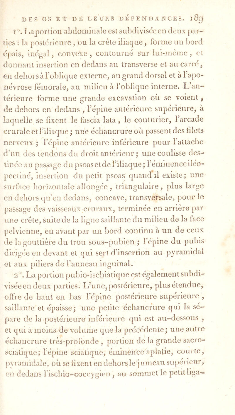 î '’. LapoiTloii abdominale est subdivisée en deux par- ties : la postérieure^ ou la crête iliaque, forme un bord épais, inégal, convexe , contourné sur lui-méme , et donnant insertion en dedans au traiisverse et au carrée en dehors à l’oblique externe, au grand dorsal et à l’apo- névrose fémorale, au milieu à l’oblique interne. L’an- térieure forme une grande excavation où se voient ^ de dehors en dedans , l’épine antérieure supérieure, à laquelle se fixent le fascia lata, le couturier, l’arcade crurale et l’iliaque ; une échancrure où passent des filets nerveux ; l’épine antérieure inférieure pour l’attache d’un des tendons du droit antérieur ; une coulisse des- tinée au passage du psoasetdel’iliaque; Féminenceiléo» pectine, insertion du petit psoas quand il existe; une surface horizontale allongée, triangulaire, plus large en dehors qn’en dedans, concave, transversale, pour le passage des vaisseaux cruraux, terminée en arrière par une crête, suite de la ligne saillante du milieu de la lace pelvienne, en avant par un bord continu à un de ceux de la gouttière du trou sous-pubien ; l’épine du pubis dirigée en devant et qui sert d’insertion au pyramidal et aux piliers de l’anneau inguinal. 2^» La portion pubio»ischiatique est également subdi- viséeendeux parties. L’une, postérieure, plus étendue, offre de haut en bas l’épine postérieure supérieure , saillante et épaisse; une petite échancrure qui la sé- paré de la postérieure inférieure qui est au-dessous , et qui a moins de volume que la précédente; une autre échancrure très-profonde , portion de la grande sacro- sciatique; l’épine sciatique, éminence aplatie, courte, pyidoiidale, où se fixent en dehors le jumeau supérieur, en dedans Fischio-coccygien, au sommet le petit liga-®