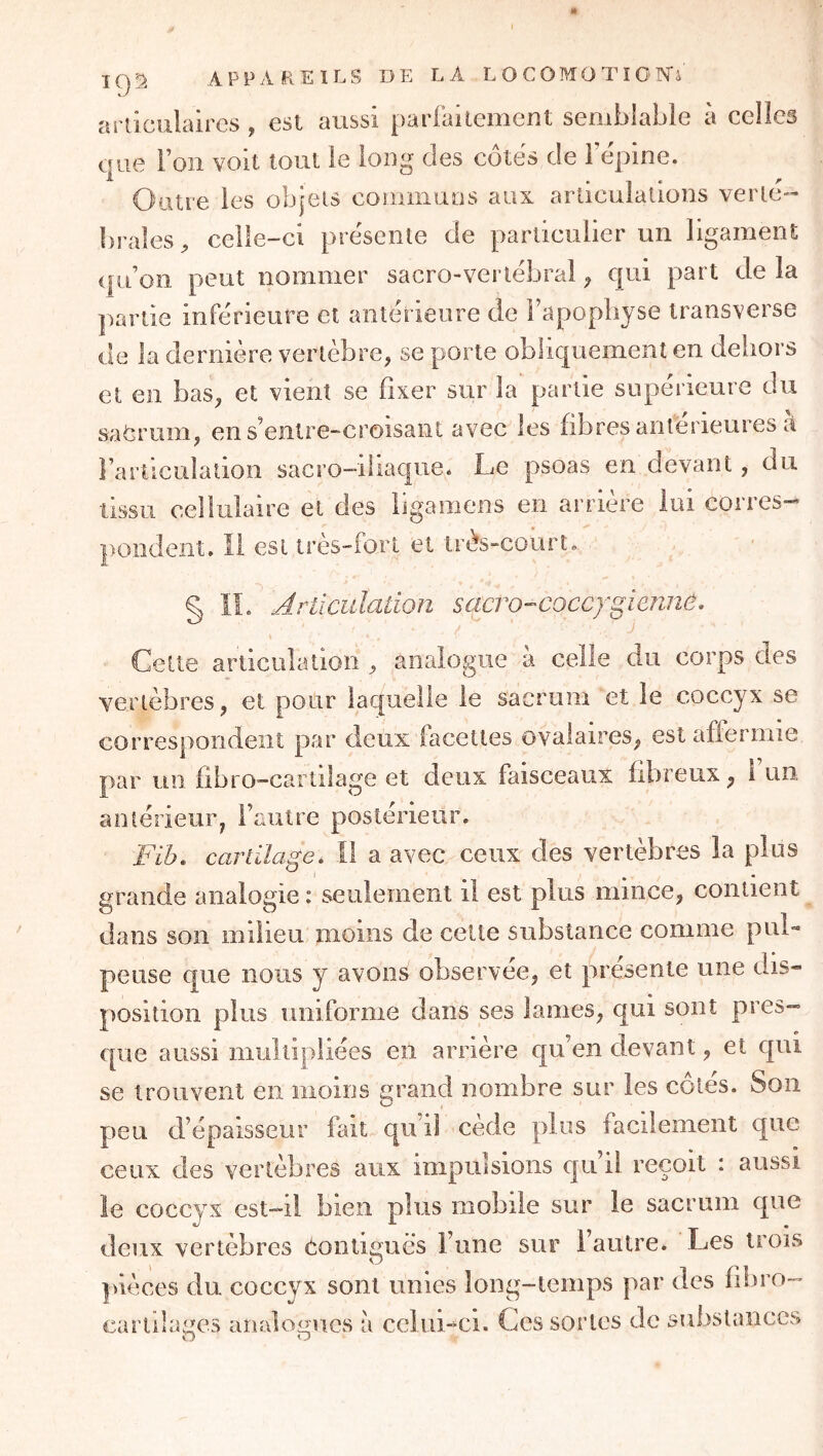 articulaires , est aussi pariailement semblable à celles que l’on voit tout le long des côtes de Fepine. Outre les objets commuos aux articulations verte-- braies^ celle-ci pre'sente de particulier un ligament (|u on peut nommer sacro-vertëbral ^ qui part de la ]MuTie inferieure et anterieure de Fapopbyse transverse de la dernière vertèbre, se porte obliquement en dehors et en bas, et vient se fixer sur la partie supérieure du safcrum, en s’entre-croisaiit avec les fibres antérieures à Farllculation sacro-iliaque. Le psoas en devant, du tissu cellulaire et des ligamens en arrière lui corres- pondent, Il est très-foiT et irès-court, § II. Articulation sacro-coccygienné. Cette articulation , analogue à celle du corps des vertèbres, et pour laquelle le sacrum et le coccyx se correspondent par deux facettes ovalaires, est affermie par un fibro-cartilage et deux faisceaux fibreux, i un aniérieur, Fautre postérieur. Fih, cartilage é II a avec ceux des vertèbres la plus grande analogie : seulement il est plus mince, contient dans son milieu moins de celte substance comme pul- peuse que nous y avons observée, et présente une dis- position plus uniforme dans ses lames, qui sont pres- que aussi multipliées en arrière qu’en devant, et qui se trouvent en moins grand nombre sur les côtés. Son peu d’épaisseur fait qu’il cède plus facilement que ceux des vertèbres aux impulsions qu’il reçoit : aussi le coccyx est-il bien plus mobile sur le sacrum que deux vertèbres eontiguès l’une sur 1 autre. Les trois pièces du coccyx sont unies long-temps par des fibro- carülaLULS analogues à ccliiLci. Ces sortes de suiislanccs O O